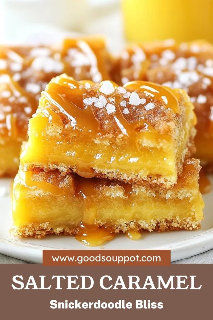 Indulge in the deliciousness of Salted Caramel Snickerdoodle Bars with this easy snickerdoodle recipe! These best caramel dessert bars combine soft, cinnamon caramel cookie bars layers with a rich salted caramel sauce, making them the ultimate homemade snickerdoodle bars. Perfect for gatherings or a sweet treat at home. Click to save this delightful recipe and whip up your own batch today! #SaltedCaramel #Snickerdoodle #DessertBars #BakingRecipes