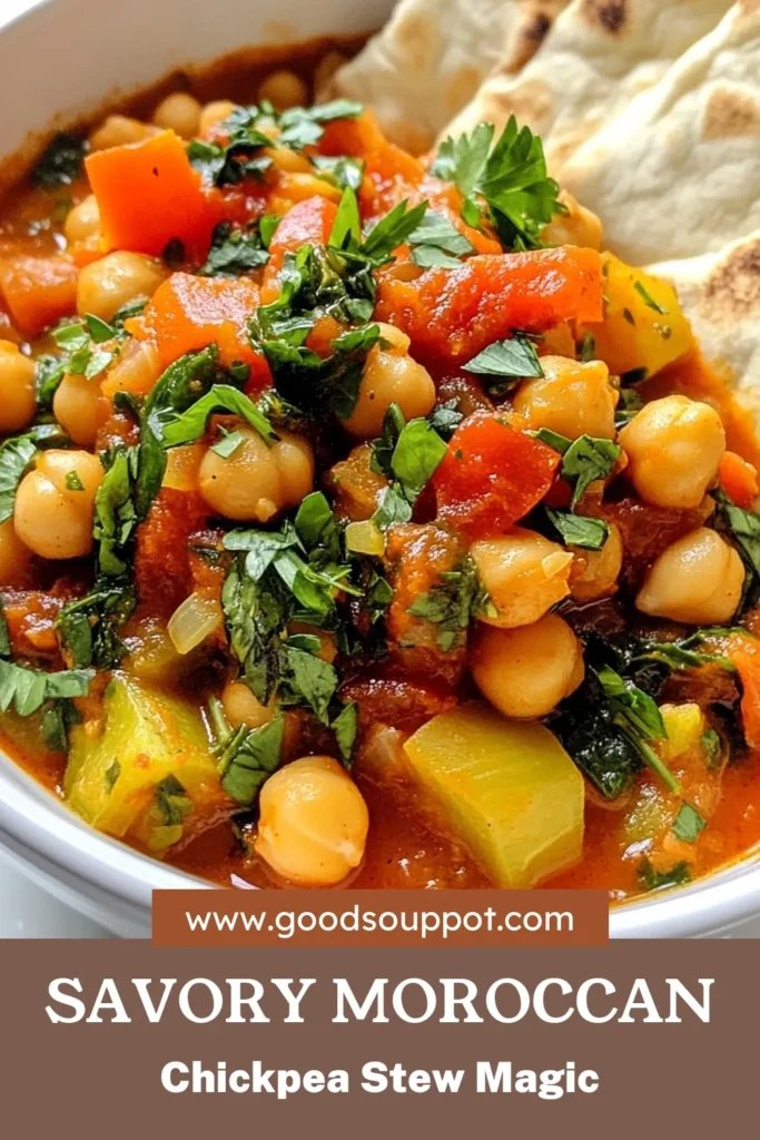 Discover the delicious Moroccan chickpea stew recipe that's perfect for a cozy meal! This vegan stew with spices is not only healthy but also easy to make and loaded with flavor. Enjoy this simple Moroccan recipe featuring nutritious ingredients like chickpeas, vibrant veggies, and aromatic spices. It’s a satisfying plant-based Moroccan dish your whole family will love. Save this healthy chickpea stew idea and try it today! #MoroccanChickpeaStew #VeganStew #HealthyRecipes #PlantBasedCooking