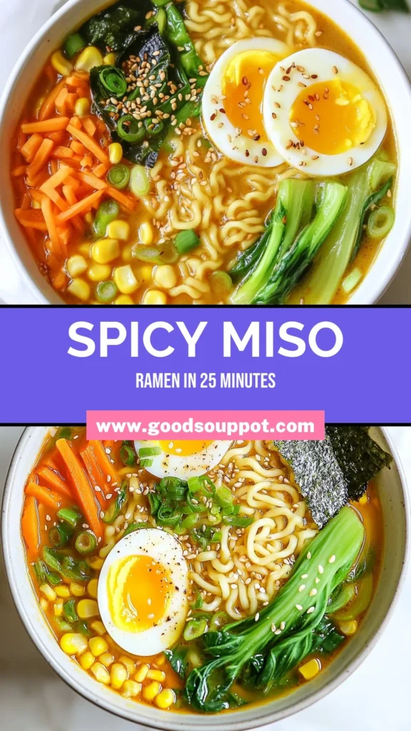 Indulge in this delicious spicy miso ramen recipe that combines the rich flavors of homemade ramen broth with soft boiled eggs ramen. Creating a bowl of easy vegetarian ramen has never been easier, thanks to these chili miso noodles! Perfect for a cozy night in, this dish will warm you up and satisfy your cravings. Try it today and elevate your ramen game! Save this recipe for later! #SpicyMisoRamen #RamenRecipe #VegetarianRamen #HomemadeRamen