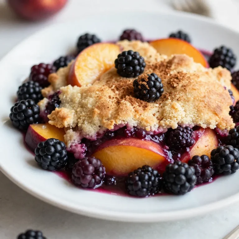 - 2 cups fresh blackberries - 2 cups peaches, sliced - 1 cup granulated sugar (divided) - 1 tablespoon lemon juice - 1 teaspoon vanilla extract - 1 teaspoon ground cinnamon - 1 cup all-purpose flour - 1 cup milk - 1 teaspoon baking powder - 1/2 teaspoon salt - 1/2 cup unsalted butter, melted - 1 tablespoon cornstarch (optional) To create a tasty blackberry peach cobbler, you need fresh fruit and simple pantry items. The star ingredients are blackberries and peaches. I use two cups of each. This mix gives the cobbler sweet and tart notes. You can use fresh peaches for the best taste, but feel free to mix in your favorite fruits. In the pantry, we need sugar to sweeten the fruit. I suggest using one cup, split into two parts. One half goes into the fruit, and the other half mixes with the batter. Lemon juice adds brightness to the fruit. Vanilla enhances the flavor, while cinnamon gives depth. For the batter, you will need flour, milk, baking powder, and salt. These create a light, fluffy base. Melted butter adds richness. If you want a thicker fruit filling, use cornstarch. It helps hold the juices in check. These ingredients come together for a warm, comforting dessert. Enjoy the process as you gather these items. They are simple to find and easy to use. {{ingredient_image_1}} - Preheat oven to 350°F (175°C) - Butter a 9x13 inch baking dish Start by turning on your oven. Set it to 350°F (175°C). While it heats up, grab your baking dish. Use about one tablespoon of butter to coat the bottom and sides. This will help the cobbler not stick. - Combine blackberries, peaches, sugar, lemon juice, vanilla, and cinnamon - Optional: Add cornstarch for thickening Next, wash your blackberries and slice your peaches. Put them in a bowl. Add 1/2 cup of sugar, one tablespoon of lemon juice, one teaspoon of vanilla, and one teaspoon of cinnamon. Stir this mix gently. If you like your filling thick, add one tablespoon of cornstarch. This helps the fruit stay together. Let it sit for a bit to soak up the flavors. - Mix dry and wet ingredients - Pour batter into prepared baking dish In another bowl, mix together one cup of flour, the other 1/2 cup of sugar, one teaspoon of baking powder, and 1/2 teaspoon of salt. Stir these dry ingredients well. Then, pour in one cup of milk and 1/2 cup of melted butter. Mix until just combined. It’s okay if you see some lumps. This keeps the batter fluffy. Pour this batter into your buttered baking dish. Make sure to spread it evenly. Do not stir it with the fruit filling. - Spoon fruit mixture over batter - Bake for 35-45 minutes Now, gently spoon the fruit mixture over the batter. Spread it out nicely, but do not mix it in. This way, the fruit sits on top during baking. Place the dish in the oven and bake for 35 to 45 minutes. It’s done when the top is golden brown and the fruit bubbles. Insert a toothpick into the batter; it should come out clean. When it’s ready, let the cobbler cool for about 10 to 15 minutes. This will help it set before you serve. - Serve warm with a scoop of vanilla ice cream. - For a fancy touch, sprinkle a pinch of cinnamon around the plate. - Check the cobbler after 35 minutes. It should be golden brown and bubbly. - Let the cobbler rest for 10-15 minutes before serving. This helps the filling set. - Do not over-mix the batter. This can make the cobbler tough. - Make sure your oven is at 350°F (175°C). Too hot or too cool can ruin the cobbler. Pro Tips Use Fresh Fruit: Always opt for fresh blackberries and peaches for the best flavor and texture. Canned or frozen fruit can alter the consistency of the filling. Let It Cool: Allow the cobbler to cool for 10-15 minutes before serving. This helps the filling set and makes it easier to serve without falling apart. Experiment with Spices: Don't hesitate to add other spices like nutmeg or cardamom for a unique flavor twist. A pinch can elevate the cobbler to new heights. Make It Ahead: This cobbler can be made a day in advance. Just reheat it in the oven before serving for a warm, delicious dessert. {{image_2}} You can switch up the fruits in your cobbler. Try using different berries like raspberries or blueberries. They add a fun twist and different flavors. You can also use other stone fruits. Cherries or apricots work great, too. Each fruit brings its own taste, so feel free to mix and match! If you want a healthier cobbler, consider using whole wheat flour. It adds more fiber and nutrients. You can also reduce the sugar. Try using natural sweeteners like honey or maple syrup. These options keep your dessert tasty while being a bit better for you. For those with gluten issues, there are gluten-free options. Use almond flour or a gluten-free blend. These work well to maintain texture. If you need a dairy-free version, substitute milk with almond or oat milk. These swaps make the cobbler fit for many diets and keep it delicious. To keep your blackberry peach cobbler fresh, let it cool first. Then, cover it tightly with plastic wrap or aluminum foil. Store it in the fridge for up to three days. If you want to keep it longer, consider freezing it. When it’s time to enjoy leftovers, you can reheat the cobbler in the oven. Preheat your oven to 350°F (175°C). Place the cobbler in an oven-safe dish. Heat for about 15-20 minutes until warm. This method helps keep the crust crisp. You can also use a microwave. Heat a slice for about 30-45 seconds. However, this may make the crust softer. To freeze your blackberry peach cobbler, let it cool completely. Wrap it tightly in plastic wrap and foil. This will prevent freezer burn. You can freeze it for up to three months. When ready to eat, thaw it in the fridge overnight. Then, reheat it in the oven as mentioned above. Enjoy the taste as if it were fresh! Yes, you can use frozen fruits. Frozen blackberries and peaches work well in this recipe. They save time and are often just as tasty as fresh ones. When using frozen fruit, thaw them first and drain excess liquid. This helps keep the cobbler from becoming too watery. Check the cobbler at 35 minutes. Look for a golden-brown top. The fruit should be bubbling around the edges. Insert a toothpick into the batter; if it comes out clean, it’s ready. If not, bake for a few more minutes. Yes, you can prepare the batter a few hours ahead. Store it in the fridge until you are ready to bake. Just remember to stir it gently before pouring it into the baking dish. This keeps the batter fresh and fluffy. This recipe blends fresh blackberries and peaches with simple ingredients. We covered step-by-step instructions to bake a delicious cobbler. Remember to let it cool before serving for the best flavor. Explore variations for different fruits and dietary needs. Store leftovers properly for later enjoyment. With these tips, you can create a tasty dessert that impresses. Enjoy the process and share your cobbler with family and friends!