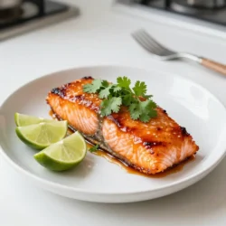 For this tasty dish, you need the following main ingredients: - 4 salmon fillets (about 6 oz each) - 1/4 cup honey - 2 tablespoons sriracha sauce - 2 tablespoons soy sauce - 1 tablespoon minced garlic - 1 tablespoon grated fresh ginger - 2 tablespoons olive oil - Salt and pepper to taste These ingredients create a flavorful glaze that makes the salmon shine. The honey adds sweetness, while the sriracha brings heat. The soy sauce gives it a savory touch, and garlic with ginger adds punch. When choosing salmon, look for bright, shiny skin. The flesh should be firm and moist. Fresh salmon has a mild scent, not a strong fishy smell. If possible, buy wild-caught salmon. It often tastes better and is healthier. Check the color; vibrant pink or orange means high quality. If it has dark spots or dull skin, choose a different piece. Garnishes can elevate your dish. Consider using: - Fresh cilantro, for a pop of color - Lime wedges, for a zesty kick Serve the salmon with steamed rice or a fresh salad. This adds balance to the meal. You can also pair the dish with a cool yogurt sauce to tame the heat from the sriracha. It gives a nice contrast and makes each bite exciting. {{ingredient_image_1}} To make the marinade, start by gathering your ingredients. In a bowl, mix together: - 1/4 cup honey - 2 tablespoons sriracha sauce - 2 tablespoons soy sauce - 1 tablespoon minced garlic - 1 tablespoon grated fresh ginger Whisk these items well until you see a smooth glaze. This mix gives the salmon a sweet and spicy flavor. Now, take your salmon fillets. Place them in a shallow dish. Season the salmon with salt and pepper. Pour half of the glaze over the fish. Make sure each piece gets a good coat. Cover the dish and let it chill in the fridge for 30 minutes. This time helps the flavors sink in deep. While the salmon marinates, preheat your oven to 400°F (200°C). Line a baking sheet with parchment paper for easy cleanup. After marinating, take the salmon out of the fridge. Place the fillets skin side down on the baking sheet. Drizzle 2 tablespoons of olive oil over them. Bake the salmon for 12-15 minutes. You'll know it's done when it flakes easily with a fork. In the last 2 minutes, brush the reserved glaze on top of the salmon. This step adds an extra burst of flavor. Once baked, let the salmon rest for a few minutes. When serving, garnish with fresh cilantro and lime wedges for a zesty touch. Enjoy the meal! To get the right glaze for your salmon, mix honey and sriracha well. The honey gives sweetness, while sriracha adds spice. If the glaze is too thick, add a splash of water. If it's too thin, cook it briefly on the stove. This helps it thicken nicely. A good glaze should coat the salmon without running off. You can easily swap out some ingredients in this recipe. If you don’t have sriracha, try a different hot sauce. For honey, maple syrup works just as well for a different flavor. You can also use coconut aminos instead of soy sauce if you want a soy-free option. Fresh garlic and ginger add the best taste, but you can use powdered versions in a pinch. Serve your Sriracha honey glazed salmon warm for the best taste. After baking, let the salmon rest for a few minutes. This helps keep it juicy. To present it nicely, place the salmon on a plate and drizzle extra glaze on top. Add fresh cilantro for color and lime wedges for a zesty touch. This makes your dish look and taste great! Pro Tips Choose Fresh Salmon: Always opt for the freshest salmon available for the best flavor and texture. Look for bright, vibrant color and a clean smell. Adjust Spice Level: If you prefer a milder glaze, reduce the amount of sriracha or add a bit more honey to balance the heat. Use a Meat Thermometer: To ensure perfect doneness, use a meat thermometer. Salmon is ideally cooked to an internal temperature of 145°F (63°C). Experiment with Marinade Time: For a more intense flavor, consider marinating the salmon for longer than 30 minutes, but be cautious not to over-marinate as the acidity can change the texture. {{image_2}} You can switch up the glaze for new tastes. Try using maple syrup instead of honey. It gives a sweet, rich flavor. You can also use chili paste instead of sriracha for a different spice level. If you want a tangy twist, add some lime juice to the glaze. This adds brightness and freshness. You have two great options for cooking this salmon. Baking is easy and keeps the fish moist. Just follow the instructions and your salmon will be perfect. Grilling adds a nice smoky flavor. If you grill, be careful. The glaze can burn easily. Cook it over medium heat and watch it closely. Pair the salmon with fun sides. Rice or quinoa works well. They soak up the glaze nicely. Steamed veggies add color and nutrition. You can also serve it with a cool salad. For sauces, try a yogurt sauce for creaminess. A squeeze of lime on top brightens every bite. Enjoy mixing and matching to find your favorite combo! After you enjoy your Sriracha honey glazed salmon, save any leftovers. Let the salmon cool to room temperature first. Then, place it in an airtight container. This helps keep the salmon fresh and tasty. Store it in the fridge for up to three days. Make sure to keep it away from strong-smelling foods. This keeps the flavor intact. When it's time to eat your leftovers, reheat them carefully. The best way is in the oven. Preheat your oven to 350°F (175°C). Place the salmon on a baking sheet. Cover it with foil to keep it moist. Heat for about 10 to 15 minutes. You can also use a microwave. Use a microwave-safe dish and cover it loosely. Heat for 30 seconds at a time until warm. If you want to save salmon for later, freezing is a good option. Wrap each salmon fillet tightly in plastic wrap. Then, place the wrapped fillets in a freezer bag. Squeeze out as much air as you can to avoid freezer burn. You can freeze the salmon for up to three months. When you’re ready to use it, thaw it in the fridge overnight. This keeps the salmon delicious and safe to eat. You should marinate the salmon for about 30 minutes. This allows the flavors to soak in. If you have more time, an hour is even better. Just keep it in the fridge while it marinates. Yes, you can use other fish like trout or tilapia. These fish work well with the glaze. Each fish has its unique flavor, but the sauce fits nicely. Just watch the cooking time, as it may change. Some great sides include rice, steamed veggies, or a fresh salad. You can also serve it with quinoa or roasted potatoes. These sides balance the sweet and spicy salmon. They make your meal more complete and tasty. Yes, it has some heat from the sriracha. However, the honey tones it down. If you like less spice, you can use less sriracha. This lets you enjoy the flavor without too much heat. The salmon is done when it flakes easily with a fork. You can also check its color. It should turn from bright pink to a light orange. Cooking it for 12-15 minutes at 400°F usually does the trick. This article covers Sriracha honey glazed salmon in detail. We explored key ingredients, marinating tips, and baking methods. I shared ways to perfect the glaze and presented various serving options. You also learned about storage tips and alternatives for flavors. Enjoy experimenting with this dish. It’s easy to make, tastes great, and is sure to impress anyone. Now, gather your ingredients and start cooking!