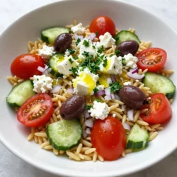 - 1 cup orzo pasta - 1/2 cup cherry tomatoes, halved - 1/2 cup cucumber, diced - 1/4 cup red onion, finely chopped - 1/4 cup Kalamata olives, pitted and halved - 1/2 cup feta cheese, crumbled - 1/4 cup fresh parsley, chopped - 1/4 cup olive oil - 2 tablespoons lemon juice - 1 teaspoon dried oregano - Salt and pepper to taste When making Mediterranean Orzo Salad, you want fresh and vibrant ingredients. Start with orzo pasta. This little pasta cooks up to a soft, chewy texture. It serves as a great base for the salad. Next, you need fresh vegetables. Cherry tomatoes add sweetness. Cucumbers bring a nice crunch. Red onions add a sharp bite. Kalamata olives add a wonderful briny flavor. They’re essential for that Mediterranean touch. Feta cheese gives the salad creaminess and tang. It blends perfectly with the other flavors. Fresh parsley adds color and freshness. It also brightens the overall taste of the dish. For the dressing, you need olive oil and lemon juice. Olive oil adds richness, while lemon juice provides brightness. Dried oregano brings an earthy aroma. Don’t forget salt and pepper to enhance all those flavors. Together, these ingredients create a salad that is colorful, tasty, and full of life. {{ingredient_image_1}} First, fill a large pot with water and add salt. Bring the water to a rapid boil. Add 1 cup of orzo pasta to the boiling water. Cook it for about 8 to 10 minutes. Stir the pasta occasionally to keep it from sticking. When the orzo is tender, drain it in a colander. Rinse the pasta under cold water to stop the cooking process. This helps keep the orzo firm and fresh. Grab a large mixing bowl. Add the cooled orzo pasta to the bowl. Then, mix in 1/2 cup of halved cherry tomatoes, 1/2 cup of diced cucumber, 1/4 cup of finely chopped red onion, and 1/4 cup of halved Kalamata olives. These fresh veggies add color and crunch. In a separate small bowl, whisk together 1/4 cup of olive oil, 2 tablespoons of lemon juice, 1 teaspoon of dried oregano, and some salt and pepper. This creates a bright dressing that brings everything together. Now, pour the dressing over the orzo and vegetable mixture. Toss everything gently to coat the ingredients well. Next, add 1/2 cup of crumbled feta cheese and 1/4 cup of chopped parsley. Give the salad one final gentle toss. This will mix in the creamy feta and fresh parsley. Taste the salad and adjust the seasoning if needed. You might want to add a bit more salt, pepper, or lemon juice. Let the salad sit for at least 15 minutes at room temperature. This allows the flavors to meld beautifully before serving. To cook orzo pasta, use a large pot with boiling salted water. The ideal cooking time is about 8-10 minutes. Check the package for specific times. Once the orzo is tender, drain it in a colander. Rinse the pasta under cold water. This stops the cooking process and cools it down. To boost flavor, try adding fresh herbs like basil or mint. You can also sprinkle in some crushed red pepper for heat. When mixing ingredients, add the dressing right before serving. This keeps the salad fresh and crisp. Toss gently to avoid breaking the feta cheese. Serve the salad in a large, shallow bowl for a beautiful display. Garnish with extra feta cheese and a sprinkle of fresh parsley. Drizzle a little olive oil on top for shine. Arrange the tomatoes and cucumbers in a colorful pattern. This highlights freshness and makes your dish more inviting. Pro Tips Cook Orzo Al Dente: To achieve the perfect texture, cook the orzo just until al dente, as it will continue to absorb moisture from the dressing while sitting. Customize with Vegetables: Feel free to add other vegetables such as bell peppers or artichokes for added flavor and nutrition. This salad is versatile! Use Fresh Herbs: Fresh herbs like basil or dill can elevate the salad’s flavor profile. Experiment with your favorite herbs for a personal touch. Chill Before Serving: For the best taste, refrigerate the salad for at least 30 minutes before serving. This allows the flavors to meld beautifully. {{image_2}} You can make this Mediterranean Orzo Salad even more fun by swapping some ingredients. - Adding different vegetables: Try bell peppers, artichokes, or even roasted zucchini. Each adds its own flavor and texture. - Using different cheese options: If feta isn’t your favorite, use goat cheese or mozzarella. Both melt into the salad beautifully. Some people have special diets. This salad can fit those needs too. - Gluten-free options: Replace orzo with quinoa or rice. Both keep the salad light and tasty. - Vegan alternatives: You can skip the cheese or use a vegan feta. Just as delicious and still creamy! You can change this salad with the seasons. Fresh flavors make it exciting year-round. - Summer additions with fresh produce: In summer, add fresh peaches or corn. They bring sweetness and crunch. - Winter tweaks for heartier flavors: In winter, toss in roasted root veggies or chickpeas. They add warmth and filling goodness. To store leftovers, place the salad in an airtight container. This helps keep it fresh. You can store it in the fridge for up to three days. After that, the flavors may fade, and the veggies might get soggy. I do not recommend freezing orzo salad. Freezing can change the texture of the pasta and veggies. However, if you must freeze it, use a freezer-safe container. Make sure to remove as much air as possible. To retain flavor, try to eat it within a month. Thaw it in the fridge overnight before serving. Yes, you can make this salad ahead of time. I often prepare it a few hours in advance. This allows the flavors to blend well. Just keep it in the fridge until you are ready to serve. If you don’t have orzo, you can use other small pasta shapes. Options like couscous or quinoa work well, too. These choices give a different texture but keep the salad fresh and tasty. This salad lasts about 3 to 5 days in the fridge. Keep it in an airtight container to maintain freshness. If you notice any changes in smell or color, it's best to toss it. Absolutely! Adding protein boosts the meal's nutrition. You can mix in grilled chicken, shrimp, or chickpeas. Each option adds great flavor and makes the salad more filling. The Mediterranean Orzo Salad is fresh and easy to make. You learned about the key ingredients, from orzo pasta to vibrant veggies, feta cheese, and olives. The step-by-step guide helped you cook orzo perfectly and combine it with flavorful dressing. With tips on swaps, storage, and serving, you can customize the salad to fit your needs. This dish is a great way to enjoy seasonal produce and share a healthy meal. Dive into your kitchen and create a delightful orzo salad that everyone will love!