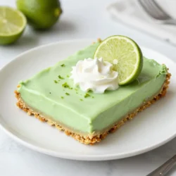 To make your Key Lime Pie Bars, gather these simple ingredients: - 1 ½ cups graham cracker crumbs - ½ cup unsalted butter, melted - ⅓ cup granulated sugar - 2 large eggs - 1 can (14 oz) sweetened condensed milk - ½ cup fresh key lime juice (about 6-8 key limes) - Zest of 2 key limes - 1 teaspoon vanilla extract - Whipped cream, for serving (optional) - Lime slices, for garnish Each ingredient plays a key role. The graham cracker crumbs form a sweet and crispy crust, while the melted butter helps bind it. The sugar adds sweetness, and eggs give the bars a nice texture. Sweetened condensed milk provides creaminess, and key lime juice brings that zesty flavor. The lime zest enhances the taste, and vanilla adds depth. Want to switch things up? Here are some fun options: - Coconut: Add shredded coconut to the crust for a tropical twist. - Berry Topping: Top the bars with fresh berries for a fruity contrast. - Dairy-Free Milk: Use a dairy-free condensed milk for a vegan option. - Other Citrus: Try lemon or orange juice for a different flavor profile. These alternatives let you customize your bars based on your mood or dietary needs. Enjoy exploring these variations! {{ingredient_image_1}} First, preheat your oven to 350°F (175°C). This heat is key for baking. Next, grab an 8x8-inch baking pan. Line it with parchment paper. Leave some paper hanging over the edges. This helps you lift the bars out later. Now, let’s make the crust. In a medium bowl, mix 1 ½ cups of graham cracker crumbs, ½ cup of melted unsalted butter, and ⅓ cup of granulated sugar. Stir well until it’s all combined. Press this mixture firmly into the bottom of your pan. Aim for a nice, even layer. Bake this crust for 8 to 10 minutes until it turns golden brown. Once it’s done, take it out and let it cool for a bit. For the filling, find a separate mixing bowl. Whisk together 2 large eggs, 14 ounces of sweetened condensed milk, and ½ cup of fresh key lime juice. Add the zest from 2 key limes and 1 teaspoon of vanilla extract. Mix until everything is smooth and well blended. Now, pour this filling over your cooled crust. Use a spatula to spread it evenly. Make sure you cover the crust well. Time to bake! Place the pan in the oven and bake for an additional 15 to 20 minutes. You want the filling to set. It should jiggle a little in the center. When it’s ready, take it out of the oven. Let the bars cool down to room temperature. After that, chill them in the fridge for at least 2 hours, or even overnight if you can wait. Once they are set and chilled, use the parchment paper to lift the bars out of the pan. Cut them into squares or rectangles. To make a sturdy graham cracker crust, use fresh crumbs. Crush them finely. Mix the crumbs with melted butter and sugar. This blend binds the crust well. Press the mixture firmly into the baking pan. Make sure to press it evenly across the bottom. This helps the crust hold its shape when baked. For the perfect filling texture, blend all filling ingredients well. Use fresh key lime juice for the best flavor. The filling should be smooth and creamy. When you pour it over the crust, it should spread easily. The filling is ready when it sets but still has a slight jiggle in the center. This means it will firm up as it cools. For garnish and presentation, top each bar with whipped cream. A slice of lime adds a nice touch. You can serve these bars cold or at room temperature. They pair well with iced tea or soda. The bright flavors make them refreshing on a warm day. Consider serving them with a light dessert wine for a fun twist. Pro Tips Use Fresh Key Limes: For the best flavor, opt for fresh key limes instead of bottled juice. The zest and juice from fresh limes will elevate the taste of your pie bars. Chill Thoroughly: Allow the bars to cool to room temperature before refrigerating. Chilling them for at least 2 hours helps them set properly and enhances the flavors. Adjust Sweetness: If you prefer a less sweet dessert, reduce the amount of sweetened condensed milk slightly, or balance it with more lime juice for a tart kick. Serve with Toppings: Enhance the presentation and flavor by serving the bars with whipped cream and lime slices. This adds a delightful contrast to the zesty filling. {{image_2}} You can change the flavor of your Key Lime Pie Bars easily. Use other citrus juices like lemon or orange. They will add a fresh twist. You can also mix in some zest from other fruits. Try grapefruit for a unique flavor. Toppings can enhance the bars too. Add fresh berries or toasted coconut for extra fun. Whipped cream is a classic topping. You can also try crushed graham crackers on top. Making these bars gluten-free is simple. Use gluten-free graham cracker crumbs for the crust. To make them dairy-free, swap the sweetened condensed milk with coconut milk. For a lower-sugar option, use a sugar substitute in the filling. You can use stevia or monk fruit sweetener. These changes keep the taste great while meeting your dietary needs. Serving these bars in jars makes them fun and portable. Layer the crust and filling in small jars for cute treats. You can also serve them on a platter with lime slices. Garnish each piece with whipped cream and a sprinkle of lime zest. This adds color and flair to your dessert display. To keep your key lime pie bars fresh, store them in an airtight container. This helps prevent them from drying out. I like to use a glass container with a tight lid. These containers keep the bars moist and tasty. If you do not have a glass container, plastic containers work too. Just ensure they seal well. Always keep the bars in the refrigerator to maintain their flavor. You can freeze key lime pie bars for later use. First, cut the bars into squares. Wrap each piece tightly in plastic wrap. Then, place them in a freezer-safe bag or container. Make sure to squeeze out any air. This will help prevent freezer burn. To thaw, take the bars out and place them in the fridge overnight. This keeps their texture smooth and creamy. These bars last in the refrigerator for about one week. Look for signs of spoilage, like a change in color or smell. If they start to smell sour or look off, it is best to toss them. Always trust your senses! Enjoying these bars fresh will give you the best taste experience. Yes, you can use regular limes. Key limes have a unique flavor. They are smaller, sweeter, and more tart than regular limes. Regular limes have a bright flavor but are less sweet. Using them will change the taste of your bars but can still be delicious. I recommend chilling the bars for at least two hours. This time helps the filling set. It also allows the flavors to meld. For the best taste and texture, chill them overnight if you can. Absolutely! These bars are perfect for making in advance. You can prepare them a day or two before you plan to serve. Just store them in an airtight container in the fridge. This way, they stay fresh and ready to enjoy. You have learned how to make key lime pie bars, covering ingredients, preparation, baking, and more. With tips on perfecting your crust and variations for dietary needs, you can customize these treats. Remember to store them properly to enjoy later. Whether you choose to create a classic or a unique version, the results can satisfy any sweet tooth. I hope you feel confident to try making these delicious bars yourself. Enjoy every bite!