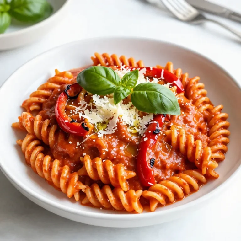 To make creamy roasted red pepper pasta, you will need: - 12 oz of pasta (fusilli or penne works well) - 2 large red bell peppers - 1 tablespoon olive oil - 2 cloves garlic, minced - 1 cup heavy cream or coconut cream for a dairy-free option - 1/2 cup grated Parmesan cheese (or nutritional yeast for vegan) - 1 teaspoon salt - 1/2 teaspoon black pepper - 1/2 teaspoon red pepper flakes (optional, for heat) - Fresh basil leaves for garnish You can easily adjust this recipe for dietary needs. For a dairy-free option, swap heavy cream for coconut cream. If you want it vegan, replace Parmesan cheese with nutritional yeast. Gluten-free pasta options are available as well, such as brown rice or chickpea pasta. I love using fusilli or penne for this dish. These shapes hold the creamy sauce well. You can also try spaghetti or farfalle for a fun twist. The key is to choose a pasta that you enjoy. Cook it until it is al dente for the best texture. {{ingredient_image_1}} To start, I preheat my oven to 400°F (200°C). Next, I cut two large red bell peppers in half and remove the seeds. I place them cut-side down on a baking sheet. I roast the peppers for 20-25 minutes. I want their skins to blister and darken. Once done, I take them out and place them in a bowl. I cover the bowl with plastic wrap. This step helps steam the peppers for about 10 minutes. Steaming makes the skins easy to peel. While the peppers roast, I cook 12 ounces of pasta. Fusilli or penne works best for this recipe. I follow the package instructions and boil the pasta until it is al dente. Once cooked, I drain the pasta and set it aside. This way, it will be ready when I make the sauce. After the peppers cool slightly, I peel off the skins and place the flesh in a blender. I add two cloves of minced garlic, one tablespoon of olive oil, and one cup of heavy cream. For a dairy-free option, I can use coconut cream. I also add half a cup of grated Parmesan cheese or nutritional yeast for a vegan version. I blend everything until it is smooth and creamy. If the sauce is too thick, I add a splash of pasta water to thin it out. Next, I heat the creamy roasted red pepper sauce in a large skillet over medium heat. I stir in the remaining salt, black pepper, and red pepper flakes if I want some heat. Finally, I toss the cooked pasta in the skillet, coating it well with the sauce. I let it heat through for 2-3 minutes before serving. To get a creamy sauce, blend the roasted peppers well. Use a high-speed blender for the best results. If your sauce is too thick, add a splash of pasta water. This helps reach your desired texture. Use heavy cream for a rich flavor. For a lighter option, try coconut cream. Both work great! To amp up the taste, add fresh herbs. Basil adds a lovely touch. You can also use oregano or thyme for more depth. A squeeze of lemon juice brightens the sauce too. If you like heat, include red pepper flakes. They give a nice kick without overpowering the dish. Serve this pasta warm, straight from the skillet. Garnish with extra Parmesan cheese and fresh basil. This adds color and flavor. Pair it with a simple green salad for a complete meal. Crusty bread on the side makes it even better! Enjoy this dish with family and friends for a warm, cozy feel. Pro Tips Roast Until Blistered: Ensure the red peppers are blistered and darkened for a rich, smoky flavor. Steam for Easy Peeling: Cover the roasted peppers with plastic wrap to steam them, making the skins easier to remove. Adjust Sauce Consistency: If the sauce is too thick, add a splash of pasta water to reach your preferred creaminess. Fresh Herbs for Flavor: Garnish with fresh basil just before serving for a burst of freshness and aroma. {{image_2}} You can make this dish vegan by using coconut cream. Replace the heavy cream with 1 cup of coconut cream. It gives a rich and creamy taste. You can also swap Parmesan cheese for nutritional yeast. This keeps the flavor while making it plant-based. For a gluten-free option, try using gluten-free pasta. Brands like brown rice pasta or chickpea pasta work well. These types hold the sauce nicely and offer great texture. Just make sure to cook them according to the package instructions. If you like heat, add more red pepper flakes. Start with 1 teaspoon in the sauce. You can also add diced jalapeños or crushed red pepper. For a unique twist, try a splash of hot sauce. This will kick up the flavor and make your dish exciting. To store leftovers, let the pasta cool first. Place it in an airtight container. It stays fresh for about 3-4 days in the fridge. Make sure to cover it well to keep out air. This helps maintain its flavor and texture. To reheat, you can use the microwave or the stove. For the microwave, place the pasta in a bowl and cover it. Heat in short bursts, stirring in between. This ensures even heating. On the stove, add a splash of water or cream in a skillet. Heat it over medium heat, stirring often until warm. You can freeze this pasta for up to 3 months. For best results, store it in a freezer-safe container. Make sure to leave some space at the top, as it will expand when frozen. When ready to eat, thaw it overnight in the fridge before reheating. This keeps the sauce creamy and delicious. You can easily make this recipe dairy-free. Use coconut cream instead of heavy cream. Coconut cream gives a rich texture and adds a nice flavor. For cheese, use nutritional yeast instead of Parmesan. This keeps the dish creamy and tasty without dairy. Yes, you can use other types of peppers. Yellow or orange bell peppers work well, too. They will change the color slightly but keep the sweet flavor. You can even try spicy peppers like poblano for a kick. Just remember to adjust the heat for your taste. This pasta pairs well with many sides. A simple green salad adds freshness and crunch. Garlic bread is a great choice for a warm, filling side. You can also serve it with grilled chicken or shrimp for added protein. Enjoy experimenting with your favorite sides! This post walked you through making a creamy roasted red pepper pasta. We covered ingredients, cooking steps, and tips for perfecting your dish. You learned about substitutions, storage, and tasty variations. In closing, this recipe is flexible and fun. You can adapt it to fit your tastes and needs. I hope you enjoy your cooking adventure!