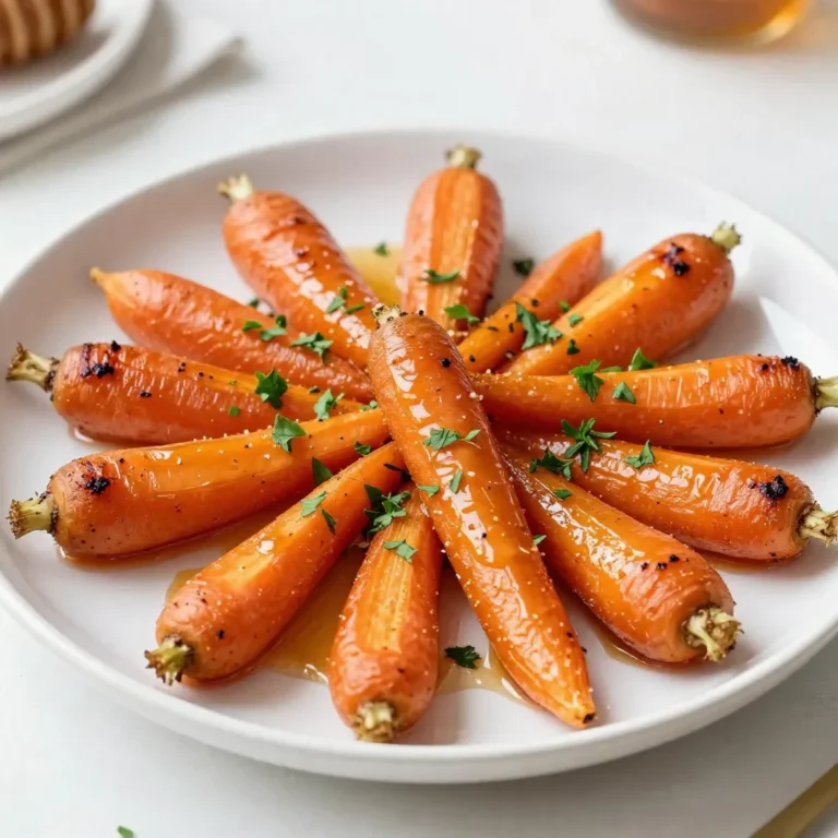 To make honey garlic roasted carrots, gather these simple ingredients: - 2 lbs fresh carrots, peeled and cut into 2-inch sticks - 4 tablespoons honey - 3 tablespoons olive oil - 4 cloves garlic, minced - 1 teaspoon dried thyme - Salt and pepper to taste - Fresh parsley, chopped (for garnish) When picking fresh carrots, look for firm ones. They should feel crisp and smooth. Bright orange color shows freshness. Avoid any with soft spots or wrinkles. If you can, choose organic carrots. They taste better and are healthier. Smaller carrots can be sweeter. They roast well and cook faster. You can swap honey with maple syrup for a vegan option. It adds great flavor too. If you need an olive oil substitute, try avocado oil. It has a mild taste and works well in roasting. For a different twist, use coconut oil. It gives a light sweetness. {{ingredient_image_1}} First, gather your ingredients. You need fresh carrots, honey, olive oil, garlic, thyme, salt, and pepper. Start by preheating your oven to 400°F (200°C). This ensures even cooking. Then, peel the carrots. Cut them into 2-inch sticks. This size helps them roast well. In a large bowl, mix the honey, olive oil, minced garlic, dried thyme, salt, and pepper. Whisk this mixture until it blends nicely. Next, add the carrots to the bowl. Toss them well to coat each piece with the honey-garlic mix. Spread the coated carrots on a baking sheet lined with parchment paper. Make sure they are in a single layer. This will help them roast evenly. If they are too close together, they may steam instead of roast. Place the baking sheet in the preheated oven. Roast the carrots for 25 to 30 minutes. Stir halfway through to ensure even cooking. You want them to be tender and caramelized. To get the best results, make sure your oven is fully preheated. This step is key for good roasting. Use fresh carrots for the best flavor and texture. Remember to space the carrots well on the baking sheet. This allows hot air to circulate. If you want a bit more sweetness, drizzle extra honey on top before serving. For added color, toss in some fresh parsley as a garnish. It makes the dish look appealing and adds a fresh taste. Enjoy your delicious honey garlic roasted carrots! To boost the flavor of honey garlic roasted carrots, try these ideas: - Add fresh herbs like rosemary or dill for extra depth. - Mix in a splash of balsamic vinegar for tangy notes. - Squeeze fresh lemon juice before serving for brightness. These simple tweaks can elevate your dish to new heights. Avoid these common pitfalls when making honey garlic roasted carrots: - Don’t overcrowd the baking sheet. This can cause steaming instead of roasting. - Make sure to cut your carrots evenly. Uneven sizes roast at different rates. - Check for doneness earlier than the suggested time. Oven temps can vary. These tips ensure you get perfect, caramelized carrots every time. Serving honey garlic roasted carrots can be fun and creative: - Serve them alongside grilled chicken or fish for a balanced meal. - Pair with a grain like quinoa or rice for a hearty dish. - Garnish with toasted nuts for a crunchy contrast. Feel free to get creative with your plate! Pro Tips Choose the Right Carrots: Opt for carrots that are firm and bright in color for the best flavor and texture. Organic carrots can enhance the taste. Even Cutting: Cut carrots into uniform sizes to ensure even roasting. This helps them cook at the same rate and prevents some from becoming mushy while others remain crunchy. Check for Doneness: Test the carrots for tenderness by piercing them with a fork. They should be easily pierced but still hold their shape. Enhance with Spice: Feel free to add a pinch of cayenne pepper or smoked paprika to the honey-garlic mixture for an extra kick of flavor. {{image_2}} You can mix in other veggies for more flavor and texture. Consider adding bell peppers, zucchini, or green beans. Just cut them to the same size as the carrots. This way, they cook evenly. Toss them in the same honey-garlic mix. The sweet honey complements these veggies well. If you want a change from honey, try maple syrup or agave nectar. Both options add a unique taste. Maple syrup offers a rich flavor, while agave is milder. Use the same amount as honey in your recipe. This switch keeps the dish sweet and delicious. For those who enjoy a kick, adding heat can be fun. A pinch of red pepper flakes or cayenne pepper ramps up the flavor. Mix it into the honey-garlic sauce before adding the carrots. Start with a small amount, then adjust to your taste. This spicy twist pairs well with the sweet carrots. To keep your honey garlic roasted carrots fresh, store them in an airtight container. Place them in the fridge within two hours after cooking. They will stay good for about 3 to 5 days. Make sure to let them cool before sealing. This helps keep the moisture in check. If you want to keep them longer, consider freezing. When you're ready to enjoy your leftovers, reheating is easy. You can use the oven for best results. Preheat the oven to 350°F (175°C). Spread the carrots on a baking sheet in a single layer. Heat for about 10-15 minutes or until warm. You can also use the microwave. Place the carrots in a microwave-safe dish. Heat in 30-second intervals until they reach your desired warmth. Freezing carrots is a great way to save them for later. First, let your roasted carrots cool completely. Next, spread them in a single layer on a baking sheet. Freeze them for about 1-2 hours until firm. After that, transfer them to a freezer-safe bag or container. Label the bag with the date. Frozen roasted carrots will keep well for about 3 months. To enjoy, thaw them overnight in the fridge before reheating. Yes, you can prepare honey garlic roasted carrots ahead of time. Cook the carrots as directed. After roasting, let them cool completely. Store them in an airtight container in the fridge. They will stay fresh for about three days. When you are ready to serve, simply reheat them in the oven. This keeps them tasty and helps revive their flavor. Honey garlic roasted carrots are not just tasty; they are healthy too! Carrots are rich in vitamins A and K. Vitamin A helps with vision and skin health. Plus, carrots have fiber that aids digestion. Honey adds natural sweetness and contains antioxidants. Garlic boosts your immune system and adds flavor. This side dish is great for everyone! To avoid mushy carrots, choose fresh, firm carrots. Cut them into even 2-inch sticks. This helps them cook evenly. When roasting, spread them out on the baking sheet. Do not overcrowd them. Stir halfway through cooking for even roasting. Bake them until they are tender and caramelized, about 25-30 minutes. Enjoy your perfectly roasted carrots! In this blog post, we explored how to make honey garlic roasted carrots. We covered essential ingredients, with tips for selecting high-quality carrots. I shared step-by-step cooking instructions and tips to avoid common mistakes. We also discussed variations, storage methods, and answered frequently asked questions. With these strategies, you can create delicious roasted carrots that everyone will love. Enjoy experimenting and finding your favorite flavors!