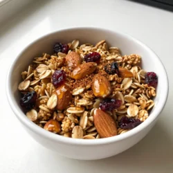 - 3 cups old-fashioned oats - 1 cup chopped almonds - 1/2 cup honey - 1/4 cup melted coconut oil - 1 teaspoon vanilla extract - 1/2 teaspoon salt - 1/2 teaspoon cinnamon - Optional ingredients: 1/2 cup dried cranberries or raisins, 1/4 cup chia seeds To make a tasty Vanilla Almond Granola, you need simple and healthy ingredients. Old-fashioned oats give this granola its base. They are hearty and fill you up. Chopped almonds add a nice crunch and nutty flavor. Honey works as a sweetener. It helps hold the granola together. Melted coconut oil adds richness and helps the oats crisp up. Vanilla extract gives that warm, sweet aroma. A pinch of salt enhances all the flavors. Cinnamon adds warmth and spice, making each bite more enjoyable. For extra nutrition, you can add dried cranberries or raisins. They bring a chewy texture and sweetness. If you like, chia seeds can boost fiber and healthy fats. This ingredient list makes sure your granola is both crisp and nutritious! {{ingredient_image_1}} - Preheat your oven to 350°F (175°C). Line a large baking sheet with parchment paper. - In a large mixing bowl, combine 3 cups of old-fashioned oats and 1 cup of chopped almonds. - In a separate bowl, whisk together 1/4 cup of melted coconut oil, 1/2 cup of honey, 1 teaspoon of vanilla extract, 1/2 teaspoon of salt, and 1/2 teaspoon of cinnamon. Mix until well blended. - Pour the wet ingredients over the oat mixture. Stir until all oats and almonds are coated. - Spread the granola evenly on the baking sheet. - Bake in the oven for 20-25 minutes. Stir halfway through to promote even browning. Keep a close eye to avoid burning. - After baking, let the granola cool completely on the baking sheet. This helps it become crunchy. - If you want, stir in 1/2 cup of dried cranberries or raisins and 1/4 cup of chia seeds. - Store the granola in an airtight container. It stays fresh for up to two weeks. Enjoy it anytime! How to achieve the ideal crunch To get that perfect crunch, you must bake the granola until it turns golden brown. Stir halfway through baking to ensure even cooking. The oats and nuts should be well-coated with the wet mix to help them crisp up nicely. Importance of cooling time Cooling time is crucial. Once you take the granola out of the oven, let it cool completely on the baking sheet. This helps it firm up and become crunchy. If you rush this step, the granola may stay soft and chewy. Substituting ingredients for taste You can switch ingredients to match your taste. Try adding different nuts or seeds. If you love coconut, add some shredded coconut. For a sweeter touch, mix in more honey or maple syrup. Customize it to your liking! Ideas for serving granola Granola is super versatile. Serve it as a snack on its own or sprinkle it over your favorite desserts. You can also enjoy it as breakfast with milk or yogurt. Pairing with yogurt or milk Pair your granola with yogurt for a tasty treat. Greek yogurt adds protein, while regular yogurt brings creaminess. Drizzle some honey or maple syrup on top for extra sweetness. Using granola in smoothies or baked goods You can add granola to smoothies for a delicious crunch. Blend it in or sprinkle it on top before serving. It also works well in baked goods like muffins or bars. Use it as a topping to add texture and flavor! Pro Tips Perfectly Crunchy: Let the granola cool completely on the baking sheet before storing. This helps it achieve that delightful crunch! Customize Your Sweetness: Adjust the amount of honey to your taste. You can also substitute with maple syrup for a different flavor profile. Mix and Match: Feel free to add other nuts or seeds, such as walnuts or pumpkin seeds, for extra texture and flavor. Storage Savvy: Store in an airtight container at room temperature to maintain freshness for up to two weeks. {{image_2}} You can easily change the taste of your granola. Here are some fun ideas: - Adding spices like nutmeg or ginger: A pinch of nutmeg adds warmth. Ginger lends a zesty kick. Try both for a unique blend. - Substituting nuts or seeds: Swap almonds for walnuts, pecans, or pumpkin seeds. Each nut gives a different crunch and flavor. Experiment to find your favorite mix. - Exploring other dried fruit options: Instead of cranberries or raisins, use dried apricots, cherries, or figs. They add sweetness and chewiness. This keeps your granola exciting. You can also adjust this recipe to fit your diet: - Gluten-free alternatives: Use gluten-free oats if you need them. Most brands offer certified gluten-free options. This keeps the granola safe for those with gluten allergies. - Nut-free version suggestions: Replace nuts with seeds like sunflower or pumpkin seeds. This makes the granola nut-free but still tasty and crunchy. - Vegan modifications: Substitute honey with maple syrup or agave nectar. This keeps the granola sweet and vegan-friendly. Enjoy the same deliciousness without animal products. To keep your vanilla almond granola fresh, store it in an airtight container. This helps prevent air from making it stale. Glass jars or plastic containers with tight lids work well. Avoid leaving it in the original baking sheet or open bags. Your granola stays good for about two weeks at room temperature. If you want to keep it longer, try freezing it. Can you freeze granola? Yes, you can freeze granola. Freezing helps it last longer than two weeks. How to properly freeze and thaw To freeze, place the granola in a freezer-safe bag. Squeeze out the air before sealing. Label the bag with the date. When you’re ready to eat, just take out what you need. Let it thaw at room temperature. You can also heat it in the oven for a few minutes to refresh it. How do I make granola clusters? To make granola clusters, use more sticky ingredients. You can add extra honey or syrup. Spread the mixture tightly on the baking sheet. Press it down firmly before baking. This helps it stick together. Can I use rolled oats instead? Yes, rolled oats work well! They provide a great texture. Old-fashioned oats give a hearty crunch, but rolled oats will still be tasty. Just make sure they are not instant oats. Is it possible to make this granola without honey? Absolutely! You can use maple syrup or agave syrup instead. These options will add sweetness and flavor. Just keep the same amount as honey in your recipe. How long will homemade granola last? Homemade granola can last up to two weeks when stored properly. Use an airtight container to keep it fresh. If you want it to last longer, consider freezing it. What can I substitute for coconut oil? You can use vegetable oil or melted butter as a substitute. They both work well and add moisture. If you want a different flavor, try using almond oil or olive oil. In this post, we explored how to make delicious granola at home. We covered the ingredients, preparation, baking steps, and storage tips. You learned how to customize the recipe to fit your taste and diet. Remember, the key to great granola is mixing flavors and letting it cool properly. With these tips, you can enjoy a tasty snack anytime. Making granola is easy and fun. Try it out and share your variations! Your kitchen will smell amazing. Enjoy your homemade granola adventure!
