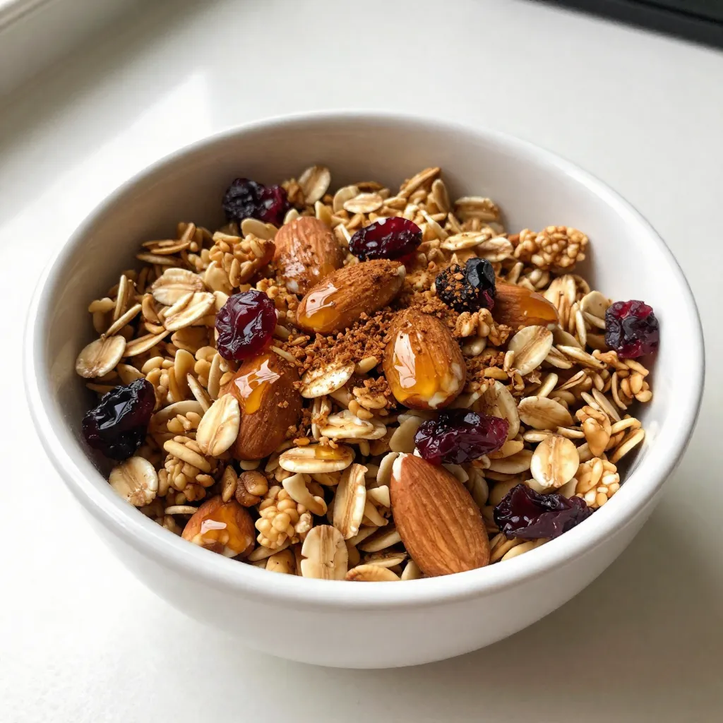 - 3 cups old-fashioned oats - 1 cup chopped almonds - 1/2 cup honey - 1/4 cup melted coconut oil - 1 teaspoon vanilla extract - 1/2 teaspoon salt - 1/2 teaspoon cinnamon - Optional ingredients: 1/2 cup dried cranberries or raisins, 1/4 cup chia seeds To make a tasty Vanilla Almond Granola, you need simple and healthy ingredients. Old-fashioned oats give this granola its base. They are hearty and fill you up. Chopped almonds add a nice crunch and nutty flavor. Honey works as a sweetener. It helps hold the granola together. Melted coconut oil adds richness and helps the oats crisp up. Vanilla extract gives that warm, sweet aroma. A pinch of salt enhances all the flavors. Cinnamon adds warmth and spice, making each bite more enjoyable. For extra nutrition, you can add dried cranberries or raisins. They bring a chewy texture and sweetness. If you like, chia seeds can boost fiber and healthy fats. This ingredient list makes sure your granola is both crisp and nutritious! {{ingredient_image_1}} - Preheat your oven to 350°F (175°C). Line a large baking sheet with parchment paper. - In a large mixing bowl, combine 3 cups of old-fashioned oats and 1 cup of chopped almonds. - In a separate bowl, whisk together 1/4 cup of melted coconut oil, 1/2 cup of honey, 1 teaspoon of vanilla extract, 1/2 teaspoon of salt, and 1/2 teaspoon of cinnamon. Mix until well blended. - Pour the wet ingredients over the oat mixture. Stir until all oats and almonds are coated. - Spread the granola evenly on the baking sheet. - Bake in the oven for 20-25 minutes. Stir halfway through to promote even browning. Keep a close eye to avoid burning. - After baking, let the granola cool completely on the baking sheet. This helps it become crunchy. - If you want, stir in 1/2 cup of dried cranberries or raisins and 1/4 cup of chia seeds. - Store the granola in an airtight container. It stays fresh for up to two weeks. Enjoy it anytime! How to achieve the ideal crunch To get that perfect crunch, you must bake the granola until it turns golden brown. Stir halfway through baking to ensure even cooking. The oats and nuts should be well-coated with the wet mix to help them crisp up nicely. Importance of cooling time Cooling time is crucial. Once you take the granola out of the oven, let it cool completely on the baking sheet. This helps it firm up and become crunchy. If you rush this step, the granola may stay soft and chewy. Substituting ingredients for taste You can switch ingredients to match your taste. Try adding different nuts or seeds. If you love coconut, add some shredded coconut. For a sweeter touch, mix in more honey or maple syrup. Customize it to your liking! Ideas for serving granola Granola is super versatile. Serve it as a snack on its own or sprinkle it over your favorite desserts. You can also enjoy it as breakfast with milk or yogurt. Pairing with yogurt or milk Pair your granola with yogurt for a tasty treat. Greek yogurt adds protein, while regular yogurt brings creaminess. Drizzle some honey or maple syrup on top for extra sweetness. Using granola in smoothies or baked goods You can add granola to smoothies for a delicious crunch. Blend it in or sprinkle it on top before serving. It also works well in baked goods like muffins or bars. Use it as a topping to add texture and flavor! Pro Tips Perfectly Crunchy: Let the granola cool completely on the baking sheet before storing. This helps it achieve that delightful crunch! Customize Your Sweetness: Adjust the amount of honey to your taste. You can also substitute with maple syrup for a different flavor profile. Mix and Match: Feel free to add other nuts or seeds, such as walnuts or pumpkin seeds, for extra texture and flavor. Storage Savvy: Store in an airtight container at room temperature to maintain freshness for up to two weeks. {{image_2}} You can easily change the taste of your granola. Here are some fun ideas: - Adding spices like nutmeg or ginger: A pinch of nutmeg adds warmth. Ginger lends a zesty kick. Try both for a unique blend. - Substituting nuts or seeds: Swap almonds for walnuts, pecans, or pumpkin seeds. Each nut gives a different crunch and flavor. Experiment to find your favorite mix. - Exploring other dried fruit options: Instead of cranberries or raisins, use dried apricots, cherries, or figs. They add sweetness and chewiness. This keeps your granola exciting. You can also adjust this recipe to fit your diet: - Gluten-free alternatives: Use gluten-free oats if you need them. Most brands offer certified gluten-free options. This keeps the granola safe for those with gluten allergies. - Nut-free version suggestions: Replace nuts with seeds like sunflower or pumpkin seeds. This makes the granola nut-free but still tasty and crunchy. - Vegan modifications: Substitute honey with maple syrup or agave nectar. This keeps the granola sweet and vegan-friendly. Enjoy the same deliciousness without animal products. To keep your vanilla almond granola fresh, store it in an airtight container. This helps prevent air from making it stale. Glass jars or plastic containers with tight lids work well. Avoid leaving it in the original baking sheet or open bags. Your granola stays good for about two weeks at room temperature. If you want to keep it longer, try freezing it. Can you freeze granola? Yes, you can freeze granola. Freezing helps it last longer than two weeks. How to properly freeze and thaw To freeze, place the granola in a freezer-safe bag. Squeeze out the air before sealing. Label the bag with the date. When you’re ready to eat, just take out what you need. Let it thaw at room temperature. You can also heat it in the oven for a few minutes to refresh it. How do I make granola clusters? To make granola clusters, use more sticky ingredients. You can add extra honey or syrup. Spread the mixture tightly on the baking sheet. Press it down firmly before baking. This helps it stick together. Can I use rolled oats instead? Yes, rolled oats work well! They provide a great texture. Old-fashioned oats give a hearty crunch, but rolled oats will still be tasty. Just make sure they are not instant oats. Is it possible to make this granola without honey? Absolutely! You can use maple syrup or agave syrup instead. These options will add sweetness and flavor. Just keep the same amount as honey in your recipe. How long will homemade granola last? Homemade granola can last up to two weeks when stored properly. Use an airtight container to keep it fresh. If you want it to last longer, consider freezing it. What can I substitute for coconut oil? You can use vegetable oil or melted butter as a substitute. They both work well and add moisture. If you want a different flavor, try using almond oil or olive oil. In this post, we explored how to make delicious granola at home. We covered the ingredients, preparation, baking steps, and storage tips. You learned how to customize the recipe to fit your taste and diet. Remember, the key to great granola is mixing flavors and letting it cool properly. With these tips, you can enjoy a tasty snack anytime. Making granola is easy and fun. Try it out and share your variations! Your kitchen will smell amazing. Enjoy your homemade granola adventure!
