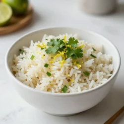To make zesty cilantro lime rice, gather these items: - 1 cup long-grain white rice - 2 cups vegetable broth (or water) - 1 tablespoon olive oil - 1 lime (zested and juiced) - 1/2 cup fresh cilantro, chopped - 1/2 teaspoon garlic powder - 1/2 teaspoon onion powder - Salt and pepper to taste These ingredients create a bright and fresh flavor. Each one serves a purpose and adds something special. You might want to adjust serving sizes or swap units. Here are some quick conversions: - 1 cup = 8 fluid ounces - 1 tablespoon = 3 teaspoons - 1/2 cup = 4 fluid ounces If you need more rice, just double the amounts. For fewer servings, use half. Running low on an ingredient? Here are some easy swaps: - Rice: Try jasmine or basmati rice for a different flavor. - Vegetable broth: Water works well too. You can add a pinch of salt for taste. - Olive oil: Use avocado oil for a buttery touch. - Fresh cilantro: Parsley gives a different but nice flavor. - Garlic powder: Fresh minced garlic can add a sharper taste. - Onion powder: You can use finely chopped shallots instead. These substitutes keep the dish tasty while using what you have on hand. {{ingredient_image_1}} First, you rinse the rice under cold water. This washes away extra starch. Rinsing helps the rice cook fluffy. Keep rinsing until the water runs clear. This usually takes a few minutes. After rinsing, let the rice drain well. Next, heat olive oil in a medium saucepan on medium heat. Once hot, add your rinsed rice. Toast the rice for 2-3 minutes. Stir it often. You want it to turn a light golden color. This step adds a nice nutty flavor to your dish. After toasting, pour in the vegetable broth or water. Bring the liquid to a boil. This is the time to add a pinch of salt for taste. Once boiling, reduce the heat to low. Cover the saucepan tightly. Let it simmer for about 18-20 minutes. Do not lift the lid during this time. The rice needs steam to cook well. When the time is up, check the rice to see if the liquid is all absorbed. If it is, remove it from the heat. Let it sit, covered, for 5 more minutes to finish cooking. Now, it’s time to fluff your rice. Use a fork to gently mix it. This keeps the grains separate and fluffy. Next, add the lime zest and lime juice. The zest gives a bright kick, while juice adds freshness. Then, sprinkle in garlic powder and onion powder. These spices lift the taste. Finally, fold in the chopped cilantro. Make sure the rice gets coated well. Add salt and pepper to taste. Your zesty cilantro lime rice is ready to serve! To make fluffy rice, rinse it well. Rinse until the water runs clear. This step removes excess starch. Excess starch makes rice sticky. Next, toast the rice in olive oil. Toasting adds flavor and helps keep it fluffy. Stir the rice for about 2-3 minutes. Look for a light golden color. When you add the broth, make sure it boils before lowering the heat. Cover the pot and let it simmer. After cooking, let it rest for five minutes. Fluff it with a fork to keep it airy. You can easily change the flavors in this rice. Add more lime juice for extra zing. Try using lime zest for a brighter taste. Fresh herbs like parsley or mint can also work. If you want a kick, mix in jalapeños. Spice it up with chili powder, too. For a richer taste, use chicken broth instead of vegetable broth. You can also add spices like cumin or coriander. These will give your rice a unique twist. One common mistake is skipping the rinsing step. This can lead to sticky rice. Make sure to toast the rice properly. If you don't toast it enough, the flavor might fall flat. Overcooking the rice can also ruin the dish. Keep an eye on the timer! Lastly, do not skip the resting time after cooking. This step is essential for fluffiness. Avoid these mistakes and you’ll create perfect cilantro lime rice every time! Pro Tips Rinse the Rice: Always rinse your rice under cold water until the water runs clear to remove excess starch and achieve a fluffier texture. Toast for Flavor: Toasting the rice in olive oil before adding liquid enhances its nutty flavor and adds depth to your dish. Let it Rest: After cooking, let the rice sit covered for 5 minutes. This allows the steam to finish cooking the rice and makes it fluffier. Add Freshness: Incorporate the lime juice and zest at the end to preserve their bright flavors and ensure they shine through in the dish. {{image_2}} You can easily change the flavor by adding herbs. Try fresh parsley for a milder taste. Dill brings a unique twist with its fresh, bright notes. Basil adds a sweet, aromatic flavor that pairs well with lime. Each herb offers a new taste and fun experience for your palate. For heat, add fresh jalapeño or chili peppers. Dice them finely and mix them in with the rice. Start with a small amount, then taste before adding more. This lets you control the spice level. The heat complements the lime and cilantro nicely, making the dish exciting. Chicken or shrimp can add protein and make your rice a main dish. For chicken, grill or sauté it with spices before mixing it into the rice. Shrimp cooks fast; just sauté it until pink, then fold it in. Both options bring flavor and heartiness to your meal. You can store leftover zesty cilantro lime rice in an airtight container. Make sure it cools down first. Keep it in the fridge for up to four days. If you want to keep it longer, consider freezing it. To reheat, use either the microwave or stovetop. For the microwave, place the rice in a bowl. Add a splash of water to help steam it. Heat for about one to two minutes. Stir halfway through. For stovetop, add the rice to a pan with a little water. Heat over low until warm. If you want to freeze this rice, pack it into freezer bags. Squeeze out the air and seal tightly. It can last up to three months in the freezer. When you’re ready to eat, thaw it overnight in the fridge. Then reheat as described above. Yes, you can use brown rice. It adds a nutty flavor and more fiber. However, brown rice takes longer to cook than white rice. You will need to adjust the cooking time. For brown rice, simmer for about 40-45 minutes. Cooked cilantro lime rice lasts about 4 to 5 days in the fridge. Store it in an airtight container. Make sure it cools down before sealing. This keeps the rice fresh and tasty for later meals. Yes, this recipe is gluten-free. All ingredients used, like rice and broth, do not contain gluten. Always check labels on packaged items to be safe. Enjoy this dish without worrying about gluten! This blog post covers the essential steps for making delicious cilantro lime rice. We explored key ingredients, precise measurements, and smart substitutes. You learned effective cooking techniques for fluffy rice, along with tips to enhance flavor and avoid mistakes. In closing, experimenting with variations allows you to enjoy this dish in many ways. Whether you choose to add proteins, herbs, or spices, your rice will shine. Enjoy creating your own version of this tasty recipe!