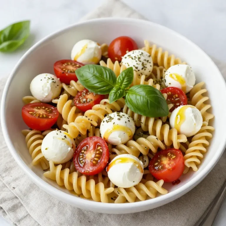 - 8 oz fusilli pasta - 1 cup cherry tomatoes, halved - 1 cup fresh mozzarella balls, halved - 1 cup fresh basil leaves, chopped - 3 tablespoons extra virgin olive oil - 1 tablespoon balsamic glaze - 2 cloves garlic, minced - Salt and pepper to taste - 1 teaspoon dried oregano Fusilli pasta gives a nice twist and holds the dressing well. You can swap it for penne or rotini if you prefer. Cherry tomatoes are sweet and juicy, but you can use any tomato type. If you can't find fresh mozzarella, try using diced mozzarella or even feta cheese for a tangy taste. Fresh basil adds that classic flavor, yet dried basil works in a pinch. Extra virgin olive oil is best, but regular olive oil is fine too. Balsamic glaze adds sweetness. If you lack it, mix balsamic vinegar with a bit of sugar. When selecting cherry tomatoes, look for bright colors and smooth skin. They should feel firm yet slightly soft. For mozzarella, choose the freshest balls you can find. They should be moist and have a mild, milky smell. Fresh basil should be vibrant green, not brown or wilted. Smell the leaves; they should have a strong, fresh aroma. Always check for quality, as fresh produce makes a big difference in taste. {{ingredient_image_1}} Start by filling a large pot with water. Add a generous amount of salt to the water. Bring it to a boil over high heat. Once boiling, add 8 ounces of fusilli pasta. Cook the pasta according to the package directions until it is al dente. This usually takes about 8 to 10 minutes. After cooking, drain the pasta in a colander. Rinse it under cold water to stop the cooking. This helps keep the pasta firm and fresh. In a big mixing bowl, add the cooled pasta. Next, add 1 cup of halved cherry tomatoes. Then, add 1 cup of halved fresh mozzarella balls. Finally, toss in 1 cup of chopped fresh basil leaves. Use a spatula or your hands to gently mix these ingredients together. Make sure everything is evenly distributed. This will create a colorful and tasty salad. In a small bowl, combine 3 tablespoons of extra virgin olive oil and 1 tablespoon of balsamic glaze. Add 2 minced garlic cloves for flavor. Sprinkle in 1 teaspoon of dried oregano, along with salt and pepper to taste. Whisk these ingredients together until they are well mixed. Once the dressing is ready, pour it over the pasta salad. Gently toss the salad again to coat everything. This helps the flavors blend well. Let the salad sit for about 15 minutes before serving. This allows the flavors to meld beautifully. To get the best flavor, use fresh ingredients. Fresh basil gives a bright taste. Ripe cherry tomatoes add sweetness. I love mixing the mozzarella with the pasta while it's warm. This helps the cheese melt a bit, enhancing the flavor. For a richer taste, add more balsamic glaze. Just a drizzle can elevate the dish. Texture is key in any pasta salad. Cook the fusilli until it is al dente. This keeps it firm and prevents mushiness. Rinsing it with cold water stops cooking, keeping that perfect bite. Let the salad sit for about 15 minutes. This helps the flavors blend together nicely. Serve it cold or at room temperature for the best experience. Presentation can make your dish pop. Use a large, decorative bowl to serve. Garnish with fresh basil leaves on top. A sprinkle of dried oregano adds a nice touch. Drizzle additional balsamic glaze over the salad. This not only looks great but also adds flavor. Make your Caprese pasta salad a feast for the eyes! Pro Tips Cook Pasta Al Dente: This ensures the pasta maintains a slight firmness, providing the best texture for your salad. Use Fresh Ingredients: Opt for the freshest mozzarella and basil possible to elevate the flavors and overall freshness of the salad. Chill Before Serving: Allowing the salad to sit for a bit enhances the flavors as they meld together, making each bite more delicious. Customize with Add-Ins: Feel free to add olives, roasted red peppers, or even grilled chicken for extra flavor and protein! {{image_2}} You can switch up the cheese in your Caprese pasta salad. Try using burrata for a creamier texture. Goat cheese adds a tangy flavor that many enjoy. Feta cheese works well too, giving a salty kick. Each cheese brings its own unique taste, making the salad special. Want to make your salad more filling? Add protein! Grilled chicken adds a hearty touch. Shrimp brings a light and fresh vibe. If you prefer plant-based options, tofu is a great choice. Just grill or sauté it before adding to the salad. This way, you create a satisfying meal. You can also change the salad with seasonal veggies. In summer, add zucchini or bell peppers for crunch. Fall is perfect for roasted butternut squash. Each season offers fresh produce that enhances the dish. Get creative with colors and flavors to keep it exciting. Store your Caprese pasta salad in an airtight container. Keep it in the fridge. It stays fresh for up to three days. If you notice any water from the tomatoes, drain it out. This keeps the salad from getting soggy. I do not recommend freezing this salad. The fresh mozzarella and basil do not freeze well. They lose their texture and flavor. Instead, make only what you need. This way, the pasta salad stays fresh and tasty. If you have leftovers, enjoy them cold. The flavors blend nicely after some time in the fridge. If you prefer, you can gently reheat the pasta. Use the microwave or a skillet on low heat. Just be careful not to overheat. This may make the cheese tough. Yes, you can use store-bought dressing. Look for a balsamic vinaigrette or Italian dressing. These options add good flavor. However, making your own dressing is simple and fresh. You can control ingredients and taste. A homemade dressing adds more love to your dish. To make Caprese pasta salad gluten-free, swap regular pasta for gluten-free pasta. Many brands offer good gluten-free options. Look for rice, quinoa, or chickpea pasta. They cook well and taste great. This change allows everyone to enjoy the salad without worry. Caprese pasta salad pairs well with grilled chicken or fish. You can also serve it with crusty bread or garlic bread. A light soup makes a nice side as well. For a fun twist, add a fresh fruit salad. Enjoy these options for a complete meal! In this post, I covered how to make a delicious Caprese Pasta Salad. I shared key ingredients and notes on picking fresh produce. You learned how to prepare the pasta, mix the salad, and create the dressing. I offered tips for flavor, texture, and presentation. You also discovered variations, storage tips, and answers to common questions. Caprese Pasta Salad is versatile and tasty. With a few simple choices, you can make it fit your taste and needs. Enjoy creating your perfect salad!