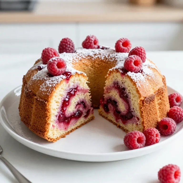 To make the Raspberry Swirl Pound Cake, you need the following ingredients: - 1 cup unsalted butter, softened - 2 cups granulated sugar - 4 large eggs - 1 teaspoon vanilla extract - 3 cups all-purpose flour - 1 teaspoon baking powder - 1/2 teaspoon salt - 1 cup sour cream - 1 cup fresh raspberries (or frozen, thawed) - 1/4 cup raspberry jam These ingredients work together to create a rich and moist pound cake. The butter adds creaminess, while the sugar gives sweetness. Eggs help bind everything, making the cake rise. Vanilla adds a warm flavor, and sour cream keeps it moist. The flour, baking powder, and salt provide the cake structure and balance. Fresh raspberries bring a burst of tangy flavor, while raspberry jam creates a beautiful swirl. If you use frozen raspberries, thaw them before adding. This ensures they blend well into the batter without excess moisture. Gather these ingredients before you start. Having everything ready makes baking easier and more fun. You can even measure them out ahead of time for a smooth baking experience. Enjoy the process and get ready to bake a delightful treat! {{ingredient_image_1}} - Preheat the oven to 350°F (175°C). - Grease and flour a 9x5 inch loaf pan. - Cream together the softened butter and sugar. Do this until it feels light and fluffy. - Add the eggs one at a time. Mix well after each addition. Stir in the vanilla extract. - In a separate bowl, whisk together flour, baking powder, and salt. - Gradually add this dry mixture to the wet mixture, alternating with sour cream. Start and end with the flour mixture. Mix until just combined. - Toss the raspberries with 1 tablespoon of flour. This helps keep them from sinking in the batter. - Gently fold the floured raspberries into the batter. Be careful not to mash them. - Pour half of the batter into the prepared loaf pan. - Drop spoonfuls of raspberry jam over the batter. Swirl it gently with a knife. - Pour the remaining batter on top. Again swirl with raspberry jam to create a marbled effect. - Bake in the preheated oven for 55-65 minutes. Check by inserting a toothpick into the center. It should come out clean. - Allow the cake to cool in the pan for 10 minutes. Then, transfer it to a wire rack to cool completely. To keep your raspberries from sinking, toss them in a bit of flour. This helps them stay suspended in the batter. You can use about one tablespoon of flour for one cup of raspberries. When you fold them into the batter, be gentle. Overmixing can break the raspberries and create a muddy swirl. Using room temperature ingredients is key. Cold butter and eggs can lead to a dense cake. Let your butter sit out for about an hour before starting. It should be soft but still hold its shape. When mixing, cream the butter and sugar until light and fluffy. This will help make your pound cake rise nicely. For a beautiful finish, dust the cake with powdered sugar. Fresh raspberries on top add a nice touch. You can also serve it with whipped cream or a scoop of ice cream. These toppings make the cake even more delightful. Enjoy it warm or at room temperature for the best taste. Pro Tips Use Room Temperature Ingredients: Allow your butter and eggs to come to room temperature before starting. This helps to create a smoother batter and ensures better incorporation of ingredients. Don't Overmix: When combining the wet and dry ingredients, mix until just combined. Overmixing can lead to a dense pound cake, so be gentle with your batter. Swirl with Care: When swirling the raspberry jam into the batter, use a gentle hand to create a marbled effect without completely blending the jam into the cake. Cooling Matters: Allow the cake to cool in the pan for about 10 minutes before transferring it to a wire rack. This prevents it from breaking apart and helps maintain its shape. {{image_2}} You can change this recipe by using different fruits. Blueberries and strawberries work great. They add their own yummy taste. You can also add lemon zest for a fresh twist. This zest brings bright notes to the cake. It pairs well with the sweet fruits. If you need a gluten-free option, use almond flour or gluten-free flour. These flours keep the cake light and tasty. For a vegan version, swap eggs with flax eggs or applesauce. Use plant-based butter to keep the flavor rich and creamy. Feel free to try other jams for the swirl. Apricot or cherry jams can add a unique flair. You might also want to use chocolate or nut swirls. These options give the cake a fun twist. Experimenting with flavors makes this recipe your own. To keep your Raspberry Swirl Pound Cake fresh, store it at room temperature. Place it in an airtight container or wrap it tightly in plastic wrap. This keeps moisture in and prevents it from drying out. If your home is very warm or humid, you might want to place it in the fridge. The cool air helps maintain the cake's texture. If you have leftovers, you can freeze the cake. To do this, slice the cake first. Wrap each slice in plastic wrap. Then, place the wrapped slices in a freezer bag. This method helps protect the cake from freezer burn. It can last up to three months in the freezer. The Raspberry Swirl Pound Cake lasts about 3 to 4 days at room temperature. In the fridge, it can stay good for up to a week. To keep it fresh, always cover the cake well. This helps keep out air and moisture. If you see any signs of mold or a strange smell, it's best to throw it away. Storing it properly ensures you enjoy every slice of this delightful cake. To check if your pound cake is done, look for a few signs. First, it should have a nice golden color on top. Second, insert a toothpick into the center. If it comes out clean, the cake is ready. If it has wet batter on it, bake for a few more minutes. The cake should also spring back when you gently press it. Yes, you can use frozen raspberries. Just thaw them first and drain any extra liquid. Toss them in a little flour before adding to the batter. This helps prevent them from sinking to the bottom. Keep in mind that the color may be less bright than fresh raspberries, but the flavor will still be great. A sinking cake often happens for a few reasons. Too much liquid in the batter can cause this. Make sure to measure your ingredients correctly. Also, avoid opening the oven door too early, as this can let cool air in. To prevent sinking, bake your cake long enough and check the doneness with a toothpick. You can prepare the batter ahead of time. Store it in the fridge for a few hours before baking. Just make sure to cover the bowl tightly. When you are ready to bake, stir the batter gently to combine. Do not let it sit too long, as this can affect the rise of the cake. Making this raspberry swirl pound cake is simple and fun. You mix butter and sugar, then add eggs and vanilla. Combine the dry and wet ingredients, and gently swirl in the raspberries and jam. I shared tips to get the perfect texture and avoid sinking fruit. Don't forget the variations for flavors and dietary needs. Store it well to keep it fresh. Enjoy your delicious cake with friends and family!