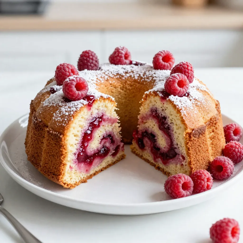 To make the Raspberry Swirl Pound Cake, you need the following ingredients: - 1 cup unsalted butter, softened - 2 cups granulated sugar - 4 large eggs - 1 teaspoon vanilla extract - 3 cups all-purpose flour - 1 teaspoon baking powder - 1/2 teaspoon salt - 1 cup sour cream - 1 cup fresh raspberries (or frozen, thawed) - 1/4 cup raspberry jam These ingredients work together to create a rich and moist pound cake. The butter adds creaminess, while the sugar gives sweetness. Eggs help bind everything, making the cake rise. Vanilla adds a warm flavor, and sour cream keeps it moist. The flour, baking powder, and salt provide the cake structure and balance. Fresh raspberries bring a burst of tangy flavor, while raspberry jam creates a beautiful swirl. If you use frozen raspberries, thaw them before adding. This ensures they blend well into the batter without excess moisture. Gather these ingredients before you start. Having everything ready makes baking easier and more fun. You can even measure them out ahead of time for a smooth baking experience. Enjoy the process and get ready to bake a delightful treat! {{ingredient_image_1}} - Preheat the oven to 350°F (175°C). - Grease and flour a 9x5 inch loaf pan. - Cream together the softened butter and sugar. Do this until it feels light and fluffy. - Add the eggs one at a time. Mix well after each addition. Stir in the vanilla extract. - In a separate bowl, whisk together flour, baking powder, and salt. - Gradually add this dry mixture to the wet mixture, alternating with sour cream. Start and end with the flour mixture. Mix until just combined. - Toss the raspberries with 1 tablespoon of flour. This helps keep them from sinking in the batter. - Gently fold the floured raspberries into the batter. Be careful not to mash them. - Pour half of the batter into the prepared loaf pan. - Drop spoonfuls of raspberry jam over the batter. Swirl it gently with a knife. - Pour the remaining batter on top. Again swirl with raspberry jam to create a marbled effect. - Bake in the preheated oven for 55-65 minutes. Check by inserting a toothpick into the center. It should come out clean. - Allow the cake to cool in the pan for 10 minutes. Then, transfer it to a wire rack to cool completely. To keep your raspberries from sinking, toss them in a bit of flour. This helps them stay suspended in the batter. You can use about one tablespoon of flour for one cup of raspberries. When you fold them into the batter, be gentle. Overmixing can break the raspberries and create a muddy swirl. Using room temperature ingredients is key. Cold butter and eggs can lead to a dense cake. Let your butter sit out for about an hour before starting. It should be soft but still hold its shape. When mixing, cream the butter and sugar until light and fluffy. This will help make your pound cake rise nicely. For a beautiful finish, dust the cake with powdered sugar. Fresh raspberries on top add a nice touch. You can also serve it with whipped cream or a scoop of ice cream. These toppings make the cake even more delightful. Enjoy it warm or at room temperature for the best taste. Pro Tips Use Room Temperature Ingredients: Allow your butter and eggs to come to room temperature before starting. This helps to create a smoother batter and ensures better incorporation of ingredients. Don't Overmix: When combining the wet and dry ingredients, mix until just combined. Overmixing can lead to a dense pound cake, so be gentle with your batter. Swirl with Care: When swirling the raspberry jam into the batter, use a gentle hand to create a marbled effect without completely blending the jam into the cake. Cooling Matters: Allow the cake to cool in the pan for about 10 minutes before transferring it to a wire rack. This prevents it from breaking apart and helps maintain its shape. {{image_2}} You can change this recipe by using different fruits. Blueberries and strawberries work great. They add their own yummy taste. You can also add lemon zest for a fresh twist. This zest brings bright notes to the cake. It pairs well with the sweet fruits. If you need a gluten-free option, use almond flour or gluten-free flour. These flours keep the cake light and tasty. For a vegan version, swap eggs with flax eggs or applesauce. Use plant-based butter to keep the flavor rich and creamy. Feel free to try other jams for the swirl. Apricot or cherry jams can add a unique flair. You might also want to use chocolate or nut swirls. These options give the cake a fun twist. Experimenting with flavors makes this recipe your own. To keep your Raspberry Swirl Pound Cake fresh, store it at room temperature. Place it in an airtight container or wrap it tightly in plastic wrap. This keeps moisture in and prevents it from drying out. If your home is very warm or humid, you might want to place it in the fridge. The cool air helps maintain the cake's texture. If you have leftovers, you can freeze the cake. To do this, slice the cake first. Wrap each slice in plastic wrap. Then, place the wrapped slices in a freezer bag. This method helps protect the cake from freezer burn. It can last up to three months in the freezer. The Raspberry Swirl Pound Cake lasts about 3 to 4 days at room temperature. In the fridge, it can stay good for up to a week. To keep it fresh, always cover the cake well. This helps keep out air and moisture. If you see any signs of mold or a strange smell, it's best to throw it away. Storing it properly ensures you enjoy every slice of this delightful cake. To check if your pound cake is done, look for a few signs. First, it should have a nice golden color on top. Second, insert a toothpick into the center. If it comes out clean, the cake is ready. If it has wet batter on it, bake for a few more minutes. The cake should also spring back when you gently press it. Yes, you can use frozen raspberries. Just thaw them first and drain any extra liquid. Toss them in a little flour before adding to the batter. This helps prevent them from sinking to the bottom. Keep in mind that the color may be less bright than fresh raspberries, but the flavor will still be great. A sinking cake often happens for a few reasons. Too much liquid in the batter can cause this. Make sure to measure your ingredients correctly. Also, avoid opening the oven door too early, as this can let cool air in. To prevent sinking, bake your cake long enough and check the doneness with a toothpick. You can prepare the batter ahead of time. Store it in the fridge for a few hours before baking. Just make sure to cover the bowl tightly. When you are ready to bake, stir the batter gently to combine. Do not let it sit too long, as this can affect the rise of the cake. Making this raspberry swirl pound cake is simple and fun. You mix butter and sugar, then add eggs and vanilla. Combine the dry and wet ingredients, and gently swirl in the raspberries and jam. I shared tips to get the perfect texture and avoid sinking fruit. Don't forget the variations for flavors and dietary needs. Store it well to keep it fresh. Enjoy your delicious cake with friends and family!