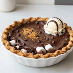 - 1 cup unsalted butter, melted - 2 cups granulated sugar - 4 large eggs - 1 teaspoon vanilla extract - 1 cup all-purpose flour - 1 cup unsweetened cocoa powder - ½ teaspoon baking powder - ½ teaspoon salt - 1 cup semi-sweet chocolate chips - 1 cup mini marshmallows - ½ cup graham cracker crumbs - ½ cup whole graham crackers for topping These ingredients come together to create a rich and gooey brownie pie. The combination of chocolate, marshmallows, and graham crackers makes it taste like a campfire treat. Each layer adds a unique texture and flavor. - Nuts (such as walnuts or pecans) - Peanut butter chips - White chocolate chips - Flavored extracts (like almond or mint) These optional ingredients let you put your twist on the recipe. You can mix in nuts for crunch or use different chips for a fun flavor change. Feel free to get creative! - 9-inch pie dish - Mixing bowls - Whisk - Spatula - Sifter - Oven Having the right tools makes baking easier and more fun. A good whisk helps mix the ingredients well. A pie dish is key to getting that perfect brownie shape. Make sure your oven is preheated before you start baking for the best results. {{ingredient_image_1}} 1. Preheat your oven to 350°F (175°C). Grease a 9-inch pie dish. 2. In a large mixing bowl, whisk the melted butter and granulated sugar together until smooth. 3. Beat in the four eggs one at a time. Stir in the vanilla extract next. 4. In another bowl, sift together the flour, cocoa powder, baking powder, and salt. 5. Gradually add this dry mix into the wet ingredients. Stir until just combined. 6. Fold in the semi-sweet chocolate chips for a rich taste. 7. Pour half of the brownie batter into the greased pie dish. Smooth it out with a spatula. 8. Sprinkle the graham cracker crumbs evenly over the first layer of brownie batter. 9. Add mini marshmallows on top of the graham cracker crumbs. 10. Pour the remaining brownie batter over the marshmallows. Spread it evenly across. 11. Crush whole graham crackers and sprinkle them over the top of the brownie pie. 12. Bake in the preheated oven for 30-35 minutes. A toothpick should come out with moist crumbs. 13. Remove the pie from the oven and let it cool slightly. 14. Serve warm with a scoop of vanilla ice cream on the side. 15. Drizzle chocolate sauce for an extra sweet touch. Enjoy! To get the best results, follow these steps. Always preheat your oven to 350°F (175°C). This ensures even baking. Grease your pie dish well. It helps the brownie pie come out clean. Use a good quality cocoa powder. It makes the chocolate flavor pop. If possible, use room temperature eggs. They mix better with the other ingredients. Watch out for overmixing. Stir the batter just until combined. Overmixing makes the brownies tough. Also, check your oven temperature with a thermometer. Ovens can vary, and the right heat is key. If you bake too long, the pie will dry out. Test it with a toothpick. It should come out with moist crumbs, not wet batter. For a richer taste, add a pinch of espresso powder to the batter. It boosts the chocolate flavor. You can also mix in nuts for crunch. Walnuts or pecans work great. If you like more marshmallows, add a few extra on top. They will toast nicely in the oven. Lastly, serving with vanilla ice cream and chocolate sauce elevates the dessert. Enjoy every bite! Pro Tips Use Room Temperature Ingredients: For the best texture, ensure your eggs are at room temperature before mixing. This helps create a smoother batter and better rise. Don't Overmix the Batter: Mix until just combined to maintain a fudgy texture. Overmixing can lead to tough brownies. Customize Your Toppings: Feel free to add nuts or other types of chocolate chips for a personal touch. Experimenting can lead to delicious variations! Cool Before Serving: Let the brownie pie cool for at least 10 minutes before slicing. This will help it set and make for cleaner slices. {{image_2}} You can easily make this S’mores Brownie Pie gluten-free. Just swap the all-purpose flour for a gluten-free flour blend. Look for one that has a good mix of starches and fibers. This change keeps the texture just right. Make sure the graham crackers are also gluten-free. Many brands offer options that taste great. Get creative with your mix-ins and toppings. Instead of semi-sweet chocolate chips, use dark or milk chocolate for a different taste. You can add nuts like walnuts or pecans for crunch. Try using peanut butter chips for a fun twist. For toppings, you can add crushed Oreos or toffee bits. These options make your pie unique and fun. You can adjust this pie for different holidays. For fall, add pumpkin spice to the batter. In winter, mix in peppermint extract and top with crushed candy canes. For summer, use fresh berries like raspberries or strawberries. Each season brings a new flavor, keeping your S’mores Brownie Pie exciting and fresh. To keep your S’mores Brownie Pie fresh, cover it tightly with plastic wrap. You can also place it in an airtight container. Store it at room temperature for up to three days. If you want to keep it longer, refrigeration is a great option. Just make sure to let it cool completely before storing. This helps keep the texture nice. For long-term storage, you can freeze S’mores Brownie Pie. Wrap it well in plastic wrap and then in aluminum foil. This helps prevent freezer burn. You can freeze it for up to three months. When you are ready to eat it, transfer it to the fridge to thaw overnight. To reheat, slice the pie and place it on a microwave-safe plate. Heat each slice for about 20-30 seconds. You want it warm, not hot. If you prefer the oven, preheat it to 350°F (175°C). Place the slices on a baking sheet and reheat for about 10 minutes. This will help keep the crust crispy and the chocolate melty. Enjoy your treat warm! Yes, you can make S’mores Brownie Pie ahead of time. I often prepare it a day before a party. Just bake it, let it cool, and store it in the fridge. When you are ready to serve, warm it slightly in the oven. This keeps the flavors fresh. If you need an egg substitute, try using applesauce or mashed bananas. Use 1/4 cup of either for each egg. You can also use flaxseed meal. Mix one tablespoon of flaxseed with three tablespoons of water. Let it sit for a few minutes until it thickens. To check if your pie is done, insert a toothpick in the center. If it comes out with moist crumbs, your pie is ready. If it has wet batter on it, bake for a few more minutes. The edges should look set, and the top will be slightly puffed. This article covered how to make a delicious S’mores Brownie Pie. You learned the key ingredients, tools, and every step from prep to bake. I shared tips to avoid common mistakes and enhance your pie. You also discovered fun variations and storage info for leftovers. Baking is a joy, and this pie can fit any occasion. Embrace the recipe, enjoy the process, and serve up smiles with every slice. Happy baking!