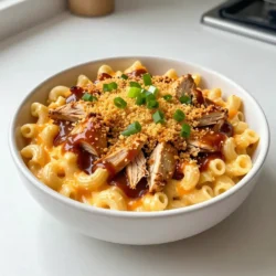 To make BBQ Chicken Mac & Cheese, you will need these ingredients: - 8 ounces elbow macaroni - 2 cups cooked chicken, shredded - 1 cup BBQ sauce (store-bought or homemade) - 2 cups sharp cheddar cheese, shredded - 1 cup mozzarella cheese, shredded - 1 cup milk - 3 tablespoons butter - 3 tablespoons all-purpose flour - 1 teaspoon garlic powder - 1 teaspoon onion powder - Salt and pepper to taste - 1/2 cup breadcrumbs (optional, for topping) - Chopped green onions for garnish You might want to switch some ingredients. Here are some easy swaps: - Elbow macaroni: You can use any pasta shape you like. - Cooked chicken: Leftover rotisserie chicken works great. - BBQ sauce: Try a spicy or sweet version for different flavors. - Sharp cheddar cheese: Use mild cheddar or pepper jack for a kick. - Mozzarella cheese: You can use Monterey Jack or fontina as well. - Milk: Almond milk or oat milk can work if you need a dairy-free option. - Butter: Olive oil or vegan butter can replace it. - Breadcrumbs: Crushed crackers or cornflakes can add crunch instead. To make this dish, gather these tools: - Large pot for cooking pasta - Measuring cups and spoons - Whisk for mixing - Baking dish for the oven - Stove for cooking - Colander for draining pasta {{ingredient_image_1}} Start by boiling water in a large pot. Make sure to add salt to the water. Once it boils, add 8 ounces of elbow macaroni. Cook it according to the package directions until it is al dente. This means it should be firm yet tender. After cooking, drain the macaroni and set it aside. In the same pot, melt 3 tablespoons of butter over medium heat. Once the butter is melted, stir in 3 tablespoons of all-purpose flour. Cook this mix for about 1-2 minutes. You want it to bubble and get a light golden color. Next, slowly whisk in 1 cup of milk. Keep stirring to avoid lumps. Add 1 teaspoon of garlic powder, 1 teaspoon of onion powder, salt, and pepper to taste. Cook this until it thickens. This will take about 3-5 minutes. Once thickened, take the pot off the heat. Stir in 2 cups of shredded sharp cheddar cheese and 1 cup of shredded mozzarella cheese. Keep stirring until the cheese melts and the sauce is smooth. Now, it’s time to combine everything. Add the cooked macaroni and 2 cups of shredded chicken to the cheese sauce. Pour in 1 cup of BBQ sauce and mix until everything is evenly coated. Preheat your oven to 350°F (175°C). Transfer the mixture into a greased baking dish. If you like a crunchy top, sprinkle 1/2 cup of breadcrumbs on top. Bake in the preheated oven for about 20-25 minutes. You want the top to be golden and bubbly. Once done, remove it from the oven and let it cool for a few minutes. For a nice touch, garnish with chopped green onions before serving. Enjoy your BBQ Chicken Mac & Cheese! To make a creamy cheese sauce, you need to follow a few steps. First, melt the butter in a pot over medium heat. Stir in the flour and cook until it looks bubbly and golden. Gradually add the milk while whisking. This keeps the sauce smooth and lump-free. Once thickened, remove it from heat. Then, add the cheeses and stir until melted. The key is to mix well for that rich, creamy texture. Shredding chicken can be simple. Start with cooked chicken that is warm. This makes it easier to pull apart. Use two forks to shred the meat. Hold one fork steady and use the other to tear the chicken. You can also use your hands if you prefer. For a faster method, throw the chicken in a stand mixer with a paddle attachment. Mix on low speed for a few seconds. This gives you perfectly shredded chicken in no time. You can tweak your BBQ chicken mac and cheese to make it your own. Consider adding diced jalapeños for heat. Chopped bell peppers bring sweetness and color. You can also mix in some corn for crunch. If you love spice, add a splash of hot sauce. For added creaminess, stir in some cream cheese. These add-ins can elevate the dish and make it even more delicious. Pro Tips Use Leftover Chicken: This recipe is perfect for utilizing leftover rotisserie chicken, saving time and enhancing flavor. Customize Your BBQ Sauce: Feel free to experiment with different flavors of BBQ sauce, such as sweet, spicy, or smoky, to match your taste preferences. Cheese Variations: Mixing different cheeses like gouda or pepper jack can add unique flavors and creaminess to your mac and cheese. Breadcrumb Topping: For an extra crunchy topping, consider mixing breadcrumbs with a little melted butter and herbs before sprinkling on top. {{image_2}} You can switch the cheese to change the taste. Try gouda for a smoky flavor. Cream cheese adds creaminess. You can even mix in pepper jack for heat. Each cheese brings its own twist to the dish. Not all BBQ sauce is the same. You can use sweet sauce for a sugary touch. For a tangy kick, try a vinegar-based sauce. You can also use mustard sauce for a different flavor. Homemade sauce allows you to control the taste. Toppings make your dish special. Add crispy bacon bits for crunch. You can sprinkle extra cheese before baking for a cheesy crust. Try sliced jalapeños for a spicy kick. Fresh herbs like parsley or cilantro can brighten the dish. Each topping adds a new layer of flavor. To keep your BBQ Chicken Mac & Cheese fresh, store it in an airtight container. Let it cool down first, then cover it tightly. This dish stays good for about three to four days in the fridge. If you want to keep it longer, freezing is a great option. When you’re ready to enjoy leftovers, reheat them gently. I suggest using the oven for the best results. Preheat your oven to 350°F (175°C). Place the dish in the oven for about 15-20 minutes. You can also use the microwave. Cover it with a damp paper towel and heat for 1-2 minutes, stirring halfway. This keeps it moist and tasty. To freeze BBQ Chicken Mac & Cheese, portion it into freezer-safe containers. Make sure to label each container with the date. It will stay good for up to three months. When you’re ready to eat, thaw it in the fridge overnight. Then reheat as suggested. Enjoy that creamy, cheesy goodness even after a long time! Yes, you can make BBQ Chicken Mac & Cheese ahead of time. Cook the macaroni and make the cheese sauce. Then, mix in the shredded chicken and BBQ sauce. Place everything in a baking dish. Cover it and store it in the fridge for up to 24 hours. When you're ready to eat, bake it at 350°F for 25-30 minutes. This way, you save time on busy days. You can serve BBQ Chicken Mac & Cheese with many sides. A fresh green salad adds crunch and freshness. Grilled vegetables bring a nice smoky flavor. For something lighter, try coleslaw for a tangy bite. You could also serve garlic bread for a hearty meal. Each side balances the rich taste of the mac and cheese. Yes, you can make BBQ Chicken Mac & Cheese vegetarian. Simply swap the chicken for cooked veggies or plant-based meat. You can use mushrooms, zucchini, or bell peppers for a tasty mix. Replace the BBQ sauce with a vegetarian option, ensuring no meat products are in it. This way, you keep the flavors while making it meat-free. You learned all about making BBQ Chicken Mac & Cheese from start to finish. We covered the needed ingredients, cooking steps, and tips for the best cheese sauce. Remember to explore different cheese choices and topping ideas to make this dish your own. Store leftovers properly for later enjoyment, and feel free to make this recipe vegetarian if desired. With all these insights, you are ready to impress anyone at your next meal. Enjoy cooking!