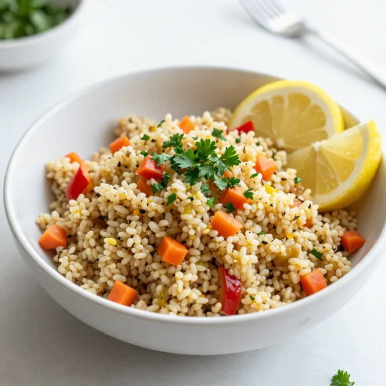 To make Lemon Herb Quinoa Pilaf, gather these simple ingredients: - 1 cup quinoa, rinsed - 2 cups vegetable broth or water - 1 tablespoon olive oil - 1 small onion, finely chopped - 2 cloves garlic, minced - 1 carrot, diced - 1 red bell pepper, diced - 1 teaspoon dried thyme - 1 teaspoon dried oregano - Zest of 1 lemon - 2 tablespoons fresh parsley, chopped - Salt and pepper to taste - Lemon wedges (for serving) Each ingredient plays a key role in building flavor. The quinoa serves as the base and is packed with protein. The herbs and lemon zest add bright, fresh notes. Using fresh herbs can boost the flavor of your pilaf. Fresh parsley adds a burst of color and taste. If you use dried herbs, remember that they are more concentrated. You may want to adjust the amounts. - Fresh herbs: Use more for a vibrant taste. - Dried herbs: Use less since they pack more flavor. Both types work well, but fresh herbs can elevate your dish to a new level. Want to add more flavor to your pilaf? Here are some fun ideas: - Nuts: Toasted almonds or walnuts add crunch. - Dried fruits: Raisins or cranberries bring sweetness. - Cheese: Feta or goat cheese adds a creamy touch. - Cooked protein: Add chicken, tofu, or beans for more sustenance. These options can make the dish richer and more varied. Each choice gives you a chance to personalize your Lemon Herb Quinoa Pilaf. {{ingredient_image_1}} Start by gathering your ingredients. You need fresh onion, garlic, carrot, and red bell pepper. Chop the onion finely. Then, mince the garlic. Next, dice the carrot and red bell pepper into small pieces. This helps them cook evenly. Heat 1 tablespoon of olive oil in a medium saucepan over medium heat. Add the chopped onion first. Sauté for 3 to 4 minutes until the onion becomes translucent. Then, add the minced garlic. Stir them together for about 30 seconds. This brings out the garlic's flavor. Now, add the diced carrot and red bell pepper. Cook these for another 5 minutes. You want the veggies to be slightly tender but still crisp. This will add great texture to your pilaf. After the vegetables are ready, it’s time to add the quinoa. Pour in 1 cup of rinsed quinoa. Stir it well with the vegetables to coat them. This will help the quinoa absorb all the flavors. Next, pour in 2 cups of vegetable broth or water. Add 1 teaspoon of dried thyme, 1 teaspoon of dried oregano, lemon zest, salt, and pepper. Stir everything together until it mixes well. Now, increase the heat to high. Bring the mixture to a boil. Once it boils, reduce the heat to low. Cover the saucepan and let it simmer for 15 minutes. The quinoa will absorb the liquid and become fluffy. When the time is up, remove the pan from heat. Keep it covered for an extra 5 minutes. This step helps the quinoa finish cooking perfectly. After 5 minutes, use a fork to fluff the quinoa gently. This helps separate the grains. Stir in 2 tablespoons of chopped fresh parsley. It adds color and freshness to your dish. For serving, place the pilaf in a large bowl or on a platter. Garnish it with lemon wedges and extra parsley. This brightens up the look and adds a zesty touch. Enjoy your flavorful and nutritious Lemon Herb Quinoa Pilaf! When making Lemon Herb Quinoa Pilaf, avoid using unwashed quinoa. Rinsing removes a bitter coating called saponin. This step makes your dish taste better. Also, don’t skip the simmer time. If you lift the lid too soon, the quinoa may not cook evenly. Lastly, overcooking can make quinoa mushy. Stick to the time for the best texture. Taste your dish as you cook. This helps you add the right amount of salt and pepper. If you want more zing, add extra lemon zest or a splash of lemon juice. Fresh herbs, like parsley, can also boost flavor. If you want a richer taste, try adding more olive oil. Always adjust based on your personal preference. Fluffy quinoa is key for a great pilaf. Start with the right water-to-quinoa ratio. Use two cups of liquid for each cup of quinoa. After cooking, let it sit covered for five minutes. This step helps steam the quinoa and makes it fluffy. Finally, fluff it gently with a fork. This separates the grains and enhances the texture. Pro Tips Use Fresh Herbs: Fresh parsley and other herbs elevate the flavor profile of your pilaf, adding brightness and freshness. Always opt for fresh when possible! Rinse Quinoa Thoroughly: Rinsing quinoa removes its natural coating, called saponin, which can impart a bitter taste. Make sure to rinse it well before cooking. Add Extra Veggies: Feel free to customize the pilaf by adding more vegetables like zucchini or peas for added nutrition and color. Perfect Portioning: For a balanced meal, serve the pilaf alongside a protein source, like grilled chicken or chickpeas, to complete your dish. {{image_2}} You can boost the protein in your Lemon Herb Quinoa Pilaf. Adding chicken is a great option. Cook it in the same pan after sautéing the onion and garlic. You can also add cubed tofu for a plant-based choice. If you prefer beans, black beans or chickpeas work well. Just rinse and stir them in at the end. Feel free to swap out the veggies based on what’s in season. Use zucchini or asparagus in spring. In fall, try butternut squash or Brussels sprouts. These changes keep the dish fresh and exciting. Each vegetable adds its unique taste and texture. Experimenting with herbs can create a new flavor profile. Instead of thyme and oregano, try basil and dill for a fresh twist. Or, use rosemary for a more robust flavor. Each herb brings its own charm, making your pilaf even more delightful. After enjoying your Lemon Herb Quinoa Pilaf, store any leftovers in an airtight container. Let the pilaf cool to room temperature first. This keeps it fresh and prevents sogginess. Place the container in the fridge. It will stay good for up to four days. When you are ready to eat it again, check for any off smells or changes in texture. If it seems fine, you’re all set! If you want to keep your pilaf longer, freezing is a great option. Portion the cooled quinoa into small containers or freezer bags. Remove as much air as possible from the bags. Label them with the date. You can freeze the pilaf for up to three months. When you’re ready to use it, thaw it in the fridge overnight. This keeps the texture nice. To reheat your Lemon Herb Quinoa Pilaf, you have a few options. You can use the microwave or the stovetop. For the microwave, place the pilaf in a bowl. Add a splash of water to keep it moist. Heat for about 1-2 minutes or until warm. For the stovetop, add the pilaf to a pan with a little water over low heat. Stir until heated through. Enjoy your meal just as delicious as the first time! Yes, you can make Lemon Herb Quinoa Pilaf ahead of time. This dish keeps well in the fridge. Store it in an airtight container. It stays fresh for about three to four days. When ready to serve, just reheat it in the microwave or on the stove. You can add a splash of water or broth to keep it moist. Yes, quinoa is gluten-free. This makes it a great choice for people with gluten sensitivities or celiac disease. Quinoa is a seed, not a grain, which sets it apart from many other foods. This seed also adds a nice nutty flavor to your dishes. You can enjoy it in salads, bowls, and pilafs. Quinoa offers many nutritional benefits. First, it is packed with protein. In fact, it has all nine essential amino acids. This makes quinoa a complete protein source, great for vegetarians or vegans. It is also high in fiber, which helps digestion. Quinoa is rich in vitamins and minerals like magnesium, iron, and B vitamins. Plus, it has antioxidants that support overall health. Enjoying quinoa can be a tasty way to boost your nutrition! In this blog post, we covered the essential ingredients for a delicious quinoa pilaf, including fresh and dried herbs. You learned step-by-step how to prepare vegetables, cook quinoa, and serve it perfectly. We discussed common mistakes, seasoning tips, and how to make fluffy quinoa. You explored variations with proteins and seasonal veggies. Lastly, we addressed storage tips and answered key FAQs. Remember, cooking is about creativity. Enjoy your quinoa pilaf and make it your own!