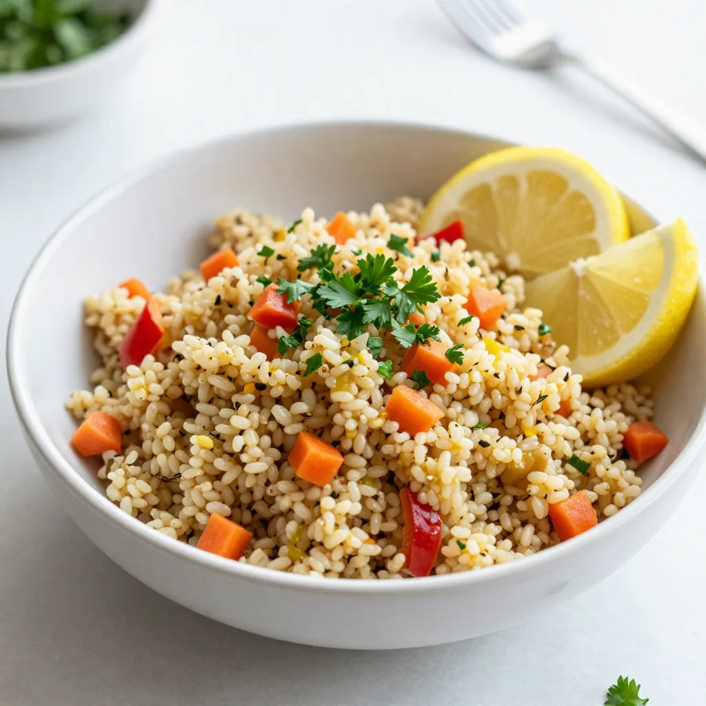 To make Lemon Herb Quinoa Pilaf, gather these simple ingredients: - 1 cup quinoa, rinsed - 2 cups vegetable broth or water - 1 tablespoon olive oil - 1 small onion, finely chopped - 2 cloves garlic, minced - 1 carrot, diced - 1 red bell pepper, diced - 1 teaspoon dried thyme - 1 teaspoon dried oregano - Zest of 1 lemon - 2 tablespoons fresh parsley, chopped - Salt and pepper to taste - Lemon wedges (for serving) Each ingredient plays a key role in building flavor. The quinoa serves as the base and is packed with protein. The herbs and lemon zest add bright, fresh notes. Using fresh herbs can boost the flavor of your pilaf. Fresh parsley adds a burst of color and taste. If you use dried herbs, remember that they are more concentrated. You may want to adjust the amounts. - Fresh herbs: Use more for a vibrant taste. - Dried herbs: Use less since they pack more flavor. Both types work well, but fresh herbs can elevate your dish to a new level. Want to add more flavor to your pilaf? Here are some fun ideas: - Nuts: Toasted almonds or walnuts add crunch. - Dried fruits: Raisins or cranberries bring sweetness. - Cheese: Feta or goat cheese adds a creamy touch. - Cooked protein: Add chicken, tofu, or beans for more sustenance. These options can make the dish richer and more varied. Each choice gives you a chance to personalize your Lemon Herb Quinoa Pilaf. {{ingredient_image_1}} Start by gathering your ingredients. You need fresh onion, garlic, carrot, and red bell pepper. Chop the onion finely. Then, mince the garlic. Next, dice the carrot and red bell pepper into small pieces. This helps them cook evenly. Heat 1 tablespoon of olive oil in a medium saucepan over medium heat. Add the chopped onion first. Sauté for 3 to 4 minutes until the onion becomes translucent. Then, add the minced garlic. Stir them together for about 30 seconds. This brings out the garlic's flavor. Now, add the diced carrot and red bell pepper. Cook these for another 5 minutes. You want the veggies to be slightly tender but still crisp. This will add great texture to your pilaf. After the vegetables are ready, it’s time to add the quinoa. Pour in 1 cup of rinsed quinoa. Stir it well with the vegetables to coat them. This will help the quinoa absorb all the flavors. Next, pour in 2 cups of vegetable broth or water. Add 1 teaspoon of dried thyme, 1 teaspoon of dried oregano, lemon zest, salt, and pepper. Stir everything together until it mixes well. Now, increase the heat to high. Bring the mixture to a boil. Once it boils, reduce the heat to low. Cover the saucepan and let it simmer for 15 minutes. The quinoa will absorb the liquid and become fluffy. When the time is up, remove the pan from heat. Keep it covered for an extra 5 minutes. This step helps the quinoa finish cooking perfectly. After 5 minutes, use a fork to fluff the quinoa gently. This helps separate the grains. Stir in 2 tablespoons of chopped fresh parsley. It adds color and freshness to your dish. For serving, place the pilaf in a large bowl or on a platter. Garnish it with lemon wedges and extra parsley. This brightens up the look and adds a zesty touch. Enjoy your flavorful and nutritious Lemon Herb Quinoa Pilaf! When making Lemon Herb Quinoa Pilaf, avoid using unwashed quinoa. Rinsing removes a bitter coating called saponin. This step makes your dish taste better. Also, don’t skip the simmer time. If you lift the lid too soon, the quinoa may not cook evenly. Lastly, overcooking can make quinoa mushy. Stick to the time for the best texture. Taste your dish as you cook. This helps you add the right amount of salt and pepper. If you want more zing, add extra lemon zest or a splash of lemon juice. Fresh herbs, like parsley, can also boost flavor. If you want a richer taste, try adding more olive oil. Always adjust based on your personal preference. Fluffy quinoa is key for a great pilaf. Start with the right water-to-quinoa ratio. Use two cups of liquid for each cup of quinoa. After cooking, let it sit covered for five minutes. This step helps steam the quinoa and makes it fluffy. Finally, fluff it gently with a fork. This separates the grains and enhances the texture. Pro Tips Use Fresh Herbs: Fresh parsley and other herbs elevate the flavor profile of your pilaf, adding brightness and freshness. Always opt for fresh when possible! Rinse Quinoa Thoroughly: Rinsing quinoa removes its natural coating, called saponin, which can impart a bitter taste. Make sure to rinse it well before cooking. Add Extra Veggies: Feel free to customize the pilaf by adding more vegetables like zucchini or peas for added nutrition and color. Perfect Portioning: For a balanced meal, serve the pilaf alongside a protein source, like grilled chicken or chickpeas, to complete your dish. {{image_2}} You can boost the protein in your Lemon Herb Quinoa Pilaf. Adding chicken is a great option. Cook it in the same pan after sautéing the onion and garlic. You can also add cubed tofu for a plant-based choice. If you prefer beans, black beans or chickpeas work well. Just rinse and stir them in at the end. Feel free to swap out the veggies based on what’s in season. Use zucchini or asparagus in spring. In fall, try butternut squash or Brussels sprouts. These changes keep the dish fresh and exciting. Each vegetable adds its unique taste and texture. Experimenting with herbs can create a new flavor profile. Instead of thyme and oregano, try basil and dill for a fresh twist. Or, use rosemary for a more robust flavor. Each herb brings its own charm, making your pilaf even more delightful. After enjoying your Lemon Herb Quinoa Pilaf, store any leftovers in an airtight container. Let the pilaf cool to room temperature first. This keeps it fresh and prevents sogginess. Place the container in the fridge. It will stay good for up to four days. When you are ready to eat it again, check for any off smells or changes in texture. If it seems fine, you’re all set! If you want to keep your pilaf longer, freezing is a great option. Portion the cooled quinoa into small containers or freezer bags. Remove as much air as possible from the bags. Label them with the date. You can freeze the pilaf for up to three months. When you’re ready to use it, thaw it in the fridge overnight. This keeps the texture nice. To reheat your Lemon Herb Quinoa Pilaf, you have a few options. You can use the microwave or the stovetop. For the microwave, place the pilaf in a bowl. Add a splash of water to keep it moist. Heat for about 1-2 minutes or until warm. For the stovetop, add the pilaf to a pan with a little water over low heat. Stir until heated through. Enjoy your meal just as delicious as the first time! Yes, you can make Lemon Herb Quinoa Pilaf ahead of time. This dish keeps well in the fridge. Store it in an airtight container. It stays fresh for about three to four days. When ready to serve, just reheat it in the microwave or on the stove. You can add a splash of water or broth to keep it moist. Yes, quinoa is gluten-free. This makes it a great choice for people with gluten sensitivities or celiac disease. Quinoa is a seed, not a grain, which sets it apart from many other foods. This seed also adds a nice nutty flavor to your dishes. You can enjoy it in salads, bowls, and pilafs. Quinoa offers many nutritional benefits. First, it is packed with protein. In fact, it has all nine essential amino acids. This makes quinoa a complete protein source, great for vegetarians or vegans. It is also high in fiber, which helps digestion. Quinoa is rich in vitamins and minerals like magnesium, iron, and B vitamins. Plus, it has antioxidants that support overall health. Enjoying quinoa can be a tasty way to boost your nutrition! In this blog post, we covered the essential ingredients for a delicious quinoa pilaf, including fresh and dried herbs. You learned step-by-step how to prepare vegetables, cook quinoa, and serve it perfectly. We discussed common mistakes, seasoning tips, and how to make fluffy quinoa. You explored variations with proteins and seasonal veggies. Lastly, we addressed storage tips and answered key FAQs. Remember, cooking is about creativity. Enjoy your quinoa pilaf and make it your own!