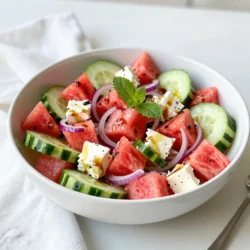 To make a refreshing Cucumber Watermelon Feta Salad, gather these simple ingredients: - 2 cups of seedless watermelon, diced - 1 large cucumber, peeled and diced - 1 cup of feta cheese, crumbled - 1/4 cup of red onion, thinly sliced - 1/4 cup of fresh mint leaves, chopped - 2 tablespoons of extra virgin olive oil - 1 tablespoon of balsamic vinegar - Salt and black pepper to taste Each ingredient brings its own flavor. The watermelon adds sweetness, while the cucumber adds crunch. Feta cheese gives a salty kick. The mint leaves add freshness to the dish. Olive oil and balsamic vinegar create a tangy dressing that ties everything together. Using fresh ingredients makes your salad shine. Always pick ripe watermelon and firm cucumbers. Fresh mint leaves will enhance the taste. Enjoy selecting your ingredients for this tasty treat! {{ingredient_image_1}} - Dicing Watermelon and Cucumber First, grab your seedless watermelon. Cut it into small, bite-sized cubes. Next, take a large cucumber. Peel it, then slice it into half-moon shapes. Add both the diced watermelon and cucumber to a large mixing bowl. - Slicing Red Onion Now, take 1/4 cup of red onion. Use a sharp knife to slice it thinly. The onion adds a nice crunch and flavor to the salad. Toss the sliced onion into the bowl with your watermelon and cucumber. - Combining Watermelon, Cucumber, Onion, and Feta Take 1 cup of crumbled feta cheese and add it to the bowl. The feta brings a creamy texture and salty taste. Gently mix everything together. Be careful not to break the feta too much while stirring. - Whisking Olive Oil and Balsamic Vinegar In a small bowl, pour 2 tablespoons of extra virgin olive oil and 1 tablespoon of balsamic vinegar. Use a whisk to mix them well. This dressing is key for flavor. - Seasoning with Salt and Pepper Add salt and black pepper to taste. Start with a pinch of each. You can always add more later. Whisk until everything is combined and smooth. - Tossing the Salad Drizzle the dressing over the salad mixture. Gently toss everything together again. Make sure all the ingredients are coated with the dressing. - Allowing the Salad to Marinate Let the salad sit for about 10 minutes. This helps the flavors blend together. It’s a simple step, but it makes a big difference in taste. Now, your salad is ready to serve! Selecting Ripe Watermelon Choose a watermelon that feels heavy for its size. Look for a uniform shape and a creamy spot on the bottom. This spot shows it ripened on the ground. When you thump it, it should sound hollow. Sweet and juicy watermelon makes this salad shine. Picking Fresh Cucumbers Look for cucumbers that are firm and dark green. Avoid those with soft spots or wrinkles. Fresh cucumbers add a nice crunch to the salad. If you can, pick organic cucumbers for better taste and health benefits. Ideal Pairings for the Salad This salad pairs well with grilled meats like chicken or fish. It also works great alongside sandwiches or wraps. The fresh flavors complement rich dishes nicely. For a lighter meal, serve it with a side of crusty bread. Garnishing Ideas Add extra mint leaves on top for a pop of color. You can also sprinkle some toasted nuts for crunch. A few slices of lime or lemon can brighten the flavors. These small touches make your salad look even more inviting. Tips to Adjust the Dressing If you want a tangier taste, add more balsamic vinegar. You can also try different oils, like lemon-infused olive oil. For a creamier dressing, mix in a little Greek yogurt. Experiment until you find your perfect balance. Adding Heat or Sweet For a spicy kick, add a pinch of red pepper flakes. If you prefer sweetness, drizzle some honey over the salad. Both options can elevate the flavor and make it your own. Enjoy the creative process and have fun with it! Pro Tips Choose Ripe Watermelon: Look for a watermelon that is symmetrical and has a uniform shape. A yellow spot on one side indicates ripeness. Fresh Mint Matters: Use fresh mint leaves for the best flavor. If possible, avoid dried mint as it lacks the bright taste. Chill Before Serving: For an extra refreshing salad, chill the watermelon and cucumber before mixing them with the other ingredients. Adjust Feta to Taste: You can increase or decrease the amount of feta cheese based on your preference for saltiness and creaminess. {{image_2}} Using other melons can change the taste of your salad. Try cantaloupe or honeydew. These melons add their own sweet twist. You can also use berries for a juicy burst. They will bring a lovely color to the dish. Adding different herbs can change your flavor profile too. Basil works great and gives a fresh zing. Cilantro can also add a unique taste. Experimenting with herbs keeps things fresh and fun. Incorporating grilled chicken or shrimp makes this salad more filling. The grilled meats add a nice smoky flavor. Simply slice the cooked meat and add it to your salad. This makes it a complete meal. Adding quinoa is a great vegetarian option. Cooked quinoa adds protein and a nutty taste. Mix it in after cooking to keep it fluffy. This way, all eaters can enjoy a healthy meal. Creamy dressings can give your salad a different vibe. Try a yogurt-based dressing for a rich taste. It pairs well with the fruit and cheese. Using citrus-based dressings brings a bright flavor. Lemon or lime juice adds zest. Mix it with olive oil for a simple yet tasty option. Citrus works well with the sweet and salty mix. To keep your Cucumber Watermelon Feta Salad fresh, follow these steps: - Refrigeration Guidelines: Always store the salad in the fridge. The cool air keeps it crisp and tasty. - Container Recommendations: Use a glass or plastic container with a lid. This helps keep air out and moisture in. - Shelf Life in the Fridge: The salad stays good for about 2 to 3 days. After that, it may lose flavor and texture. - Signs of Spoilage: Look for wilting mint leaves or mushy cucumber. If it smells sour, it’s best to toss it. By following these tips, you can enjoy your salad longer and waste less food! Yes, you can make this salad ahead of time. Just keep the dressing separate until you are ready to serve. If you mix it all ahead, the salad may get soggy. Assemble the salad and dress it about 30 minutes before serving for the best taste. Yes, this salad is gluten-free. All the ingredients are naturally free from gluten. You can enjoy it worry-free if you have gluten sensitivities. Absolutely! You can use goat cheese for a tangy taste or even cottage cheese for a lighter option. Just remember that different cheeses will change the flavor a bit. This salad pairs well with grilled meats like chicken or shrimp. You could also serve it with pita bread or a light soup. It’s a great side dish for summer barbecues. To store the leftover salad, place it in an airtight container. Keep it in the fridge for up to two days. If the salad has dressing, it may not be as fresh after a day. This Cucumber Watermelon Feta Salad is refreshing and easy to make. We explored key ingredients, preparation steps, and tips for selection and storage. Remember, you can personalize this dish with different fruits or proteins. Adjust the dressing to match your taste or try other cheeses if you prefer. This salad is great for gatherings or a quick side. Enjoy making it and sharing it with others. It’s a fun way to stay healthy and delighted in your meals.