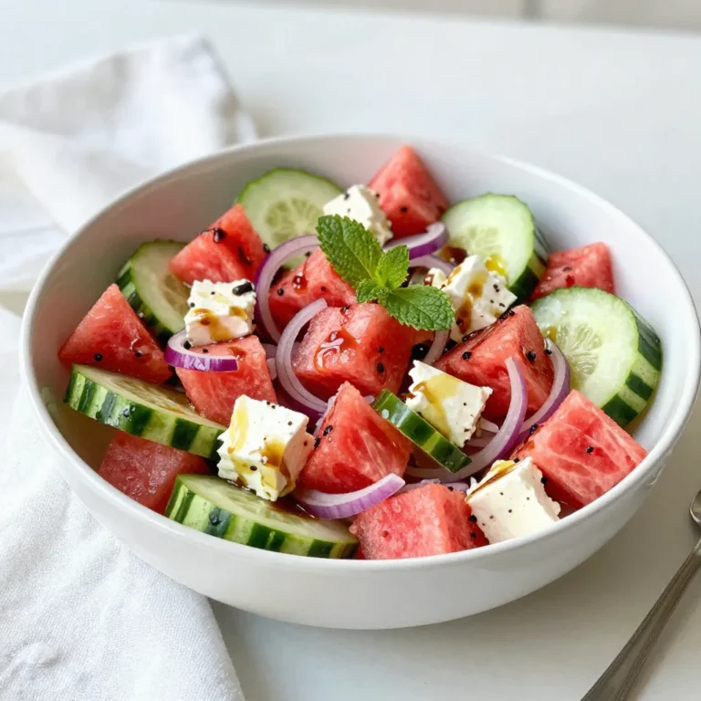 To make a refreshing Cucumber Watermelon Feta Salad, gather these simple ingredients: - 2 cups of seedless watermelon, diced - 1 large cucumber, peeled and diced - 1 cup of feta cheese, crumbled - 1/4 cup of red onion, thinly sliced - 1/4 cup of fresh mint leaves, chopped - 2 tablespoons of extra virgin olive oil - 1 tablespoon of balsamic vinegar - Salt and black pepper to taste Each ingredient brings its own flavor. The watermelon adds sweetness, while the cucumber adds crunch. Feta cheese gives a salty kick. The mint leaves add freshness to the dish. Olive oil and balsamic vinegar create a tangy dressing that ties everything together. Using fresh ingredients makes your salad shine. Always pick ripe watermelon and firm cucumbers. Fresh mint leaves will enhance the taste. Enjoy selecting your ingredients for this tasty treat! {{ingredient_image_1}} - Dicing Watermelon and Cucumber First, grab your seedless watermelon. Cut it into small, bite-sized cubes. Next, take a large cucumber. Peel it, then slice it into half-moon shapes. Add both the diced watermelon and cucumber to a large mixing bowl. - Slicing Red Onion Now, take 1/4 cup of red onion. Use a sharp knife to slice it thinly. The onion adds a nice crunch and flavor to the salad. Toss the sliced onion into the bowl with your watermelon and cucumber. - Combining Watermelon, Cucumber, Onion, and Feta Take 1 cup of crumbled feta cheese and add it to the bowl. The feta brings a creamy texture and salty taste. Gently mix everything together. Be careful not to break the feta too much while stirring. - Whisking Olive Oil and Balsamic Vinegar In a small bowl, pour 2 tablespoons of extra virgin olive oil and 1 tablespoon of balsamic vinegar. Use a whisk to mix them well. This dressing is key for flavor. - Seasoning with Salt and Pepper Add salt and black pepper to taste. Start with a pinch of each. You can always add more later. Whisk until everything is combined and smooth. - Tossing the Salad Drizzle the dressing over the salad mixture. Gently toss everything together again. Make sure all the ingredients are coated with the dressing. - Allowing the Salad to Marinate Let the salad sit for about 10 minutes. This helps the flavors blend together. It’s a simple step, but it makes a big difference in taste. Now, your salad is ready to serve! Selecting Ripe Watermelon Choose a watermelon that feels heavy for its size. Look for a uniform shape and a creamy spot on the bottom. This spot shows it ripened on the ground. When you thump it, it should sound hollow. Sweet and juicy watermelon makes this salad shine. Picking Fresh Cucumbers Look for cucumbers that are firm and dark green. Avoid those with soft spots or wrinkles. Fresh cucumbers add a nice crunch to the salad. If you can, pick organic cucumbers for better taste and health benefits. Ideal Pairings for the Salad This salad pairs well with grilled meats like chicken or fish. It also works great alongside sandwiches or wraps. The fresh flavors complement rich dishes nicely. For a lighter meal, serve it with a side of crusty bread. Garnishing Ideas Add extra mint leaves on top for a pop of color. You can also sprinkle some toasted nuts for crunch. A few slices of lime or lemon can brighten the flavors. These small touches make your salad look even more inviting. Tips to Adjust the Dressing If you want a tangier taste, add more balsamic vinegar. You can also try different oils, like lemon-infused olive oil. For a creamier dressing, mix in a little Greek yogurt. Experiment until you find your perfect balance. Adding Heat or Sweet For a spicy kick, add a pinch of red pepper flakes. If you prefer sweetness, drizzle some honey over the salad. Both options can elevate the flavor and make it your own. Enjoy the creative process and have fun with it! Pro Tips Choose Ripe Watermelon: Look for a watermelon that is symmetrical and has a uniform shape. A yellow spot on one side indicates ripeness. Fresh Mint Matters: Use fresh mint leaves for the best flavor. If possible, avoid dried mint as it lacks the bright taste. Chill Before Serving: For an extra refreshing salad, chill the watermelon and cucumber before mixing them with the other ingredients. Adjust Feta to Taste: You can increase or decrease the amount of feta cheese based on your preference for saltiness and creaminess. {{image_2}} Using other melons can change the taste of your salad. Try cantaloupe or honeydew. These melons add their own sweet twist. You can also use berries for a juicy burst. They will bring a lovely color to the dish. Adding different herbs can change your flavor profile too. Basil works great and gives a fresh zing. Cilantro can also add a unique taste. Experimenting with herbs keeps things fresh and fun. Incorporating grilled chicken or shrimp makes this salad more filling. The grilled meats add a nice smoky flavor. Simply slice the cooked meat and add it to your salad. This makes it a complete meal. Adding quinoa is a great vegetarian option. Cooked quinoa adds protein and a nutty taste. Mix it in after cooking to keep it fluffy. This way, all eaters can enjoy a healthy meal. Creamy dressings can give your salad a different vibe. Try a yogurt-based dressing for a rich taste. It pairs well with the fruit and cheese. Using citrus-based dressings brings a bright flavor. Lemon or lime juice adds zest. Mix it with olive oil for a simple yet tasty option. Citrus works well with the sweet and salty mix. To keep your Cucumber Watermelon Feta Salad fresh, follow these steps: - Refrigeration Guidelines: Always store the salad in the fridge. The cool air keeps it crisp and tasty. - Container Recommendations: Use a glass or plastic container with a lid. This helps keep air out and moisture in. - Shelf Life in the Fridge: The salad stays good for about 2 to 3 days. After that, it may lose flavor and texture. - Signs of Spoilage: Look for wilting mint leaves or mushy cucumber. If it smells sour, it’s best to toss it. By following these tips, you can enjoy your salad longer and waste less food! Yes, you can make this salad ahead of time. Just keep the dressing separate until you are ready to serve. If you mix it all ahead, the salad may get soggy. Assemble the salad and dress it about 30 minutes before serving for the best taste. Yes, this salad is gluten-free. All the ingredients are naturally free from gluten. You can enjoy it worry-free if you have gluten sensitivities. Absolutely! You can use goat cheese for a tangy taste or even cottage cheese for a lighter option. Just remember that different cheeses will change the flavor a bit. This salad pairs well with grilled meats like chicken or shrimp. You could also serve it with pita bread or a light soup. It’s a great side dish for summer barbecues. To store the leftover salad, place it in an airtight container. Keep it in the fridge for up to two days. If the salad has dressing, it may not be as fresh after a day. This Cucumber Watermelon Feta Salad is refreshing and easy to make. We explored key ingredients, preparation steps, and tips for selection and storage. Remember, you can personalize this dish with different fruits or proteins. Adjust the dressing to match your taste or try other cheeses if you prefer. This salad is great for gatherings or a quick side. Enjoy making it and sharing it with others. It’s a fun way to stay healthy and delighted in your meals.