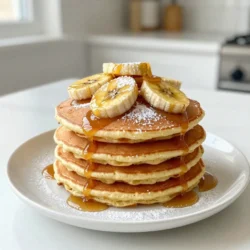 To make these tasty pancakes, you need just a few key ingredients: - 1 cup all-purpose flour - 1 tablespoon sugar - 2 teaspoons baking powder - 1/2 teaspoon salt - 1 large egg - 1 cup milk - 2 tablespoons melted butter (plus extra for cooking) - 2 ripe bananas, sliced - 2 tablespoons brown sugar - 1 teaspoon vanilla extract - 1/2 teaspoon ground cinnamon - Maple syrup (for serving) These ingredients create a fluffy pancake base and sweet caramelized banana topping. You can easily swap some ingredients if needed. Here are some ideas: - Use whole wheat flour for a nuttier taste. - Swap the egg for a flax egg if you want a vegan option. - Almond milk or oat milk can replace regular milk. - For a nutty flavor, add chopped walnuts or pecans to the batter. - You can also mix in chocolate chips for extra sweetness. These substitutions keep the recipe flexible while still being delicious. To make your pancakes even better, consider these tasty toppings: - Fresh banana slices for added texture. - A sprinkle of powdered sugar for a lovely finish. - A dollop of whipped cream for creaminess. - Add a drizzle of honey or agave syrup for extra sweetness. - A scoop of yogurt can also add a nice touch. These toppings enhance the flavor and make your pancakes look great on the plate. {{ingredient_image_1}} Start by gathering your dry ingredients. In a bowl, mix together 1 cup of all-purpose flour, 1 tablespoon of sugar, 2 teaspoons of baking powder, and 1/2 teaspoon of salt. This step helps ensure even distribution of the baking powder. Next, in another bowl, beat 1 large egg. Add 1 cup of milk, 2 tablespoons of melted butter, 1 teaspoon of vanilla extract, and 1/2 teaspoon of ground cinnamon. Mix these wet ingredients well. Now, slowly combine the wet mix with the dry mix. Stir gently until just combined. It’s okay if you see a few lumps; they will disappear during cooking. For caramelizing the bananas, heat a skillet over medium heat. Add a little butter to the pan. Then, place 2 sliced ripe bananas in the skillet. Sprinkle 2 tablespoons of brown sugar over the bananas. Cook them for 2 to 3 minutes until they turn soft and golden. The sugar will melt and create a sweet sauce. Remove the bananas from the skillet and set them aside. In the same skillet, pour about 1/4 cup of pancake batter for each pancake. Cook for 2 to 3 minutes. You’ll know it’s time to flip when bubbles form on the surface. Carefully flip the pancake and cook for another 1 to 2 minutes until it is golden brown. Repeat this process with the remaining batter. Don’t forget to add more butter to the skillet as needed. To serve, stack the pancakes high on a plate. Top them with the warm caramelized bananas. Finally, drizzle maple syrup over everything for a sweet finish. Enjoy your delicious breakfast treat! To get that sweet, golden-brown look on your bananas, use ripe ones. Ripe bananas have more sugar, which helps them caramelize better. Slice them into thick pieces to avoid burning. Heat your skillet on medium heat and add a little butter. Once it melts, add the bananas and brown sugar. Cook them for 2-3 minutes. Keep an eye on them, so they don’t burn. You want them soft and sweet, not mushy. Flipping pancakes can be tricky, but it’s easy with practice. Wait until you see bubbles forming on the surface of the pancake. This means it’s ready to flip. Use a wide spatula to get under the pancake. Flip it quickly and confidently. Cook the other side for 1-2 minutes until it’s golden brown. If you’re nervous, try flipping just one pancake at first. You’ll get the hang of it! If you have leftover pancakes, store them in a container. Let them cool before putting them in the fridge. They can last for about three days. To reheat, place them in a toaster or skillet. Heat them gently to keep them soft. You can also microwave them for about 20-30 seconds. Just add a little butter or syrup on top to bring back the flavor! Pro Tips Use Ripe Bananas: The riper the bananas, the sweeter and more flavorful your pancakes will be. Look for bananas with brown spots for the best taste. Don’t Overmix: When combining wet and dry ingredients, stir until just combined. A few lumps are perfectly fine and will result in lighter pancakes. Adjust Heat as Needed: Keep an eye on your skillet’s temperature. If pancakes are browning too quickly, lower the heat to ensure they cook through without burning. Experiment with Toppings: While caramelized bananas are delicious, feel free to get creative with toppings like nuts, berries, or whipped cream for added flavor and texture. {{image_2}} You can make these pancakes gluten-free. Use a 1-to-1 gluten-free flour blend. This blend usually works well in recipes like this one. The texture might change slightly, but the taste stays great. Always check the blend's ingredients. Some blends have added gums that help with texture. For a vegan version, swap the egg with a flaxseed egg. Mix one tablespoon of ground flaxseed with three tablespoons of water. Let it sit for five minutes to thicken. Replace the milk with almond milk or oat milk. Use coconut oil instead of butter for cooking. The pancakes will be just as tasty and fluffy. You can boost the flavor in fun ways. Add chopped nuts like walnuts or pecans to the batter. They add a nice crunch. Chocolate chips are another great option. Sprinkle them in the batter before flipping the pancakes. You can also mix in spices like nutmeg or cardamom for a warm flavor. Each variation keeps the dish exciting! To store leftover pancakes, let them cool first. Place them in an airtight container. You can stack them with a piece of parchment paper between each pancake. This keeps them from sticking together. Store the container in the fridge for up to three days. Freezing pancakes is easy and smart. Once cooled, place them in a single layer on a baking sheet. Freeze them for about one hour. This helps keep them flat. After that, transfer the pancakes to a freezer-safe bag or container. Make sure to remove as much air as possible. Pancakes can last up to three months in the freezer. When you want to enjoy frozen pancakes, you have a few options. For quick thawing, pop them in the microwave for about 30 seconds. If you prefer a crispier texture, reheat them in a skillet over low heat for a few minutes. You can also use a toaster. Just toast them until heated through. Top with caramelized bananas and maple syrup for a treat! Yes, you can use whole wheat flour. It adds a nutty taste and makes pancakes healthier. Use the same amount, but the texture may be a bit denser. To keep them fluffy, consider adding a little extra baking powder. To make pancakes fluffier, focus on your mixing. Mix the wet and dry ingredients just until combined. A few lumps are fine. Also, let the batter rest for about five minutes before cooking. This allows the baking powder to work better. If you want to skip eggs, try using mashed bananas or applesauce. Use 1/4 cup of either for each egg. You can also use flaxseed meal mixed with water. Combine one tablespoon of flaxseed meal with three tablespoons of water. Let it sit for a few minutes until it thickens. In this post, we explored how to make caramelized banana pancakes from start to finish. We covered essential ingredients, helpful tips, and tasty variations. You learned how to caramelize bananas perfectly and store extras for later. In conclusion, these pancakes are a fun twist on breakfast. Customizing them makes each bite exciting. Enjoy experimenting with flavors to find your favorite!