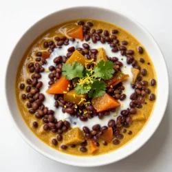 To make a creamy coconut lentil curry, gather these fresh and easy-to-find ingredients: - 1 cup red lentils, rinsed - 1 can (400ml) coconut milk - 1 medium onion, finely chopped - 2 cloves garlic, minced - 1 inch ginger, grated - 1 medium carrot, diced - 1 bell pepper, diced (any color) - 1 can (14 oz) diced tomatoes - 1 tablespoon curry powder - 1 teaspoon turmeric powder - 1 teaspoon cumin seeds - 1 tablespoon olive oil - Salt and pepper to taste - Fresh cilantro, for garnish - Zest of 1 lime - 1 tablespoon lime juice Each ingredient plays a key role. The red lentils form the base, while coconut milk adds creaminess. Onions, garlic, and ginger bring depth to the flavor. Carrots and bell peppers add color and nutrition. The spices—like curry powder and turmeric—give warmth and richness to the dish. You can adjust the spices to fit your taste. For example, add more chili powder if you like heat. Fresh cilantro at the end adds a burst of freshness. Use lime zest and juice for a zesty kick. This dish is not only simple but also packed with flavor. Enjoy making your creamy coconut lentil curry! {{ingredient_image_1}} 1. Heat the olive oil in a large pot over medium heat. 2. Add the cumin seeds and sauté them for about 1 minute. They should smell great. 3. Next, toss in the chopped onion. Cook it until it is soft and clear, about 5 minutes. 4. Add the minced garlic and grated ginger. Cook for another minute until fragrant. 5. Now, add the diced carrot and bell pepper. Cook for 3-4 minutes, stirring often until they start to soften. 6. Sprinkle in the curry powder and turmeric powder. Stir well to coat the veggies in the spices. 7. Pour in the diced tomatoes and the rinsed lentils. Mix everything together. 8. Finally, add the coconut milk and 2 cups of water. Stir until combined. 1. Bring the mixture to a gentle boil over medium heat. 2. Once it boils, lower the heat to low. Cover the pot and let it simmer for 20-25 minutes. 3. Check the lentils and veggies for tenderness. They should be soft and ready. 4. Season the curry with salt, pepper, lime zest, and lime juice. Stir well to blend the flavors. 5. Serve hot, and top with fresh cilantro. Enjoy it with rice or your favorite bread! - Choosing the right lentils: I recommend using red lentils. They cook fast and turn creamy. Avoid green or brown lentils as they take longer and stay firm. - Adjusting spice levels: Start with one tablespoon of curry powder. You can always add more later. If you love heat, try adding red pepper flakes or fresh chili. - Cooking time and texture tips: Simmer your curry for 20-25 minutes. This lets the lentils soften and absorb flavors. If you prefer a thicker curry, cook it a bit longer. - Suggested herbs and additional spices: Fresh cilantro adds brightness. You can also try adding fresh basil or mint for a twist. A pinch of cinnamon can bring warmth. - Adding sweetness or heat: If your curry is too spicy, add a teaspoon of sugar or honey. This balances the heat and adds depth. - Experimenting with coconut milk brands: Not all coconut milk is the same! Some brands are thicker and creamier. Try a few to find your favorite. Pro Tips Use fresh spices: Fresh spices can significantly enhance the flavor of your curry. Consider grinding whole spices like cumin seeds just before cooking for maximum aroma. Adjust the heat: If you prefer a spicier curry, add some chopped green chilies or a pinch of cayenne pepper along with the other spices. Make it creamy: For an even creamier texture, blend a portion of the cooked lentils and vegetables before serving, then mix it back into the pot. Garnish creatively: Experiment with different garnishes such as toasted coconut flakes, slivered almonds, or a drizzle of coconut cream for added texture and visual appeal. {{image_2}} You can change up the protein in your creamy coconut lentil curry easily. Adding chicken gives a hearty feel. Shrimp adds a touch of seafood flavor. If you want a plant-based option, tofu works great too. Just cut the tofu into cubes and add it during cooking. For a vegetarian or vegan twist, use chickpeas. They add protein and texture, making the dish satisfying. Feel free to swap out the vegetables in your curry. Try adding spinach for some greens. Zucchini can add a nice texture too. You can even toss in sweet potatoes for a touch of sweetness. Using seasonal veggies makes this dish fresh and fun. Think about what you have on hand. This way, you can make the recipe your own. Pair your creamy coconut lentil curry with rice or naan. Both options soak up the sauce well. You can also serve it with a side salad for a light touch. When plating, try to make it look nice. A sprinkle of fresh cilantro on top adds color and flavor. Use lime wedges on the side for a zesty kick. Aim for serving sizes of about one cup per person for a filling meal. Enjoy your curry warm for the best taste. To keep your creamy coconut lentil curry fresh, store it in an airtight container. Place it in the fridge if you plan to eat it within three days. Make sure it is completely cool before sealing. If you want to save it longer, you can freeze it. Use a freezer-safe container and leave some space at the top. The curry can last up to three months in the freezer. When you're ready to enjoy your leftovers, gently reheat the curry. You can use a pot on the stove over low heat. Stir it often to avoid sticking. If you prefer the microwave, place it in a microwave-safe bowl. Heat it in short intervals, stirring in between, until it’s hot. To keep the flavor and texture, add a splash of water or extra coconut milk while reheating. This helps return some creaminess. Enjoy it with fresh rice or bread to complete your meal! Yes, you can use other lentils. Brown or green lentils work well. However, they may take longer to cook. Red lentils cook faster and break down more. This gives the curry a creamier texture. Yes, this recipe is gluten-free. All the ingredients, like lentils and coconut milk, are safe for a gluten-free diet. Just make sure any added seasonings are also gluten-free. To add spice, try red pepper flakes or diced fresh chili. You can also add a teaspoon of cayenne pepper. Start with a little, and taste as you go. This way, you can control the heat level. Yes, you can make this curry ahead of time. It tastes even better the next day as the flavors mix. Store it in an airtight container. Keep it in the fridge for up to three days. Serve this curry with rice or naan bread. You can also enjoy it with quinoa for a healthy twist. A fresh salad or steamed vegetables make a great side dish too. You now have all you need to make a delicious lentil curry. With simple ingredients like red lentils, coconut milk, and fresh veggies, it’s easy to prepare. Remember to adjust the spices to fit your taste. Try different proteins or vegetables to make it unique. Enjoy leftovers by following the storage tips and reheating correctly. I hope this recipe inspires you to cook and share this tasty dish with others. Happy cooking!