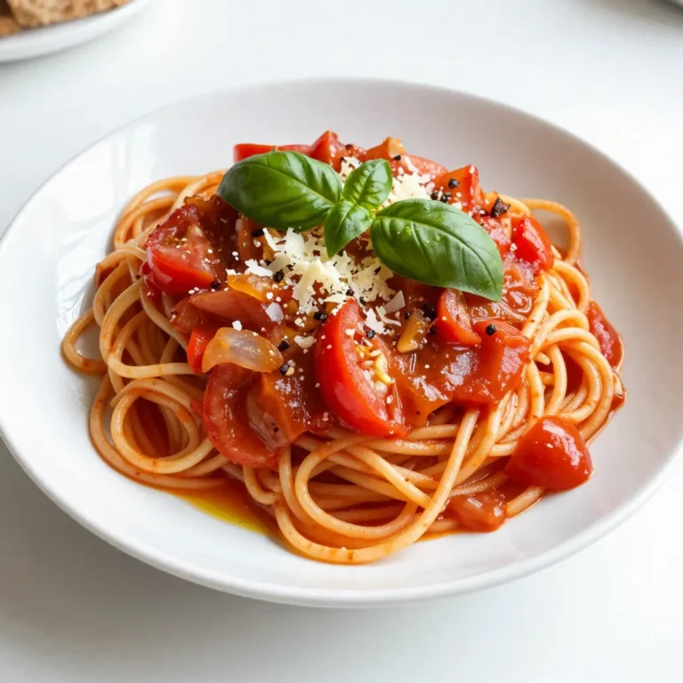 To make a great tomato basil pasta, you need fresh and simple ingredients. Here’s what you will use: - 300g spaghetti or linguine - 4 large ripe tomatoes, diced - 2 cloves garlic, minced - 1 medium onion, finely chopped - 1 cup fresh basil leaves, roughly chopped - 3 tablespoons olive oil - Salt and black pepper to taste These items work together to create a delicious dish. The ripe tomatoes add sweetness, while the basil gives a fresh flavor. Garlic and onion bring depth to the sauce. You can add extra flavors to your pasta with optional ingredients. Consider using: - 1 teaspoon red pepper flakes (for some heat) - Grated Parmesan cheese (for serving) Red pepper flakes add a nice kick. If you love cheese, sprinkle some Parmesan on top for a creamy touch. For a special finish, you can top your pasta with: - Extra fresh basil leaves - A drizzle of olive oil These toppings not only make your dish look beautiful but also enhance the taste. Fresh basil and olive oil add brightness and richness. Enjoy creating your tasty tomato basil pasta! {{ingredient_image_1}} Start with a big pot. Fill it with water and add salt. Bring the water to a boil. Once boiling, add 300g of spaghetti or linguine. Follow the package instructions for cooking time. Test the pasta a minute early. It should be firm yet tender. This means it is al dente. Save 1 cup of pasta water before draining. Set your pasta aside after draining. Grab a large skillet and heat it over medium heat. Pour in 3 tablespoons of olive oil. Once hot, add 1 finely chopped onion. Sauté for 3 to 4 minutes until it softens. Next, add 2 minced garlic cloves and optional red pepper flakes. Cook for 1 minute to bring out the garlic's aroma. Then, toss in 4 diced ripe tomatoes. Let this mixture cook for 8 to 10 minutes. Stir occasionally until the tomatoes break down into a sauce. Now it’s time to mix! Add the cooked pasta to your skillet with the sauce. Toss everything together. Make sure the pasta is well coated. If the sauce is too thick, add your reserved pasta water slowly. Keep mixing until you reach your preferred thickness. Finally, stir in 1 cup of roughly chopped fresh basil. Season with salt and black pepper to taste. Enjoy your delicious creation! To cook spaghetti or linguine just right, use a large pot. Fill it with water and add salt. Bring the water to a boil before adding the pasta. Stir it gently to prevent sticking. Check the package for cooking time. Aim for al dente, meaning firm but not hard. When done, save one cup of pasta water. This water helps adjust the sauce's thickness later. For a rich sauce, use ripe tomatoes. They add sweetness and depth. Sauté onions in olive oil until soft. This brings out their sweetness. Add minced garlic just before the tomatoes. This keeps the garlic’s flavor strong. Red pepper flakes give a nice kick. Adjust the amount based on your taste. Always season with salt and black pepper to brighten the dish. Serve the pasta hot right from the skillet. This keeps it warm and appealing. Add a sprinkle of fresh basil on top for color. Grated Parmesan cheese adds a nice touch and flavor. Use a large fork to twirl the pasta on the plate. This creates a beautiful nest shape. A drizzle of olive oil can add shine. Enjoy the vibrant colors and aromas! Pro Tips Use Fresh Ingredients: The flavor of this dish greatly depends on the freshness of the tomatoes and basil. Choose ripe, in-season tomatoes for the best taste. Perfect Pasta Cooking: Always cook pasta until al dente to maintain a firm texture. This helps it hold up better when mixed with the sauce. Adjust the Sauce: If your sauce is too thick, gradually add reserved pasta water until you reach the desired consistency. This also helps the sauce adhere better to the pasta. Enhance Flavor with Cheese: For an extra layer of flavor, consider adding freshly grated Parmesan cheese or a sprinkle of nutritional yeast for a vegan option. {{image_2}} You can easily add protein to your tomato basil pasta. Grilled chicken or shrimp work well. For chicken, season with salt and pepper. Cook it in a hot skillet until golden and cooked through. For shrimp, simply sauté them in olive oil until they turn pink. Toss either into the pasta before serving. This makes the dish hearty and filling. If you want a vegetarian or vegan option, skip the cheese. You can add more veggies like zucchini, bell peppers, or mushrooms. Roast them for extra flavor. If you need protein, try chickpeas or lentils. They add a nice texture and boost nutrition. You can easily swap ingredients to change the flavor. For a spicy kick, add more red pepper flakes. If you love a tangy taste, try adding capers or olives. You can also mix in different herbs like oregano or thyme. These swaps can transform the dish while keeping it fresh and fun. To store leftover tomato basil pasta, let it cool down first. Place the pasta in an airtight container. This keeps it fresh and safe from any bad smells. You can keep it in the fridge for up to three days. Make sure to label the container with the date. This way, you won't forget when you made it! When you are ready to eat the pasta again, use the stovetop for reheating. Put the pasta in a pan over low heat. Add a splash of water or olive oil to help it heat evenly. Stir it often so it warms up without sticking. You can also use the microwave. Just cover the bowl and heat it in short bursts. Check and stir often to avoid hot spots. If you want to save some pasta for later, freezing is a great option. Divide the cooled pasta into portions. Use freezer-safe bags or containers to store them. Make sure to remove as much air as possible to prevent freezer burn. You can keep it frozen for up to two months. When ready to eat, thaw it overnight in the fridge. Then, reheat it using one of the methods above. Yes, you can use canned tomatoes. They are a great choice when fresh ones are not available. Canned tomatoes often have a rich flavor, especially if they are whole or diced. Look for high-quality brands with no added sugar or preservatives. When using canned tomatoes, drain some liquid to avoid a watery sauce. You can also add a bit of sugar to balance acidity if needed. Absolutely! This recipe is perfect for meal prep. You can cook a large batch and store it in airtight containers. It keeps well in the fridge for 3-5 days. Just reheat portions in the microwave or on the stove. The flavors may deepen, making it even tastier. If you plan to store it, keep the fresh basil and cheese separate until serving to maintain freshness. To make this dish gluten-free, swap out regular pasta for gluten-free pasta. There are many great options made from rice, corn, or lentils. Cook the gluten-free pasta according to the package instructions. The sauce remains the same, so you won't lose any flavor. This way, everyone can enjoy this delicious dish without worry. Tomato basil pasta is simple yet full of flavor. You learned about key ingredients and how to make the sauce. We covered tips for cooking pasta and enhancing flavors. You can even try different toppings and variations, like adding chicken or shrimp. Remember how to store leftovers properly for the best taste later. Now, it’s your turn to make this dish. Enjoy the process and share it with others. This meal brings joy and comfort to the table.