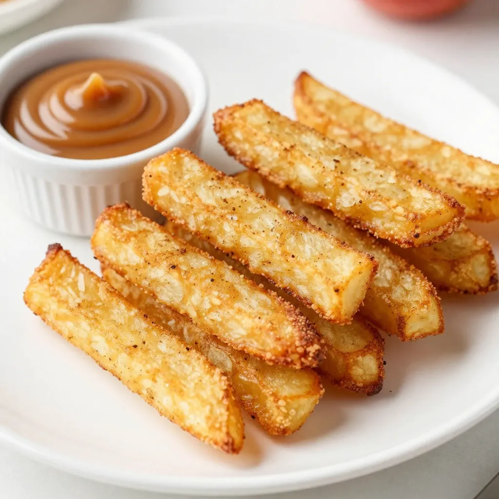 - 3 medium apples (like Granny Smith or Honeycrisp), peeled and cut into sticks - 1 cup all-purpose flour - 1 teaspoon cinnamon - 1/2 teaspoon nutmeg - 1/4 teaspoon salt - 1 cup breadcrumbs (preferably panko for extra crunch) - 2 large eggs, beaten - Cooking spray or oil for the air fryer For the apple fries, I suggest using Granny Smith or Honeycrisp apples. These varieties have the right balance of sweetness and tartness. The flour, cinnamon, nutmeg, and salt create a tasty coating. Panko breadcrumbs give a nice crunch. Mixing eggs helps the breading stick well. - 1 cup soft caramel candies, unwrapped - 1/4 cup heavy cream (or milk for a lighter version) For the caramel dip, I like using soft caramel candies. They melt well and taste great. Heavy cream adds richness, but you can use milk if you prefer a lighter dip. Just mix these two ingredients over low heat until smooth. {{ingredient_image_1}} First, you need to peel the apples. Use a sharp peeler to remove the skin. This step helps the fries cook evenly. Next, cut the apples into fry-shaped sticks. Aim for about 1/4 inch wide. This size gives you the perfect balance of crispiness and tenderness. Now, let's set up your breading station. Use three bowls for this. In the first bowl, mix flour, cinnamon, nutmeg, and salt. The spices add a warm flavor. In the second bowl, beat the eggs until smooth. The eggs help the breading stick. In the third bowl, add the panko breadcrumbs. This will give your fries a crunchy texture. Before you begin frying, preheat your air fryer to 375°F (190°C). Lightly spray the basket with cooking spray. Place the breaded apple fries in a single layer. Make sure they don’t touch. This allows hot air to circulate around them. You may need to fry in batches. Spray the tops of the fries with a bit more cooking spray for extra crispiness. Cook for about 10-12 minutes, flipping halfway through. Look for a golden brown color to know they are done. While your fries cook, prepare the caramel dip. Use a small saucepan and set it over low heat. Add the soft caramel candies and heavy cream. Stir gently until everything melts together. This method ensures a smooth dip without burning. Once mixed, remove it from heat and let it cool slightly before serving. To get crispy apple fries, avoid overlapping them in the air fryer. Each fry needs space to cook. If they touch, they won't crisp up well. Cook in batches if needed. This ensures each fry gets nice and crunchy. Using cooking spray is key. Lightly coat the air fryer basket before placing the fries inside. Then, spray the tops of the fries. This helps them brown evenly. A little oil goes a long way. It keeps them from sticking and adds to the crispiness. You can make your caramel dip even better. Try adding a pinch of sea salt for a sweet and salty mix. A splash of vanilla extract gives it a rich flavor. Both make the dip unique and tasty. If you have leftover dip, store it in an airtight container. It keeps well in the fridge for about a week. To reheat, warm it gently in the microwave. Stir it well to make it smooth again. Enjoy it with more apple fries or even on ice cream! Pro Tips Choose the Right Apples: Opt for crisp apples like Granny Smith or Honeycrisp for the best texture and flavor. Double-Dip for Extra Crunch: For a thicker coating, dip the apple sticks in the flour mixture, then the egg, and back into the flour mixture before the breadcrumbs. Watch the Cooking Time: Keep an eye on the fries as they cook; air fryers can vary in temperature, and you want them golden brown but not burnt. Customize the Dip: Feel free to mix in a pinch of sea salt or a splash of vanilla extract to the caramel dip for extra flavor. {{image_2}} You can choose different apples for your fries. Each type has its own taste. Tart apples, like Granny Smith, give a nice zing. Sweet apples, like Honeycrisp, add a rich flavor. Mixing both types lets you enjoy a unique taste. Try half tart and half sweet for a fun twist! If you want a gluten-free option, use almond flour or crushed gluten-free cereal. They work great as a coating. You can also try crushed cornflakes for an extra crunch. This change keeps the fries crispy and tasty. Apple fries taste amazing with more than just caramel dip. You can pair them with chocolate sauce or yogurt. For a gourmet touch, sprinkle some chopped nuts or drizzle honey on top. This adds texture and more flavor to your treat! - Best Practices for Refrigeration: Let the apple fries cool down. Place them in an airtight container. Store them in the fridge for up to three days. This keeps them fresh and prevents sogginess. - Reheating Methods to Retain Crispiness: Use the air fryer for reheating. Set it to 350°F (175°C) for about 5-6 minutes. This method brings back their crispiness. Avoid using the microwave, as it makes them soft. - How to Store and Reheat: Store leftover caramel dip in a sealed container. Keep it in the fridge for up to a week. To reheat, use a microwave in short bursts, stirring in between. This keeps the dip smooth and warm. - Shelf Life Expectations: The caramel dip lasts about a week in the fridge. If it thickens, just stir in a bit of cream or milk when reheating. This helps restore its creamy texture. Yes, you can use other fruits. Try pears for a sweet twist. Bananas also work well; just slice them thicker. Sweet potatoes can be a fun option too. They add a unique flavor and texture. Air fryer apple fries last about three days in the fridge. Store them in an airtight container. To keep them crispy, place a paper towel at the bottom. This will help absorb moisture. Yes, you can make a lighter caramel dip. Use less cream or swap it with almond milk. You may also try maple syrup as a sweetener. This will cut down on sugar and calories. You can prep apple fries ahead of time. Cut and bread them, then store in the fridge. Just cook them when you are ready. This makes for a quick snack or dessert. You now have all the tools to make delicious apple fries. We covered the key ingredients, preparation steps, and frying techniques. You learned how to make a tasty caramel dip, too. Remember to use the right apples and personalize your dips. Store them well to keep them fresh. Enjoy your cooking and impress friends and family with this easy snack. Get creative and have fun with flavors!