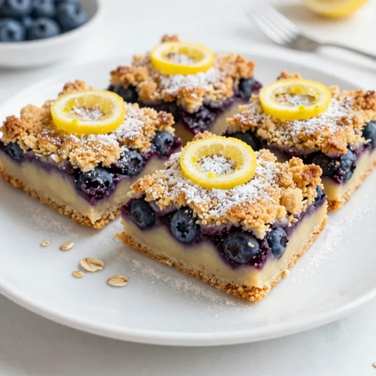 To make lemon blueberry crumb bars, you need a simple list of ingredients. Each item plays a key role in creating that bright, zesty flavor and perfect crumbly texture. Here’s what you’ll need: - 1 ¾ cups all-purpose flour - ¾ cup granulated sugar - ½ cup unsalted butter, softened - 1 large egg - 1 teaspoon vanilla extract - 1 teaspoon baking powder - ½ teaspoon salt - Zest of 1 lemon - 1 cup fresh blueberries - 2 tablespoons fresh lemon juice - ½ teaspoon ground cinnamon - ½ cup old-fashioned oats - ¼ cup brown sugar Using high-quality ingredients makes a big difference. Fresh blueberries are key for flavor, while lemon zest adds that bright note. Don't skip the oats; they add a nice texture to the crumb topping. {{ingredient_image_1}} First, set your oven to 350°F (175°C). This heat makes the bars bake perfectly. While it warms up, you can focus on getting your dish ready. In a big bowl, mix softened butter with granulated sugar. Use a mixer or a spoon. Beat it until it feels light and fluffy. Then, add in the egg, vanilla extract, and lemon zest. Mix until it blends well. In another bowl, whisk together the all-purpose flour, baking powder, and salt. This step is key for good texture. Slowly add this dry mix to the wet mix. Stir until just combined. Don't over-mix! Take the dough and scoop it into the prepared baking dish. Press it down evenly to form your crust. Bake this base for about 15 to 20 minutes. Look for a light golden color. In a medium bowl, toss the fresh blueberries with lemon juice and ground cinnamon. Make sure every berry gets coated. Spread these blueberries over the baked crust evenly. In a separate bowl, combine the oats, brown sugar, and any leftover flour. Add a bit of the crust mixture. This will help form crumbs. Sprinkle this crumb mix over the blueberries. Put the baking dish back in the oven. Bake for another 25 to 30 minutes. You want the topping to be golden brown and see the blueberries bubbling. Once baked, take it out of the oven. Let it cool completely in the pan on a wire rack. When cool, lift the bars out using the parchment paper. Slice into squares and enjoy! To make the best lemon blueberry crumb bars, follow these tips: - Use fresh blueberries: They give the best taste and texture. - Cream the butter and sugar well: This step adds air to the mixture, making your bars light. - Don’t overmix the batter: Mix until just combined to keep the texture tender. - Cool completely before slicing: This helps the bars hold their shape when cut. These bars shine when served right. Here are some ideas: - Dust with powdered sugar: This adds sweetness and a pretty look. - Top with lemon zest: It brightens the flavor and adds color. - Serve with fresh blueberries: A side of berries makes for a lovely presentation. - Pair with whipped cream or ice cream: This adds creaminess and a fun twist. Want to tweak the sweetness of your bars? Here’s how: - Start with less sugar: Use ½ cup of sugar instead of ¾ cup for a lighter taste. - Add more lemon juice: This will brighten the flavor and balance the sweetness. - Try a sugar substitute: Use honey or maple syrup for a natural alternative. - Taste before baking: Adjust the sweetness to your liking, but remember, the final taste will be less sweet after baking. Pro Tips Use Fresh Blueberries: For the best flavor and texture, always opt for fresh blueberries. They will burst with flavor and create a juicy filling. Chill the Dough: If your crust mixture feels too soft to handle, chill it in the refrigerator for about 15 minutes before pressing it into the pan. This will help it firm up and make it easier to work with. Check for Doneness: The crumb topping should be golden brown, and the blueberries should be bubbling. Use a toothpick to check the crust; it should come out clean when inserted. Store Properly: To keep your bars fresh, store them in an airtight container in the refrigerator for up to a week. They can also be frozen for longer storage. {{image_2}} You can switch up the blueberries for other fruits. Raspberries and blackberries work great. Cherries, diced peaches, or strawberries also add fun flavors. Each fruit brings a new twist. Just remember to adjust the sugar. Some fruits are sweeter than blueberries. To make these bars vegan, replace the egg with flaxseed meal. Mix 1 tablespoon of flaxseed meal with 2.5 tablespoons of water. Let it sit for five minutes until it thickens. Use coconut oil instead of unsalted butter. This keeps the bars rich and tasty without dairy. If you need gluten-free bars, use almond or oat flour. These flours can replace all-purpose flour easily. Just ensure your oats are gluten-free if you choose to use them. You may need to adjust the amount of flour slightly. Start with less and add more if needed. To keep your lemon blueberry crumb bars fresh, place them in an airtight container. Store them at room temperature for up to three days. If you want to keep them longer, the fridge is a great option. They can last up to a week when chilled. Just remember to let them cool completely before storing. You can freeze these bars for later enjoyment. Once cooled, cut them into squares. Wrap each piece tightly in plastic wrap or foil. Place the wrapped bars in a freezer-safe bag. They will stay fresh for up to three months. When ready to eat, just thaw them in the fridge overnight. To enjoy your bars warm, you can reheat them in the oven. Preheat the oven to 350°F (175°C). Place the bars on a baking sheet and cover them with foil. Heat for about 10-15 minutes. If you prefer the microwave, heat one square at a time for about 10-15 seconds. This will bring back their soft texture and warm flavor. Yes, you can use frozen blueberries. Just keep them frozen until you mix them into the batter. This helps them hold their shape. If you thaw them first, they may get mushy. Adjust the baking time if needed, but they should work well. Lemon blueberry crumb bars last about five days at room temperature. Store them in an airtight container. They can also last up to two weeks in the fridge. Just make sure they are sealed well to keep them fresh. You can use other citrus fruits like lime or orange. Each fruit will give a different taste. Lime adds a nice zing, while orange brings sweetness. Just use the same amount of juice and zest in your recipe. The best way to cut the bars is when they are fully cool. Use a sharp knife for clean cuts. Start at the center and slice outwards. For neat edges, wipe the knife between cuts. Enjoy the perfect squares! This blog post shared how to make delicious lemon blueberry crumb bars. You learned about the key ingredients and exact steps for baking. I also gave tips for perfect results and fun variations. Storing these bars is easy, so you can enjoy them longer. Baking can be fun and rewarding. Experiment with flavors and enjoy your tasty treats!