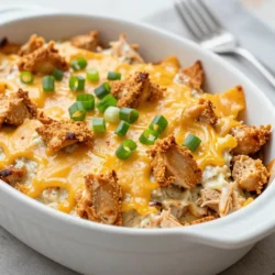 To make the Cheesy Chicken Doritos Casserole, gather these items: - 2 cups cooked chicken, shredded - 1 can (10.5 oz) cream of chicken soup - 1 cup sour cream - 1 cup shredded cheddar cheese - 1 cup ranch dressing - 4 cups Nacho Cheese Doritos, crushed - 1 cup corn (frozen or canned) - 1 teaspoon garlic powder - 1 teaspoon onion powder - 1 teaspoon chili powder - Salt and pepper to taste These ingredients create a creamy and cheesy dish. The Doritos add a fun crunch and flavor. For a fresh touch, consider these garnishes: - Chopped green onions - Fresh cilantro These garnishes add color and taste. You can mix and match based on your preference. To prepare this casserole, you will need: - A large mixing bowl - A greased 9x13 inch baking dish - Measuring cups and spoons - A spoon for mixing These tools help you combine and bake the casserole easily. Enjoy the cooking process! {{ingredient_image_1}} To start, gather your ingredients. You need cooked chicken, cream of chicken soup, sour cream, ranch dressing, and spices. In a large bowl, mix the shredded chicken, cream of chicken soup, sour cream, and ranch dressing. Add garlic powder, onion powder, chili powder, and a pinch of salt and pepper. Stir until everything blends well. Next, fold in the corn and half of the crushed Doritos. This step adds crunch and flavor to the dish. Now it’s time to layer your casserole. Grease a 9x13 inch baking dish. Spread half of the chicken mixture evenly across the bottom. Next, sprinkle half of the shredded cheddar cheese on top of the chicken. Then, add the rest of the chicken mixture. Top it off with the remaining cheddar cheese. Finally, sprinkle the rest of the crushed Doritos on top for a crunchy finish. Preheat your oven to 350°F (175°C). Place the assembled casserole in the oven. Bake for 25-30 minutes. You want the cheese to be bubbly and the edges to be slightly golden brown. Once baked, take it out and let it cool for a few minutes. If you like, you can garnish it with chopped green onions or fresh cilantro before serving. Enjoy your tasty Cheesy Chicken Doritos Casserole! To get that perfect texture in your Cheesy Chicken Doritos Casserole, mix carefully. You want the chicken and sauces to blend well without turning mushy. The crushed Doritos add a nice crunch. Use fresh Doritos, as stale ones can ruin the dish. Baking it just right makes the cheese melt and bubble but not burn. You can prep this casserole a day before. Just follow the recipe and layer the ingredients in your dish. Cover it tightly with plastic wrap. When you're ready to bake, remove the wrap and bake from cold. This can add 5-10 minutes to your cooking time. It’s a great way to save time on busy nights. One common mistake is overmixing the chicken and sauce. This can make the mixture too soft. Another mistake is not crushing the Doritos well. Large pieces won’t cook evenly and won’t give you that desired crunch. Lastly, don’t skip the resting time after baking. Letting it cool helps the layers set. Pro Tips Use Rotisserie Chicken: For a quicker prep time, consider using store-bought rotisserie chicken instead of cooking your own. It adds flavor and saves time! Customize Your Cheese: Feel free to mix different cheeses such as Monterey Jack or Pepper Jack with the cheddar for a unique flavor profile. Add Vegetables: Enhance the nutritional profile by adding more vegetables like bell peppers or spinach to the mixture. Make Ahead: This casserole can be prepared a day in advance. Just cover it and refrigerate, then bake it when you're ready to serve! {{image_2}} You can make this dish healthier. Use Greek yogurt instead of sour cream. Swap the cream of chicken soup for a low-fat version. This keeps the flavor but cuts some calories. You can also add more veggies. Try bell peppers or spinach for extra nutrients. These changes make it a bit lighter but still tasty. If you don’t have certain ingredients, don’t worry! You can use any cooked chicken. Rotisserie chicken works great. For cheese, try mozzarella or pepper jack for a different taste. Want some kick? Use spicy ranch dressing instead of regular. This keeps the dish fun and fresh each time you make it. Doritos are fun, but you can mix it up. Use Cool Ranch Doritos for a twist. You could even try BBQ-flavored chips for a smoky taste. Each flavor gives you a new dish. Get creative and see what works best for you! To store your Cheesy Chicken Doritos Casserole, let it cool first. Place the leftovers in an airtight container. You can keep it in the fridge for up to three days. If you want to keep it longer, freezing is a great option. When you're ready to enjoy leftovers, reheating is simple. You can use the oven or microwave. For the oven, preheat to 350°F (175°C). Place the casserole in a baking dish, cover it with foil, and heat for about 20 minutes. If using a microwave, heat in short bursts, checking often. Make sure it reaches an even temperature. To freeze the casserole, wrap it tightly in plastic wrap and then in aluminum foil. This helps prevent freezer burn. You can freeze it for up to three months. When you're ready to eat, thaw it in the fridge overnight before reheating. Be sure to check the texture after freezing; it should still taste great! Yes, you can use different proteins in this casserole. Ground turkey or beef works well. You can also use shredded pork or even tofu for a plant-based option. Just make sure to cook any raw meat before mixing it into the casserole. This keeps the dish safe and tasty. Yes, you can make this casserole vegetarian. Simply swap the chicken for a mix of beans or more corn. You can use black beans, pinto beans, or chickpeas. These add protein and great flavor. Be sure to check your cream of chicken soup for meat products. Use a veggie version instead. To adjust the spice level, you can change the chili powder amount. If you like it mild, use less or none. For a spicy kick, add cayenne pepper or jalapeños. You can also add hot sauce to the mixture for extra heat. Taste as you go to find your perfect level. This casserole lasts about 3 to 4 days in the fridge. Store it in an airtight container to keep it fresh. If you want to enjoy it later, consider freezing it. Just make sure to let it cool before you freeze it. You now have a clear guide to making a delicious casserole. We covered the main ingredients, cooking tools, and easy steps for prep and baking. Remember the tips for texture, storage, and avoiding common mistakes. You can also explore different variations to fit your needs. With this knowledge, you can create a tasty meal that everyone will love. Enjoy your cooking journey and share your results!