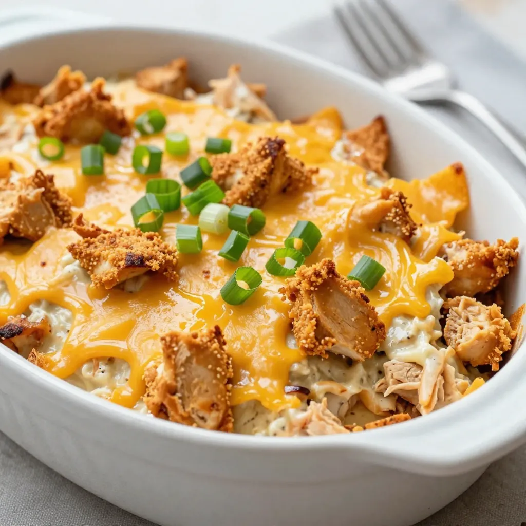 To make the Cheesy Chicken Doritos Casserole, gather these items: - 2 cups cooked chicken, shredded - 1 can (10.5 oz) cream of chicken soup - 1 cup sour cream - 1 cup shredded cheddar cheese - 1 cup ranch dressing - 4 cups Nacho Cheese Doritos, crushed - 1 cup corn (frozen or canned) - 1 teaspoon garlic powder - 1 teaspoon onion powder - 1 teaspoon chili powder - Salt and pepper to taste These ingredients create a creamy and cheesy dish. The Doritos add a fun crunch and flavor. For a fresh touch, consider these garnishes: - Chopped green onions - Fresh cilantro These garnishes add color and taste. You can mix and match based on your preference. To prepare this casserole, you will need: - A large mixing bowl - A greased 9x13 inch baking dish - Measuring cups and spoons - A spoon for mixing These tools help you combine and bake the casserole easily. Enjoy the cooking process! {{ingredient_image_1}} To start, gather your ingredients. You need cooked chicken, cream of chicken soup, sour cream, ranch dressing, and spices. In a large bowl, mix the shredded chicken, cream of chicken soup, sour cream, and ranch dressing. Add garlic powder, onion powder, chili powder, and a pinch of salt and pepper. Stir until everything blends well. Next, fold in the corn and half of the crushed Doritos. This step adds crunch and flavor to the dish. Now it’s time to layer your casserole. Grease a 9x13 inch baking dish. Spread half of the chicken mixture evenly across the bottom. Next, sprinkle half of the shredded cheddar cheese on top of the chicken. Then, add the rest of the chicken mixture. Top it off with the remaining cheddar cheese. Finally, sprinkle the rest of the crushed Doritos on top for a crunchy finish. Preheat your oven to 350°F (175°C). Place the assembled casserole in the oven. Bake for 25-30 minutes. You want the cheese to be bubbly and the edges to be slightly golden brown. Once baked, take it out and let it cool for a few minutes. If you like, you can garnish it with chopped green onions or fresh cilantro before serving. Enjoy your tasty Cheesy Chicken Doritos Casserole! To get that perfect texture in your Cheesy Chicken Doritos Casserole, mix carefully. You want the chicken and sauces to blend well without turning mushy. The crushed Doritos add a nice crunch. Use fresh Doritos, as stale ones can ruin the dish. Baking it just right makes the cheese melt and bubble but not burn. You can prep this casserole a day before. Just follow the recipe and layer the ingredients in your dish. Cover it tightly with plastic wrap. When you're ready to bake, remove the wrap and bake from cold. This can add 5-10 minutes to your cooking time. It’s a great way to save time on busy nights. One common mistake is overmixing the chicken and sauce. This can make the mixture too soft. Another mistake is not crushing the Doritos well. Large pieces won’t cook evenly and won’t give you that desired crunch. Lastly, don’t skip the resting time after baking. Letting it cool helps the layers set. Pro Tips Use Rotisserie Chicken: For a quicker prep time, consider using store-bought rotisserie chicken instead of cooking your own. It adds flavor and saves time! Customize Your Cheese: Feel free to mix different cheeses such as Monterey Jack or Pepper Jack with the cheddar for a unique flavor profile. Add Vegetables: Enhance the nutritional profile by adding more vegetables like bell peppers or spinach to the mixture. Make Ahead: This casserole can be prepared a day in advance. Just cover it and refrigerate, then bake it when you're ready to serve! {{image_2}} You can make this dish healthier. Use Greek yogurt instead of sour cream. Swap the cream of chicken soup for a low-fat version. This keeps the flavor but cuts some calories. You can also add more veggies. Try bell peppers or spinach for extra nutrients. These changes make it a bit lighter but still tasty. If you don’t have certain ingredients, don’t worry! You can use any cooked chicken. Rotisserie chicken works great. For cheese, try mozzarella or pepper jack for a different taste. Want some kick? Use spicy ranch dressing instead of regular. This keeps the dish fun and fresh each time you make it. Doritos are fun, but you can mix it up. Use Cool Ranch Doritos for a twist. You could even try BBQ-flavored chips for a smoky taste. Each flavor gives you a new dish. Get creative and see what works best for you! To store your Cheesy Chicken Doritos Casserole, let it cool first. Place the leftovers in an airtight container. You can keep it in the fridge for up to three days. If you want to keep it longer, freezing is a great option. When you're ready to enjoy leftovers, reheating is simple. You can use the oven or microwave. For the oven, preheat to 350°F (175°C). Place the casserole in a baking dish, cover it with foil, and heat for about 20 minutes. If using a microwave, heat in short bursts, checking often. Make sure it reaches an even temperature. To freeze the casserole, wrap it tightly in plastic wrap and then in aluminum foil. This helps prevent freezer burn. You can freeze it for up to three months. When you're ready to eat, thaw it in the fridge overnight before reheating. Be sure to check the texture after freezing; it should still taste great! Yes, you can use different proteins in this casserole. Ground turkey or beef works well. You can also use shredded pork or even tofu for a plant-based option. Just make sure to cook any raw meat before mixing it into the casserole. This keeps the dish safe and tasty. Yes, you can make this casserole vegetarian. Simply swap the chicken for a mix of beans or more corn. You can use black beans, pinto beans, or chickpeas. These add protein and great flavor. Be sure to check your cream of chicken soup for meat products. Use a veggie version instead. To adjust the spice level, you can change the chili powder amount. If you like it mild, use less or none. For a spicy kick, add cayenne pepper or jalapeños. You can also add hot sauce to the mixture for extra heat. Taste as you go to find your perfect level. This casserole lasts about 3 to 4 days in the fridge. Store it in an airtight container to keep it fresh. If you want to enjoy it later, consider freezing it. Just make sure to let it cool before you freeze it. You now have a clear guide to making a delicious casserole. We covered the main ingredients, cooking tools, and easy steps for prep and baking. Remember the tips for texture, storage, and avoiding common mistakes. You can also explore different variations to fit your needs. With this knowledge, you can create a tasty meal that everyone will love. Enjoy your cooking journey and share your results!