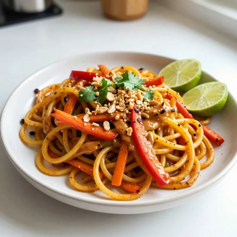 - 1 medium spaghetti squash - 2 tablespoons vegetable oil - 3 cloves garlic, minced - 1 red bell pepper, thinly sliced - 2 carrots, julienned - 1 cup bean sprouts - 2 green onions, chopped - 3 tablespoons soy sauce (or tamari for gluten-free) - 1 tablespoon peanut butter - 1 tablespoon lime juice - 1 teaspoon chili paste (adjust for spice preference) - ¼ cup crushed peanuts (for garnish) - Fresh cilantro (for garnish) - Lime wedges (for serving) Spaghetti squash is a low-calorie food. It has about 42 calories per cup. It is rich in fiber, which aids digestion. Garlic packs a punch of flavor and has health benefits too. One clove has about 4 calories and is great for your immune system. Red bell pepper is full of vitamins A and C. It has only 31 calories per cup. Carrots are not just crunchy; they have beta-carotene for good vision. Bean sprouts add a nice crunch and are low in calories. If you don’t have spaghetti squash, use zucchini instead. Zucchini gives a similar texture. For a nut-free option, skip the peanut butter and use sun butter. If you can’t find fresh bean sprouts, use shredded cabbage. For a gluten-free choice, tamari is an excellent swap for soy sauce. You can also adjust the spice by using less chili paste or omitting it altogether. {{ingredient_image_1}} To start, preheat your oven to 400°F (200°C). Grab a medium spaghetti squash. Cut it in half lengthwise and scoop out the seeds. Drizzle the cut sides with olive oil. Sprinkle some salt and pepper on top. Place the squash cut side down on a baking sheet. Roast it for about 30 to 40 minutes. You want it tender. Once it cools slightly, use a fork to shred the flesh into spaghetti-like strands. While your squash roasts, heat 2 tablespoons of vegetable oil in a large skillet over medium heat. Add 3 cloves of minced garlic and sauté for about 30 seconds. This will fill your kitchen with a lovely aroma! Next, stir in the thinly sliced red bell pepper and julienned carrots. Cook these for 3 to 4 minutes until they get tender. Then, toss in 1 cup of bean sprouts and half of the chopped green onions. Mix everything well. In a small bowl, whisk together 3 tablespoons of soy sauce, 1 tablespoon of peanut butter, 1 tablespoon of lime juice, and 1 teaspoon of chili paste. Pour this sauce over the veggies in the skillet. Toss until everything is coated evenly. Now, gently fold in the shredded spaghetti squash. Cook it all together for another 2 to 3 minutes until heated through. Don’t forget to taste and adjust the seasoning if you want more spice or tang. Finally, serve hot, garnished with crushed peanuts, remaining green onions, and fresh cilantro. Add lime wedges on the side for that extra zesty kick! To get the best spaghetti squash, start by cutting it in half lengthwise. Scoop out the seeds to make space. Drizzle oil on the cut sides and sprinkle salt and pepper. Place it cut side down on a baking sheet. Roast it at 400°F for 30 to 40 minutes. The squash is ready when tender. Use a fork to shred the flesh into strands. This gives you the perfect base for your Pad Thai. Garnishes are key to making your dish pop. After serving, sprinkle crushed peanuts on top for crunch. Add more green onions for freshness. Fresh cilantro provides a herbaceous note. Lime wedges add a bright kick. Each garnish enhances the flavors, making your meal more enjoyable. Adjusting spice is easy and fun. Start with one teaspoon of chili paste for a mild flavor. If you like it spicier, add more to taste. You can also serve extra chili paste on the side. This allows guests to customize their heat level. Make it as spicy or mild as you like! Pro Tips Choose a ripe spaghetti squash: Look for a squash that is firm and has a golden-yellow color. This ensures the best flavor and texture. Customize the veggies: Feel free to add other vegetables like snap peas or broccoli for added nutrition and color. Adjust the sauce: If you prefer a creamier sauce, add a splash of coconut milk to the sauce mixture for extra richness. Garnish generously: Don’t skip the crushed peanuts and cilantro—they add crunch and freshness that elevate the dish. {{image_2}} You can change up the protein in your Spaghetti Squash Pad Thai. Tofu works well for a vegan option. Just press and cube it before cooking. If you prefer meat, chicken or shrimp is great too. Cook your protein first, then add the veggies. This way, your protein gets nice and crispy. To keep it vegan, stick with the tofu. Use tamari instead of soy sauce for gluten-free. This swap keeps the taste full without any gluten. You can also skip the peanut butter if you have a nut allergy. Just add more lime juice for a zesty kick. Feel free to play with the sauce! Try adding sriracha for heat or coconut aminos for a sweeter taste. You can also mix in some hoisin sauce for a richer flavor. Each change gives a new twist on the classic dish. Use your taste buds to guide you! To keep your Spaghetti Squash Pad Thai fresh, place it in an airtight container. You can store it in the fridge for up to three days. Make sure it cools down before sealing to avoid extra moisture. When you’re ready to enjoy leftovers, heat them in a skillet over medium heat. Add a splash of water or soy sauce to keep it moist. Stir frequently for about five minutes until it’s hot. You can also use the microwave; just cover it and heat in short bursts. If you want to freeze your Spaghetti Squash Pad Thai, use a freezer-safe container. It can last up to three months in the freezer. When you’re ready to eat it, thaw it overnight in the fridge. Reheat it in a skillet for the best texture. Avoid freezing with garnishes, like cilantro or crushed peanuts, to keep them fresh. Spaghetti squash is a type of winter squash. When cooked, its flesh turns into strands that resemble spaghetti. This makes it a great low-carb option. Unlike traditional noodles, spaghetti squash has fewer calories and carbs. It also has a mild flavor that pairs well with many sauces and toppings. I love using it as a base for dishes like Pad Thai because it is light and fun to eat. Yes, you can make Spaghetti Squash Pad Thai ahead of time. Cook the squash and veggies, then store them in the fridge. Just keep the sauce separate until you’re ready to eat. This keeps everything fresh and tasty. When you are ready, just reheat everything together in a skillet. It will taste just as good! Using spaghetti squash provides many health benefits. It is low in calories and carbs, making it a smart choice for many diets. It is high in vitamins A and C, which are good for your immune system. Plus, it has fiber, which helps with digestion. Spaghetti squash is also a gluten-free option, so it’s friendly for those with gluten sensitivities. By choosing spaghetti squash, you make a healthy and delicious meal! In this blog post, we explored how to create a delicious Spaghetti Squash Pad Thai. We listed key ingredients, their nutrition, and smart substitutions. You learned step-by-step on preparing and cooking the dish. I shared tips for roasting squash and adjusting spice levels. We discussed protein options and ways to make it vegan. Lastly, I provided storage tips to keep leftovers fresh. Cooking should be fun and tasty. I hope you enjoy making this dish as much as I do!