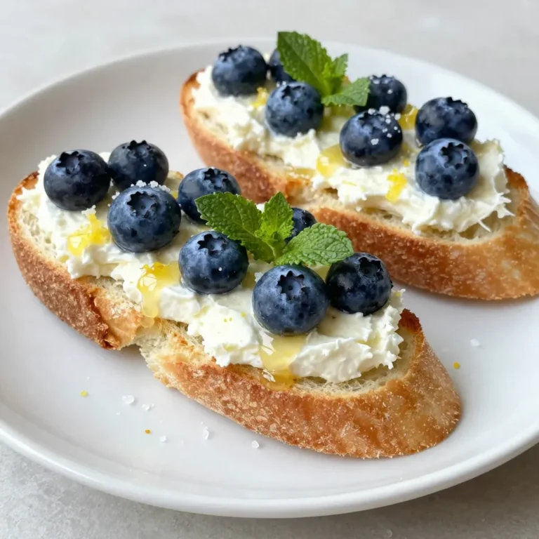 To make delicious Blueberry Lemon Ricotta Crostini, gather these simple ingredients: - Fresh ricotta cheese - Fresh blueberries - Baguette slices - Lemon juice and zest - Honey - Olive oil - Sea salt - Fresh mint leaves These ingredients come together to create a bright and tasty treat. The fresh ricotta adds creaminess, while the blueberries bring a sweet burst. The lemon juice and zest brighten the dish, enhancing the flavor. Honey adds a touch of sweetness, while sea salt balances it all. Olive oil helps toast the baguette slices, making them crisp. Finally, fresh mint leaves give a refreshing finish. {{ingredient_image_1}} 1. Preheating the oven First, set your oven to 400°F (200°C). This helps the crostini get nice and crispy. 2. Toasting the baguette slices Take your sliced baguette and place them on a baking sheet. Brush each slice lightly with olive oil. This adds flavor and helps them toast well. Toast them in the oven for 8-10 minutes. Flip them halfway through to get both sides golden. 3. Mixing the ricotta blend While the bread toasts, grab a bowl. Add 1 cup of fresh ricotta cheese. Then, mix in 2 tablespoons of honey, the zest of 1 lemon, and 2 tablespoons of fresh lemon juice. Stir until smooth. This blend is creamy and tasty. 4. Assembling the crostini Once the baguette slices are done and cool, it’s time to assemble. Spread a good layer of the ricotta mixture on each slice. Make sure to cover them well for maximum flavor. 5. Garnishing the finished dish Top each crostini with fresh blueberries. You can add as many as you like. Finish with a pinch of sea salt and a few fresh mint leaves. This adds a nice touch and makes them look great. Now, you have a colorful and tasty treat perfect for any party! To make the ricotta mixture just right, start with fresh ricotta cheese. The texture should be creamy but not too runny. Stir in honey for sweetness. This balances the tartness of lemon juice. Add lemon zest for bright flavor. A pinch of sea salt enhances all the tastes. Toasting the baguette is key to a perfect crostini. Preheat your oven to 400°F (200°C). Brush each slice with olive oil for a golden color. Toast for 8-10 minutes. Flip halfway to ensure even toasting. If you don’t have an oven, use a skillet. Heat it over medium heat and toast each slice until golden. This method works well too! Pro Tips Quality Ingredients: Always use fresh ricotta and ripe blueberries for the best flavor and texture in your crostini. Perfect Toasting: Keep an eye on the baguette slices while toasting to prevent them from burning; they should be golden brown and crispy. Layering Flavors: Feel free to add a dash of vanilla extract to the ricotta mixture for an extra layer of flavor that complements the lemon and blueberries. Make Ahead: You can prepare the ricotta mixture in advance and store it in the fridge. Just assemble the crostini right before serving for optimal freshness. {{image_2}} You can change the toppings for your crostini. Try using other fruits like strawberries or peaches. They add a sweet twist. You can also use different cheeses. Goat cheese or mascarpone works well too. If you like crunch, add nuts. Chopped walnuts or almonds make a great addition. Pair these crostini with drinks for a perfect party. A fruity white wine or a light beer matches well. For a fun twist, serve them with a fresh lemonade. You can also get creative with how you serve them. Place the crostini on a wooden board. Drizzle some extra honey on top for added sweetness. This makes your dish look even better. To keep your crostini fresh, store them in an airtight container. Place parchment paper between layers to prevent sticking. This method helps maintain their crispness. Crostini taste best within two days. After that, they may lose their crunch. If you have extra ricotta mix or toppings, store them separately. This keeps everything fresh. To reheat crostini, preheat your oven to 350°F (175°C). Place crostini on a baking sheet. Heat for about 5-7 minutes. This will restore some crunch and warmth. Keeping these tips in mind will help you enjoy your Blueberry Lemon Ricotta Crostini even after the party ends! Can I make Blueberry Lemon Ricotta Crostini ahead of time? Yes, you can. I suggest preparing the ricotta mix and the baguette slices in advance. Store the ricotta in the fridge. Keep the toasted baguette in an airtight bag. When you are ready to serve, spread the ricotta on the crostini and add the blueberries. What can I substitute for ricotta cheese? If you lack ricotta, consider using cream cheese or cottage cheese. Both options work well and offer a similar creamy texture. Mix in a bit of honey for sweetness to mimic ricotta's flavor. How do I keep the crostini from getting soggy? To prevent sogginess, toast the baguette slices until crisp. Avoid adding the toppings until just before serving. This way, the bread stays crunchy and holds up better against moisture from the ricotta and blueberries. You learned about making Blueberry Lemon Ricotta Crostini. We covered the key ingredients, like ricotta, blueberries, and honey. You saw easy steps to prepare and assemble this dish. Tips on perfecting the ricotta and toasting baguette slices help boost flavor. We explored fun variations and how to serve these crostinis. Lastly, I shared storage tips to keep your dish fresh. Enjoy creating this tasty treat. You'll impress yourself and others with your skills!