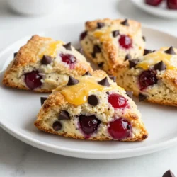To make Cherry Chocolate Chip Scones, you will need the following ingredients: - 2 cups all-purpose flour - 1/2 cup granulated sugar - 1 tablespoon baking powder - 1/2 teaspoon salt - 1/2 cup unsalted butter, cold and cubed - 1/2 cup heavy cream - 1 large egg - 1 teaspoon vanilla extract - 1 cup fresh or frozen cherries, chopped (pitted) - 1/2 cup semi-sweet chocolate chips - 1 egg yolk (for egg wash) Each ingredient plays a key role in the final taste and texture. The flour gives the scones structure. Sugar adds sweetness, while baking powder helps them rise. Salt enhances the flavors. The cold butter creates a flaky texture. Heavy cream makes them rich and tender. The egg binds the dough, and vanilla adds a warm flavor. Cherries provide tartness, and chocolate offers a sweet touch. Using fresh or frozen cherries is easy. If you use frozen, there's no need to thaw them. The egg wash gives a nice glaze to the scones. Gathering all these ingredients before you start helps keep the process smooth. {{ingredient_image_1}} - Preheat your oven to 400°F (200°C). - Line a baking sheet with parchment paper. Start by heating your oven. This will help the scones bake evenly. Parchment paper keeps them from sticking. It also makes cleanup easy. - Whisk together flour, sugar, baking powder, and salt. In a large bowl, combine the flour, sugar, baking powder, and salt. Whisk them well. This step ensures that everything mixes smoothly. Even mixing helps the scones rise nicely. - Add cold, cubed butter and mix until coarse crumbs form. Take your cold butter and cut it into small cubes. Add the butter to the bowl. Use your fingers or a pastry cutter to mix it. Stop when you see coarse crumbs. These crumbs give the scones their flaky texture. - Whisk together heavy cream, egg, and vanilla extract. - Pour wet mixture into dry ingredients and mix gently. In a separate bowl, whisk the heavy cream, egg, and vanilla. This mixture adds moisture and flavor. Pour it into the dry mix. Stir gently until just combined. Be careful not to overmix, or the scones will be tough. - Fold in chopped cherries and chocolate chips. Now, add your chopped cherries and chocolate chips. Fold them into the dough. This step adds sweetness and richness. Make sure they are evenly distributed for the best flavor. - Knead the dough slightly on a floured surface. - Shape into a circle and cut into wedges. Turn the dough out onto a floured surface. Knead it gently a few times until it holds together. Shape it into a circle about 1 inch thick. Cut the circle into 8 wedges, like slicing a pizza. This makes it easy to bake. - Brush tops with egg wash. - Bake for 15-20 minutes until golden brown. In a small bowl, beat an egg yolk with a little water. Brush this egg wash on top of the scones. It gives them a nice shine. Bake them for 15 to 20 minutes. They should be golden brown when done. Enjoy the warm, sweet smell filling your kitchen! - Importance of cold butter Using cold butter is key. It helps create a flaky texture. When you mix cold butter with flour, it forms pockets. These pockets create steam when baking, making your scones rise and be light. - Avoiding overmixing Mix gently. Overmixing makes scones tough. You want a soft dough that holds together. Stir just until you see no dry flour. Your scones will be much better when you do this. - Suggestions for flavor variations Want to switch things up? Try adding almond extract for a nutty taste. You can also use orange zest for a fresh twist. These small changes can make your scones even more exciting. - List of essential kitchen tools for baking scones Here are some tools I always use: - Mixing bowls - Whisk - Pastry cutter or fork - Baking sheet - Parchment paper - Measuring cups and spoons These tools will help you make the best scones with ease. Pro Tips Chill Your Ingredients: For flakier scones, ensure your butter and cream are cold. This helps create a tender texture as the butter melts during baking. Use Fresh Cherries: If possible, use fresh cherries for the best flavor. Frozen cherries can be used, but make sure to thaw and drain excess moisture to avoid soggy scones. Don't Overmix: When combining the wet and dry ingredients, mix just until incorporated. Overmixing can lead to tough scones. Experiment with Flavors: Feel free to add spices like cinnamon or nutmeg to the dough for an extra flavor twist, or swap out chocolate chips for white chocolate or nuts. {{image_2}} You can switch up the fruit in your scones. If you want to try something new, use raspberries, blueberries, or strawberries. Each fruit adds its unique flavor. Raspberries give a tart taste, while blueberries add sweetness. Strawberries bring a fresh, juicy bite. Just chop them up and mix them in like you would with cherries. For chocolate lovers, the type of chocolate you choose matters. You can use semi-sweet chocolate chips, or try dark chocolate for a richer taste. Milk chocolate offers a sweeter flavor and melts nicely. You can even mix different types of chocolate for a fun twist. Just remember to adjust the amount to keep the balance right. If you need a gluten-free option, you can use gluten-free flour blends. They work well in scones but may need a bit more liquid. You might want to add a touch of xantham gum to help bind the dough. Follow the same steps as the recipe, and you'll have tasty gluten-free cherry chocolate chip scones. You can store scones at room temperature or in the fridge. If you plan to eat them within two days, keep them in a sealed container at room temperature. This keeps them fresh and soft. For longer storage, place them in the fridge. They will last up to five days but may lose some softness. To enjoy scones warm, you can reheat them easily. The best method is to use an oven. Preheat it to 350°F (175°C). Place the scones on a baking sheet and heat for about 10 minutes. This method keeps them soft and tasty. You can also use a microwave. Heat for about 15-20 seconds, but this may make them a bit chewy. You can freeze both unbaked and baked scones. To freeze unbaked scones, place them on a baking sheet and freeze for an hour. Once frozen, transfer them to a freezer bag. When ready to bake, you can bake them straight from the freezer. Just add a few extra minutes to the baking time. For baked scones, let them cool completely, then wrap them tightly. They will stay good for up to three months. Yes, you can use frozen cherries. Just chop them while still frozen. This helps keep the scones from getting too wet. Make sure to pat them dry with a paper towel before adding them to the dough. Your scones are done when they turn golden brown. The edges should feel firm to the touch. You can also insert a toothpick into the center. If it comes out clean, the scones are ready. Yes, you can make the dough ahead of time. Wrap it tightly in plastic wrap and chill it in the fridge. Use it within 24 hours for the best results. Just remember to cut and bake it when you're ready. Serve the scones warm for the best flavor. They pair well with clotted cream or butter. A drizzle of honey adds a nice touch too. Enjoy them with a cup of tea or coffee for a perfect treat! These cherry chocolate chip scones are simple and fun to make. We covered every step, from mixing the right ingredients to baking them perfectly. Remember, cold butter and gentle mixing lead to the best texture. You can also customize your scones with different fruits or chocolate. Store them well to keep the flavor fresh. Enjoy your baking, and you’ll impress everyone with these tasty treats!