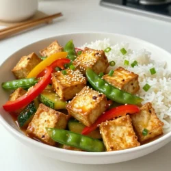 For this tasty dish, you need a few key items: - 1 block (14 oz) firm tofu, pressed and cubed - 2 tablespoons cornstarch - 2 tablespoons vegetable oil - 1 red bell pepper, sliced - 1 yellow bell pepper, sliced - 1 zucchini, sliced - 1 cup sugar snap peas - 3 green onions, chopped - 3 cloves garlic, minced - 1 tablespoon ginger, minced These ingredients work together well. The tofu gives protein, while the vegetables add color and crunch. For flavor, you will need: - 1/4 cup sweet chili sauce - 2 tablespoons soy sauce - 1 tablespoon rice vinegar These sauces make your stir-fry sweet and savory. They help blend all the tastes for a delicious meal. You can add some extra touches: - Sesame seeds for garnish (optional) These small seeds add a nice crunch and look good on your dish. They are not needed but can make your meal even better. {{ingredient_image_1}} To start, you need to press the tofu. This helps to remove extra moisture. Wrap the block of tofu in a clean kitchen towel. Then, place a heavy object on top for 15 to 20 minutes. After pressing, cut the tofu into cubes. This will help it cook better and absorb flavor. Next, take the cubed tofu and toss it with cornstarch in a bowl. The cornstarch gives the tofu a nice crispy texture. In a large skillet or wok, heat vegetable oil over medium-high heat. Add the tofu cubes and cook them for about 5 to 7 minutes. You want them golden brown on all sides. Once cooked, remove the tofu from the skillet and set it aside. In the same skillet, add the sliced red and yellow bell peppers, zucchini, and sugar snap peas. Stir-fry these veggies for about 3 to 4 minutes. They should be tender but still crisp. After that, add minced garlic and ginger to the skillet. Stir-fry for another minute until you smell their aroma. Now, return the crispy tofu to the skillet. Pour in the sweet chili sauce, soy sauce, and rice vinegar. Stir everything well to make sure it is evenly coated. Cook for an additional 2 to 3 minutes to let the sauce thicken a bit. Finally, remove from heat and stir in the chopped green onions. Enjoy your colorful and tasty stir-fry! Tofu needs pressing to remove extra water. Start by wrapping the tofu block in a clean kitchen towel. Place a heavy object on top for 15-20 minutes. This helps the tofu absorb flavors better. After pressing, cut the tofu into neat cubes for cooking. For crispy tofu, toss the cubed tofu in cornstarch. Make sure the tofu is evenly coated. This step is key to getting that nice crunch when cooked. Heat the vegetable oil in a skillet before adding the tofu. Cook until golden brown on all sides for best results. Fresh herbs can make your stir-fry pop with flavor. I love adding chopped green onions at the end. You might also try basil or cilantro for a fresh twist. Mixing in herbs adds depth and brightness to the dish. Don't skip this step for a tasty finish! Pro Tips Press Tofu Properly: Ensure you press the tofu long enough to remove excess moisture, which helps achieve a crispy texture when cooked. Use High Heat: Cooking the tofu and vegetables over medium-high heat allows for better caramelization and enhances flavor. Customize Vegetables: Feel free to add or substitute your favorite vegetables for a personalized touch, such as broccoli or carrots. Serve Immediately: For the best texture and flavor, serve the stir-fry immediately after cooking while it's hot and fresh. {{image_2}} You can switch tofu for other proteins. Try chicken, shrimp, or tempeh. Each choice adds a unique taste. Chicken cooks quickly. Shrimp adds a nice seafood flavor. Tempeh is great for a nutty texture. Adjust cooking times as needed. Use the same steps after marinating your protein. Add more veggies to your stir-fry for extra color and nutrition. Broccoli, carrots, or mushrooms work well. You can also try baby corn or bok choy. Just chop them into small pieces. Add these veggies when stir-frying. This way, they stay crunchy and fresh. You can mix and match to suit your taste. Want more heat? Add red pepper flakes or sliced chili peppers. This will give your dish a spicy kick. For a milder taste, reduce the sweet chili sauce. You can also serve it with chili sauce on the side. That way, everyone can adjust it to their liking. Enjoy experimenting with flavors! To store leftover stir-fry, let it cool first. Then, place it in an airtight container. This helps keep the flavors fresh. Store it in the fridge for up to 3 days. You can also separate the tofu and vegetables if you prefer. This keeps everything fresh. You can freeze sweet chili tofu stir-fry for later use. First, let it cool completely. Then, transfer it to a freezer-safe container. Make sure to remove as much air as possible. Label the container with the date. It will last for about 2 months in the freezer. When you're ready to eat, just thaw it overnight in the fridge. When reheating, you have a few options. You can use a microwave, stove, or oven. For the microwave, place the stir-fry in a bowl. Heat it on medium power for about 2-3 minutes, stirring halfway. If using the stove, add a little oil to a pan. Heat the stir-fry over medium heat until warm. For the oven, preheat it to 350°F (175°C). Place the stir-fry in an oven-safe dish and heat for about 10-15 minutes. Always stir before serving to ensure even heating. Yes, you can make Sweet Chili Tofu Stir-Fry ahead of time. Prepare the tofu and veggies as usual. Cook the dish fully, then let it cool. Store it in an airtight container in the fridge. It stays fresh for up to three days. When you are ready to eat, just reheat it in a skillet or microwave. This will save you time on busy days. If you don't have sweet chili sauce, you can make a simple substitute. Mix equal parts of honey and soy sauce. Add a dash of sriracha for heat. You can also use hoisin sauce for a different flavor. These options will still give your stir-fry a nice sweetness and depth. Yes, Sweet Chili Tofu Stir-Fry can be gluten-free. Use gluten-free soy sauce or tamari instead of regular soy sauce. Check the sweet chili sauce label to ensure it is gluten-free. The rest of the ingredients are naturally gluten-free, making this dish safe for those with gluten sensitivities. Enjoy a tasty meal without worry! You learned how to make a tasty sweet chili tofu stir-fry using simple steps. We covered the main ingredients, seasonings, and how to create the right texture. You now know tips for pressing tofu, adding more veggies, and ways to store leftovers. With these ideas, you can enjoy a quick meal or try new flavors. Mix it up and make it your own. This dish is flexible and fun for everyone!