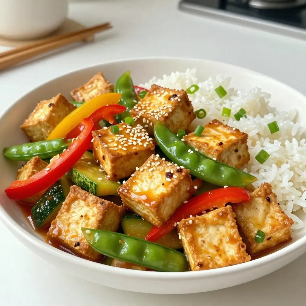 For this tasty dish, you need a few key items: - 1 block (14 oz) firm tofu, pressed and cubed - 2 tablespoons cornstarch - 2 tablespoons vegetable oil - 1 red bell pepper, sliced - 1 yellow bell pepper, sliced - 1 zucchini, sliced - 1 cup sugar snap peas - 3 green onions, chopped - 3 cloves garlic, minced - 1 tablespoon ginger, minced These ingredients work together well. The tofu gives protein, while the vegetables add color and crunch. For flavor, you will need: - 1/4 cup sweet chili sauce - 2 tablespoons soy sauce - 1 tablespoon rice vinegar These sauces make your stir-fry sweet and savory. They help blend all the tastes for a delicious meal. You can add some extra touches: - Sesame seeds for garnish (optional) These small seeds add a nice crunch and look good on your dish. They are not needed but can make your meal even better. {{ingredient_image_1}} To start, you need to press the tofu. This helps to remove extra moisture. Wrap the block of tofu in a clean kitchen towel. Then, place a heavy object on top for 15 to 20 minutes. After pressing, cut the tofu into cubes. This will help it cook better and absorb flavor. Next, take the cubed tofu and toss it with cornstarch in a bowl. The cornstarch gives the tofu a nice crispy texture. In a large skillet or wok, heat vegetable oil over medium-high heat. Add the tofu cubes and cook them for about 5 to 7 minutes. You want them golden brown on all sides. Once cooked, remove the tofu from the skillet and set it aside. In the same skillet, add the sliced red and yellow bell peppers, zucchini, and sugar snap peas. Stir-fry these veggies for about 3 to 4 minutes. They should be tender but still crisp. After that, add minced garlic and ginger to the skillet. Stir-fry for another minute until you smell their aroma. Now, return the crispy tofu to the skillet. Pour in the sweet chili sauce, soy sauce, and rice vinegar. Stir everything well to make sure it is evenly coated. Cook for an additional 2 to 3 minutes to let the sauce thicken a bit. Finally, remove from heat and stir in the chopped green onions. Enjoy your colorful and tasty stir-fry! Tofu needs pressing to remove extra water. Start by wrapping the tofu block in a clean kitchen towel. Place a heavy object on top for 15-20 minutes. This helps the tofu absorb flavors better. After pressing, cut the tofu into neat cubes for cooking. For crispy tofu, toss the cubed tofu in cornstarch. Make sure the tofu is evenly coated. This step is key to getting that nice crunch when cooked. Heat the vegetable oil in a skillet before adding the tofu. Cook until golden brown on all sides for best results. Fresh herbs can make your stir-fry pop with flavor. I love adding chopped green onions at the end. You might also try basil or cilantro for a fresh twist. Mixing in herbs adds depth and brightness to the dish. Don't skip this step for a tasty finish! Pro Tips Press Tofu Properly: Ensure you press the tofu long enough to remove excess moisture, which helps achieve a crispy texture when cooked. Use High Heat: Cooking the tofu and vegetables over medium-high heat allows for better caramelization and enhances flavor. Customize Vegetables: Feel free to add or substitute your favorite vegetables for a personalized touch, such as broccoli or carrots. Serve Immediately: For the best texture and flavor, serve the stir-fry immediately after cooking while it's hot and fresh. {{image_2}} You can switch tofu for other proteins. Try chicken, shrimp, or tempeh. Each choice adds a unique taste. Chicken cooks quickly. Shrimp adds a nice seafood flavor. Tempeh is great for a nutty texture. Adjust cooking times as needed. Use the same steps after marinating your protein. Add more veggies to your stir-fry for extra color and nutrition. Broccoli, carrots, or mushrooms work well. You can also try baby corn or bok choy. Just chop them into small pieces. Add these veggies when stir-frying. This way, they stay crunchy and fresh. You can mix and match to suit your taste. Want more heat? Add red pepper flakes or sliced chili peppers. This will give your dish a spicy kick. For a milder taste, reduce the sweet chili sauce. You can also serve it with chili sauce on the side. That way, everyone can adjust it to their liking. Enjoy experimenting with flavors! To store leftover stir-fry, let it cool first. Then, place it in an airtight container. This helps keep the flavors fresh. Store it in the fridge for up to 3 days. You can also separate the tofu and vegetables if you prefer. This keeps everything fresh. You can freeze sweet chili tofu stir-fry for later use. First, let it cool completely. Then, transfer it to a freezer-safe container. Make sure to remove as much air as possible. Label the container with the date. It will last for about 2 months in the freezer. When you're ready to eat, just thaw it overnight in the fridge. When reheating, you have a few options. You can use a microwave, stove, or oven. For the microwave, place the stir-fry in a bowl. Heat it on medium power for about 2-3 minutes, stirring halfway. If using the stove, add a little oil to a pan. Heat the stir-fry over medium heat until warm. For the oven, preheat it to 350°F (175°C). Place the stir-fry in an oven-safe dish and heat for about 10-15 minutes. Always stir before serving to ensure even heating. Yes, you can make Sweet Chili Tofu Stir-Fry ahead of time. Prepare the tofu and veggies as usual. Cook the dish fully, then let it cool. Store it in an airtight container in the fridge. It stays fresh for up to three days. When you are ready to eat, just reheat it in a skillet or microwave. This will save you time on busy days. If you don't have sweet chili sauce, you can make a simple substitute. Mix equal parts of honey and soy sauce. Add a dash of sriracha for heat. You can also use hoisin sauce for a different flavor. These options will still give your stir-fry a nice sweetness and depth. Yes, Sweet Chili Tofu Stir-Fry can be gluten-free. Use gluten-free soy sauce or tamari instead of regular soy sauce. Check the sweet chili sauce label to ensure it is gluten-free. The rest of the ingredients are naturally gluten-free, making this dish safe for those with gluten sensitivities. Enjoy a tasty meal without worry! You learned how to make a tasty sweet chili tofu stir-fry using simple steps. We covered the main ingredients, seasonings, and how to create the right texture. You now know tips for pressing tofu, adding more veggies, and ways to store leftovers. With these ideas, you can enjoy a quick meal or try new flavors. Mix it up and make it your own. This dish is flexible and fun for everyone!