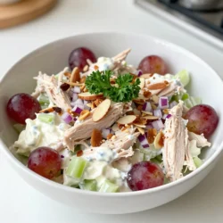 - 2 cups cooked chicken breast, shredded - 1 cup plain Greek yogurt - 1/2 cup celery, finely chopped - 1/2 cup red grapes, halved - 1/4 cup red onion, finely chopped - 1/4 cup almonds, slivered or chopped (optional) - 2 tablespoons lemon juice - 1 teaspoon garlic powder - 1 teaspoon dried dill - Salt and pepper to taste - Fresh parsley, for garnish Gathering fresh ingredients is key to making a great Greek yogurt chicken salad. Start with the cooked chicken breast. You can use leftover chicken or rotisserie chicken for ease. Shred the chicken into bite-sized pieces. Aim for two cups to ensure a hearty salad. Next, you need one cup of plain Greek yogurt. This yogurt will serve as the creamy base. It keeps the salad rich and adds a nice tang. Now, let’s add some crunch and sweetness. You will want half a cup of finely chopped celery. This gives a nice crispness. Then add half a cup of red grapes, cut in half. The grapes will add a pop of flavor and sweetness. For a bit of bite, include a quarter cup of finely chopped red onion. This will enhance the taste without being too strong. If you like a crunch, you can add a quarter cup of slivered or chopped almonds. They are optional but add great texture. Now for the seasonings! Use two tablespoons of lemon juice for freshness. Add one teaspoon each of garlic powder and dried dill. These flavors balance the creaminess of the yogurt. Finish with salt and pepper to taste. Finally, don’t forget fresh parsley for garnish. It adds color and freshness to your dish. This simple and tasty meal comes together beautifully with these ingredients. {{ingredient_image_1}} To start, gather your ingredients. First, mix the shredded chicken and Greek yogurt in a large bowl. You want the chicken to be well coated. This makes a creamy base for your salad. Next, add the finely chopped celery, halved grapes, and red onion to the bowl. Stir everything gently but well. The crunch from the celery and sweetness from the grapes add great texture and taste. If you like a bit of crunch, consider adding slivered almonds. They give a nice bite to the salad. Now, it's time to season the mixture. Squeeze in the lemon juice and sprinkle the garlic powder and dried dill. Add salt and pepper to taste. Mix everything together until every ingredient is well combined. Taste your salad and adjust the seasonings if needed. Chilling your salad is key for the best flavor. It allows the ingredients to blend together nicely. I recommend covering the bowl and placing it in the fridge for at least 30 minutes. This step is simple but makes a big difference. When you're ready to serve, take the salad out of the fridge. Garnish it with fresh parsley for a pop of color. A gentle stir helps mix everything up again before you present it. You can serve this chicken salad in many ways. Consider using lettuce cups or whole grain wraps for a healthy twist. It also pairs well with whole-grain crackers or a fresh garden salad. Enjoy your delicious creation! You can easily swap ingredients to fit your needs. If you want a lighter dish, use yogurt instead of mayo. For a crunchier salad, add diced bell peppers or cucumbers. If you prefer protein-rich meals, try adding chickpeas or beans. You can also mix in cooked quinoa for more texture. Taste is key. Before you serve, adjust the seasoning. Add more lemon juice or a touch of salt to brighten the flavors. Let the salad chill for at least 30 minutes. This helps all the flavors blend well. If you make it in advance, the taste will improve overnight. Store leftovers in an airtight container. It lasts for up to three days in the fridge. If you want to keep it longer, you can freeze it. Just remember to use a freezer-safe container. It will stay fresh for about two months. When you're ready to eat, thaw it in the fridge overnight. Pro Tips Use Leftover Chicken: This is a great recipe for using up leftover rotisserie chicken or any cooked chicken you have on hand. Customize Your Add-ins: Feel free to add other ingredients such as chopped apples, walnuts, or even a dash of curry powder for an extra flavor twist. Chill for Better Flavor: Allowing the chicken salad to chill in the refrigerator for at least 30 minutes enhances the flavors and gives a fresher taste. Garnish for Presentation: A sprinkle of fresh herbs like dill or parsley not only adds color but also enhances the flavor profile of your dish. {{image_2}} You can swap chicken for turkey or tofu. Turkey gives a nice twist. Tofu is a great option for vegans or vegetarians. Canned chicken works too. It saves time and is easy to use. Rotisserie chicken is another quick choice. It adds flavor and cuts down on prep time. Herbs and spices can elevate your chicken salad. Try adding fresh dill or basil for a brighter taste. A pinch of paprika can add warmth. You can also mix in fruits like apples or pears. They add sweetness and crunch. Nuts like walnuts or pecans can boost texture and flavor. They give a nice crunch and extra nutrients. Think about how you want to serve it. Wraps or sandwiches are great for lunch. They make a hearty meal. Lettuce cups are fun and light. They make the dish feel fresh. Salad bowls are perfect for a family meal. You can serve it as a side dish too. It pairs well with grilled meats or veggies. Each serving of Greek yogurt chicken salad has about: - Calories: 300 - Protein: 30 grams - Fat: 10 grams - Carbohydrates: 20 grams This tasty dish is low in calories but high in protein. Greek yogurt packs a protein punch that helps build and repair muscles. The chicken adds even more protein, making this salad a great meal option. The celery and grapes bring in extra fiber, which is good for digestion. The healthy fats from almonds, if you choose to add them, can help keep your heart strong. Plus, the vitamins from these fresh ingredients boost your immune system. Eating this salad supports a balanced diet while satisfying your hunger. Greek yogurt is full of probiotics, which help keep your gut healthy. It is also lower in fat than mayonnaise. This makes it a great swap in chicken salad. You get all the creaminess without the extra calories. Chicken salad fits well into your diet, too. It is easy to make, tasty, and filling. You can customize it with different fruits or veggies. This gives you a meal that is not only healthy but also fun to eat. Enjoying this dish can help you stay on track with your health goals while enjoying great flavor. Yes, you can make this salad ahead of time. This dish tastes even better after chilling. I suggest making it the night before you plan to serve it. Just mix all the ingredients and store them in the fridge. This will allow the flavors to mix well. Greek Yogurt Chicken Salad can last about three to four days in the fridge. Make sure to keep it in an airtight container. If you notice any odd smells or changes in color, it’s best to throw it out. You can use flavored Greek yogurt if you like. It may add a nice twist to the salad. However, I recommend sticking to plain yogurt for the best taste. The flavors can sometimes overpower the other ingredients. This salad pairs well with many sides. You can serve it on a bed of greens, in a sandwich, or in a wrap. It also goes great with crackers or fresh veggies. For a complete meal, add some fruit or a light soup. Yes, this recipe is great for meal prep. It’s easy to make in bulk and store. You can portion it out for lunches or quick dinners. Just keep some in the fridge and enjoy it throughout the week. In this post, we covered how to make a tasty Greek yogurt chicken salad. We explored ingredients, preparation, chilling time, and serving ideas. I shared tips to customize the recipe and variations to suit your taste. Remember, using plain Greek yogurt adds health benefits while keeping it light. Don't hesitate to experiment with flavors and proteins. This salad is not just a dish; it’s a healthy choice for meals any time. Enjoy creating your own version and making it your favorite!