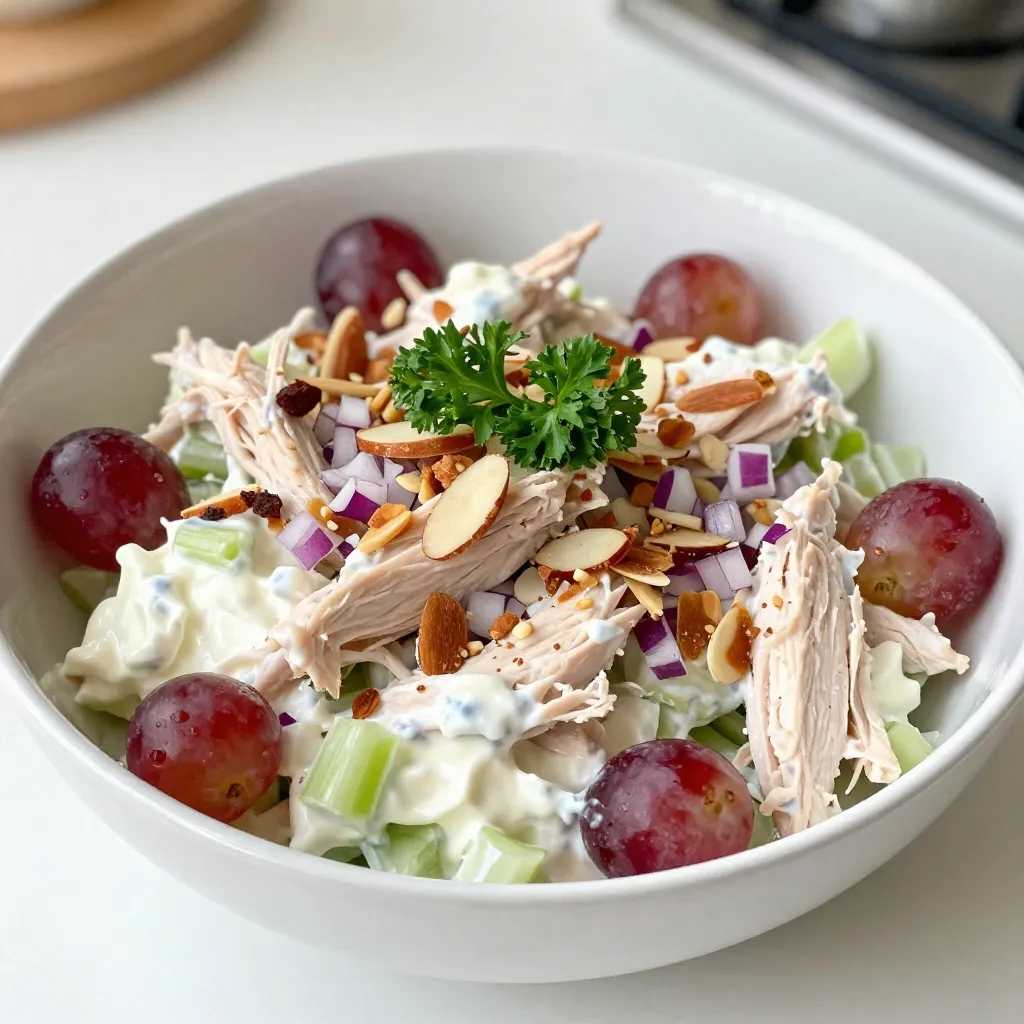 - 2 cups cooked chicken breast, shredded - 1 cup plain Greek yogurt - 1/2 cup celery, finely chopped - 1/2 cup red grapes, halved - 1/4 cup red onion, finely chopped - 1/4 cup almonds, slivered or chopped (optional) - 2 tablespoons lemon juice - 1 teaspoon garlic powder - 1 teaspoon dried dill - Salt and pepper to taste - Fresh parsley, for garnish Gathering fresh ingredients is key to making a great Greek yogurt chicken salad. Start with the cooked chicken breast. You can use leftover chicken or rotisserie chicken for ease. Shred the chicken into bite-sized pieces. Aim for two cups to ensure a hearty salad. Next, you need one cup of plain Greek yogurt. This yogurt will serve as the creamy base. It keeps the salad rich and adds a nice tang. Now, let’s add some crunch and sweetness. You will want half a cup of finely chopped celery. This gives a nice crispness. Then add half a cup of red grapes, cut in half. The grapes will add a pop of flavor and sweetness. For a bit of bite, include a quarter cup of finely chopped red onion. This will enhance the taste without being too strong. If you like a crunch, you can add a quarter cup of slivered or chopped almonds. They are optional but add great texture. Now for the seasonings! Use two tablespoons of lemon juice for freshness. Add one teaspoon each of garlic powder and dried dill. These flavors balance the creaminess of the yogurt. Finish with salt and pepper to taste. Finally, don’t forget fresh parsley for garnish. It adds color and freshness to your dish. This simple and tasty meal comes together beautifully with these ingredients. {{ingredient_image_1}} To start, gather your ingredients. First, mix the shredded chicken and Greek yogurt in a large bowl. You want the chicken to be well coated. This makes a creamy base for your salad. Next, add the finely chopped celery, halved grapes, and red onion to the bowl. Stir everything gently but well. The crunch from the celery and sweetness from the grapes add great texture and taste. If you like a bit of crunch, consider adding slivered almonds. They give a nice bite to the salad. Now, it's time to season the mixture. Squeeze in the lemon juice and sprinkle the garlic powder and dried dill. Add salt and pepper to taste. Mix everything together until every ingredient is well combined. Taste your salad and adjust the seasonings if needed. Chilling your salad is key for the best flavor. It allows the ingredients to blend together nicely. I recommend covering the bowl and placing it in the fridge for at least 30 minutes. This step is simple but makes a big difference. When you're ready to serve, take the salad out of the fridge. Garnish it with fresh parsley for a pop of color. A gentle stir helps mix everything up again before you present it. You can serve this chicken salad in many ways. Consider using lettuce cups or whole grain wraps for a healthy twist. It also pairs well with whole-grain crackers or a fresh garden salad. Enjoy your delicious creation! You can easily swap ingredients to fit your needs. If you want a lighter dish, use yogurt instead of mayo. For a crunchier salad, add diced bell peppers or cucumbers. If you prefer protein-rich meals, try adding chickpeas or beans. You can also mix in cooked quinoa for more texture. Taste is key. Before you serve, adjust the seasoning. Add more lemon juice or a touch of salt to brighten the flavors. Let the salad chill for at least 30 minutes. This helps all the flavors blend well. If you make it in advance, the taste will improve overnight. Store leftovers in an airtight container. It lasts for up to three days in the fridge. If you want to keep it longer, you can freeze it. Just remember to use a freezer-safe container. It will stay fresh for about two months. When you're ready to eat, thaw it in the fridge overnight. Pro Tips Use Leftover Chicken: This is a great recipe for using up leftover rotisserie chicken or any cooked chicken you have on hand. Customize Your Add-ins: Feel free to add other ingredients such as chopped apples, walnuts, or even a dash of curry powder for an extra flavor twist. Chill for Better Flavor: Allowing the chicken salad to chill in the refrigerator for at least 30 minutes enhances the flavors and gives a fresher taste. Garnish for Presentation: A sprinkle of fresh herbs like dill or parsley not only adds color but also enhances the flavor profile of your dish. {{image_2}} You can swap chicken for turkey or tofu. Turkey gives a nice twist. Tofu is a great option for vegans or vegetarians. Canned chicken works too. It saves time and is easy to use. Rotisserie chicken is another quick choice. It adds flavor and cuts down on prep time. Herbs and spices can elevate your chicken salad. Try adding fresh dill or basil for a brighter taste. A pinch of paprika can add warmth. You can also mix in fruits like apples or pears. They add sweetness and crunch. Nuts like walnuts or pecans can boost texture and flavor. They give a nice crunch and extra nutrients. Think about how you want to serve it. Wraps or sandwiches are great for lunch. They make a hearty meal. Lettuce cups are fun and light. They make the dish feel fresh. Salad bowls are perfect for a family meal. You can serve it as a side dish too. It pairs well with grilled meats or veggies. Each serving of Greek yogurt chicken salad has about: - Calories: 300 - Protein: 30 grams - Fat: 10 grams - Carbohydrates: 20 grams This tasty dish is low in calories but high in protein. Greek yogurt packs a protein punch that helps build and repair muscles. The chicken adds even more protein, making this salad a great meal option. The celery and grapes bring in extra fiber, which is good for digestion. The healthy fats from almonds, if you choose to add them, can help keep your heart strong. Plus, the vitamins from these fresh ingredients boost your immune system. Eating this salad supports a balanced diet while satisfying your hunger. Greek yogurt is full of probiotics, which help keep your gut healthy. It is also lower in fat than mayonnaise. This makes it a great swap in chicken salad. You get all the creaminess without the extra calories. Chicken salad fits well into your diet, too. It is easy to make, tasty, and filling. You can customize it with different fruits or veggies. This gives you a meal that is not only healthy but also fun to eat. Enjoying this dish can help you stay on track with your health goals while enjoying great flavor. Yes, you can make this salad ahead of time. This dish tastes even better after chilling. I suggest making it the night before you plan to serve it. Just mix all the ingredients and store them in the fridge. This will allow the flavors to mix well. Greek Yogurt Chicken Salad can last about three to four days in the fridge. Make sure to keep it in an airtight container. If you notice any odd smells or changes in color, it’s best to throw it out. You can use flavored Greek yogurt if you like. It may add a nice twist to the salad. However, I recommend sticking to plain yogurt for the best taste. The flavors can sometimes overpower the other ingredients. This salad pairs well with many sides. You can serve it on a bed of greens, in a sandwich, or in a wrap. It also goes great with crackers or fresh veggies. For a complete meal, add some fruit or a light soup. Yes, this recipe is great for meal prep. It’s easy to make in bulk and store. You can portion it out for lunches or quick dinners. Just keep some in the fridge and enjoy it throughout the week. In this post, we covered how to make a tasty Greek yogurt chicken salad. We explored ingredients, preparation, chilling time, and serving ideas. I shared tips to customize the recipe and variations to suit your taste. Remember, using plain Greek yogurt adds health benefits while keeping it light. Don't hesitate to experiment with flavors and proteins. This salad is not just a dish; it’s a healthy choice for meals any time. Enjoy creating your own version and making it your favorite!