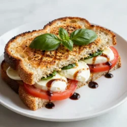 To make a tasty Caprese Grilled Cheese, gather the following ingredients: - 2 slices of sourdough bread - 1 medium fresh mozzarella ball, sliced - 1 large tomato, sliced - Fresh basil leaves - 2 tablespoons balsamic glaze - 1 tablespoon olive oil - Salt and pepper to taste - Optional: A touch of garlic powder for extra flavor Each ingredient plays a key role in this recipe. Sourdough bread gives a nice crunch. Fresh mozzarella melts beautifully, adding creaminess. The tomato offers juiciness and a hint of sweetness. Fresh basil adds a burst of flavor. Balsamic glaze ties everything together with a tangy finish. Olive oil helps achieve that golden crisp. Seasonings bring out the best in each bite. You can also add garlic powder for a little extra kick. This combination creates a sandwich that is both simple and delicious. {{ingredient_image_1}} - Preheating the skillet Start by heating your skillet over medium heat. This step is key for a crispy sandwich. - Preparing the bread Take two slices of sourdough bread. Brush one side of each slice with olive oil. This helps create a golden crust. - Layering the ingredients On the un-oiled side of one slice, layer your mozzarella slices. Next, add the tomato slices. After that, place fresh basil leaves on top. Drizzle balsamic glaze over the basil. Finish with salt, pepper, and garlic powder if you want. - Cooking the sandwich Place the second slice on top, oiled side up. Carefully put the sandwich in the hot skillet. Cook for about 3-4 minutes until the bottom turns golden brown. - Optimal skillet temperature Keep the skillet at medium heat. Too hot will burn the bread, while too low won’t cook it right. - Flipping the sandwich safely Use a spatula to flip the sandwich. Be gentle to avoid spilling the filling. - Ensuring cheese melts properly Cook the second side for another 3-4 minutes. This allows the cheese to melt perfectly. If you want, cover the skillet to help the cheese melt faster. Want to boost the taste of your Caprese grilled cheese? Try adding garlic powder. It gives a nice kick. You can also mix in dried herbs like oregano or Italian seasoning. These spices add layers of flavor that make each bite exciting. When it comes to tomatoes, fresh is best. Look for ripe, juicy tomatoes. Heirloom tomatoes bring a sweet taste, while Roma tomatoes are firmer. Both work well, so choose what you like. Slice them thick for a hearty bite. Getting that crispy bread is key. Start by brushing olive oil on the outside of your sourdough. This helps it brown nicely. Use enough oil, but don’t drown the bread. Keep an eye on the cooking time. Aim for 3-4 minutes on each side. The bread should turn golden brown. If you flip too early, the cheese might not melt well. Patience is important for the perfect sandwich! Pro Tips Use Fresh Ingredients: Always opt for fresh mozzarella, ripe tomatoes, and fragrant basil to elevate the flavors of your sandwich. Perfect Toasting: Ensure your skillet is preheated properly to achieve that golden, crispy crust without burning the bread. Experiment with Cheese: While mozzarella is classic, try adding a layer of goat cheese or aged cheddar for a unique twist on flavor. Customize Your Glaze: Adjust the amount of balsamic glaze based on your preference for sweetness and acidity to balance the flavors. {{image_2}} You can make your Caprese grilled cheese even better by adding more veggies. Spinach and arugula are great choices. They add color and taste. Just place a few leaves on top of the basil. This will give your sandwich a fresh, crunchy bite. For cheese, you can switch it up too. Try using goat cheese or feta for a twist. These cheeses add a different flavor and creaminess. Mix and match to find what you love best. Want to change the taste? Use pesto instead of basil for a fresh kick. It brings a rich, herbal flavor that pairs well with the cheese and tomato. Spread a thin layer of pesto on the bread before adding the other ingredients. You can also play with the bread. Instead of sourdough, try whole grain or ciabatta. Each type of bread brings its own unique flavor. Experiment to find your favorite combination. To keep your Caprese grilled cheese fresh, store it in the fridge. Wrap the sandwich in plastic wrap or foil. This helps it stay moist. Place it in an airtight container. This will also stop any strong smells from other foods from getting in. When you're ready to eat it again, reheat it in a skillet. Set the heat to low. This way, the cheese melts slowly. Flip the sandwich once to heat both sides. You can also use a microwave, but this might make the bread soft. Yes, you can freeze Caprese grilled cheese! This is a great way to save leftovers. To freeze, wrap each sandwich tightly in plastic wrap. Then, place them in a freezer bag. Remove as much air as possible. This prevents freezer burn. When you're ready to eat one, take it out and let it thaw in the fridge overnight. After it has thawed, reheat it in a skillet or oven. This helps keep the bread crispy. Enjoy your tasty sandwich any time! What type of cheese works best for grilled cheese? Fresh mozzarella is perfect for this recipe. It melts well and adds creaminess. You can also try other cheeses like provolone or fontina for a twist. Can I make this recipe vegan? Yes, you can! Use vegan mozzarella or cashew cheese. Also, choose vegan bread and skip the balsamic glaze if it contains animal products. How do I prevent my sandwich from getting soggy? To avoid sogginess, layer the tomatoes and basil on top of the cheese. This keeps moisture away from the bread. Also, use less balsamic glaze if needed. What's the ideal serving temperature? Serve the sandwich warm, right after cooking. This keeps the cheese gooey and the bread crispy. Can I use dried basil instead of fresh? Yes, you can use dried basil. Use about one teaspoon. But fresh basil gives a brighter flavor and better texture. This recipe highlights the joy of a Caprese Grilled Cheese. You learned about the great ingredients, from sourdough to fresh basil. I guided you through simple steps for preparation and cooking. Tips and tricks helped enhance flavor and achieve perfect crispiness. You can explore variations based on your taste. Finally, you discovered how to store and reheat leftovers effectively. Enjoy making this delicious sandwich at home and customize it to your liking!