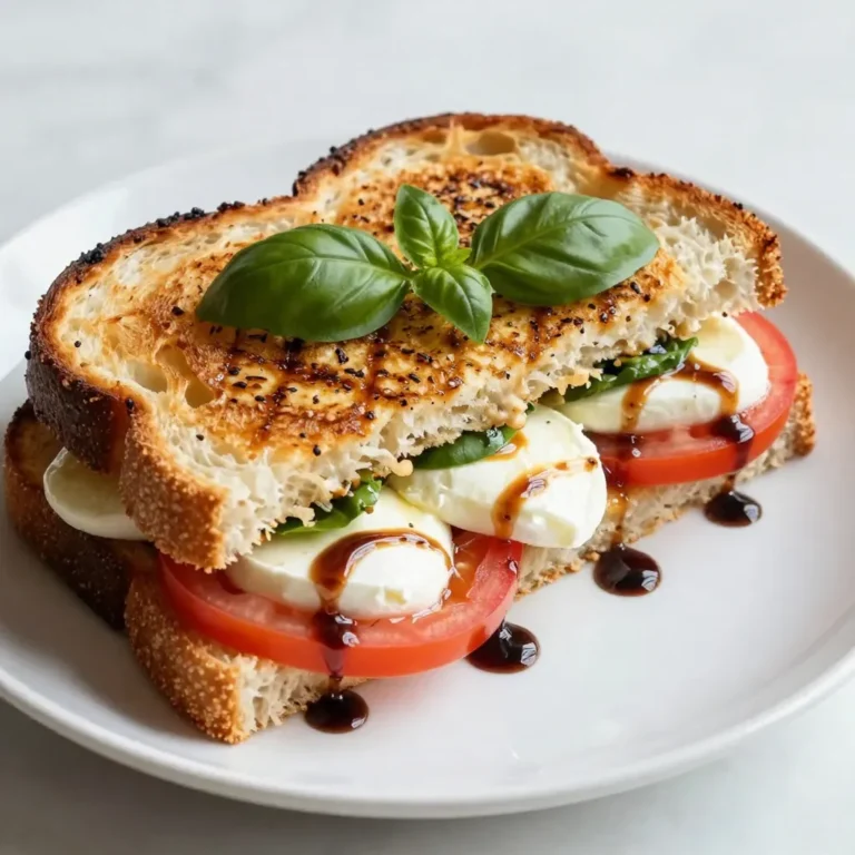 To make a tasty Caprese Grilled Cheese, gather the following ingredients: - 2 slices of sourdough bread - 1 medium fresh mozzarella ball, sliced - 1 large tomato, sliced - Fresh basil leaves - 2 tablespoons balsamic glaze - 1 tablespoon olive oil - Salt and pepper to taste - Optional: A touch of garlic powder for extra flavor Each ingredient plays a key role in this recipe. Sourdough bread gives a nice crunch. Fresh mozzarella melts beautifully, adding creaminess. The tomato offers juiciness and a hint of sweetness. Fresh basil adds a burst of flavor. Balsamic glaze ties everything together with a tangy finish. Olive oil helps achieve that golden crisp. Seasonings bring out the best in each bite. You can also add garlic powder for a little extra kick. This combination creates a sandwich that is both simple and delicious. {{ingredient_image_1}} - Preheating the skillet Start by heating your skillet over medium heat. This step is key for a crispy sandwich. - Preparing the bread Take two slices of sourdough bread. Brush one side of each slice with olive oil. This helps create a golden crust. - Layering the ingredients On the un-oiled side of one slice, layer your mozzarella slices. Next, add the tomato slices. After that, place fresh basil leaves on top. Drizzle balsamic glaze over the basil. Finish with salt, pepper, and garlic powder if you want. - Cooking the sandwich Place the second slice on top, oiled side up. Carefully put the sandwich in the hot skillet. Cook for about 3-4 minutes until the bottom turns golden brown. - Optimal skillet temperature Keep the skillet at medium heat. Too hot will burn the bread, while too low won’t cook it right. - Flipping the sandwich safely Use a spatula to flip the sandwich. Be gentle to avoid spilling the filling. - Ensuring cheese melts properly Cook the second side for another 3-4 minutes. This allows the cheese to melt perfectly. If you want, cover the skillet to help the cheese melt faster. Want to boost the taste of your Caprese grilled cheese? Try adding garlic powder. It gives a nice kick. You can also mix in dried herbs like oregano or Italian seasoning. These spices add layers of flavor that make each bite exciting. When it comes to tomatoes, fresh is best. Look for ripe, juicy tomatoes. Heirloom tomatoes bring a sweet taste, while Roma tomatoes are firmer. Both work well, so choose what you like. Slice them thick for a hearty bite. Getting that crispy bread is key. Start by brushing olive oil on the outside of your sourdough. This helps it brown nicely. Use enough oil, but don’t drown the bread. Keep an eye on the cooking time. Aim for 3-4 minutes on each side. The bread should turn golden brown. If you flip too early, the cheese might not melt well. Patience is important for the perfect sandwich! Pro Tips Use Fresh Ingredients: Always opt for fresh mozzarella, ripe tomatoes, and fragrant basil to elevate the flavors of your sandwich. Perfect Toasting: Ensure your skillet is preheated properly to achieve that golden, crispy crust without burning the bread. Experiment with Cheese: While mozzarella is classic, try adding a layer of goat cheese or aged cheddar for a unique twist on flavor. Customize Your Glaze: Adjust the amount of balsamic glaze based on your preference for sweetness and acidity to balance the flavors. {{image_2}} You can make your Caprese grilled cheese even better by adding more veggies. Spinach and arugula are great choices. They add color and taste. Just place a few leaves on top of the basil. This will give your sandwich a fresh, crunchy bite. For cheese, you can switch it up too. Try using goat cheese or feta for a twist. These cheeses add a different flavor and creaminess. Mix and match to find what you love best. Want to change the taste? Use pesto instead of basil for a fresh kick. It brings a rich, herbal flavor that pairs well with the cheese and tomato. Spread a thin layer of pesto on the bread before adding the other ingredients. You can also play with the bread. Instead of sourdough, try whole grain or ciabatta. Each type of bread brings its own unique flavor. Experiment to find your favorite combination. To keep your Caprese grilled cheese fresh, store it in the fridge. Wrap the sandwich in plastic wrap or foil. This helps it stay moist. Place it in an airtight container. This will also stop any strong smells from other foods from getting in. When you're ready to eat it again, reheat it in a skillet. Set the heat to low. This way, the cheese melts slowly. Flip the sandwich once to heat both sides. You can also use a microwave, but this might make the bread soft. Yes, you can freeze Caprese grilled cheese! This is a great way to save leftovers. To freeze, wrap each sandwich tightly in plastic wrap. Then, place them in a freezer bag. Remove as much air as possible. This prevents freezer burn. When you're ready to eat one, take it out and let it thaw in the fridge overnight. After it has thawed, reheat it in a skillet or oven. This helps keep the bread crispy. Enjoy your tasty sandwich any time! What type of cheese works best for grilled cheese? Fresh mozzarella is perfect for this recipe. It melts well and adds creaminess. You can also try other cheeses like provolone or fontina for a twist. Can I make this recipe vegan? Yes, you can! Use vegan mozzarella or cashew cheese. Also, choose vegan bread and skip the balsamic glaze if it contains animal products. How do I prevent my sandwich from getting soggy? To avoid sogginess, layer the tomatoes and basil on top of the cheese. This keeps moisture away from the bread. Also, use less balsamic glaze if needed. What's the ideal serving temperature? Serve the sandwich warm, right after cooking. This keeps the cheese gooey and the bread crispy. Can I use dried basil instead of fresh? Yes, you can use dried basil. Use about one teaspoon. But fresh basil gives a brighter flavor and better texture. This recipe highlights the joy of a Caprese Grilled Cheese. You learned about the great ingredients, from sourdough to fresh basil. I guided you through simple steps for preparation and cooking. Tips and tricks helped enhance flavor and achieve perfect crispiness. You can explore variations based on your taste. Finally, you discovered how to store and reheat leftovers effectively. Enjoy making this delicious sandwich at home and customize it to your liking!