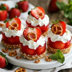 When making Strawberry Pretzel Salad Cups, gather these key ingredients: - 1 cup pretzel crumbs - 1/4 cup unsalted butter, melted - 2 tablespoons sugar - 1 cup cream cheese, softened - 1 cup powdered sugar - 1 cup whipped topping (like Cool Whip) - 1 cup fresh strawberries, sliced - 1/2 cup strawberry gelatin powder - 1 cup boiling water - 1/2 cup cold water Each ingredient plays an important role in this fun dessert. The pretzel crumbs form a crunchy crust, while the butter helps bind everything. Sugar adds sweetness. Cream cheese gives a rich and creamy filling. Powdered sugar makes it sweet and fluffy, and whipped topping adds lightness. Fresh strawberries bring vibrant flavor and color. Strawberry gelatin adds a fruity layer that ties it all together. Boiling water activates the gelatin, while cold water helps it set. With these simple ingredients, you can create a delightful treat that everyone will love! {{ingredient_image_1}} To make the crust, you will need pretzel crumbs, melted butter, and sugar. First, mix the pretzel crumbs, melted butter, and sugar in a bowl. Stir until everything combines well. Next, take your muffin tin and press the mixture firmly into the bottom and sides of each cup. This helps shape the crust. Bake the cups in a preheated oven at 350°F (175°C) for about 10 minutes. Once baked, let them cool completely before adding the filling. For the filling, start with cream cheese and powdered sugar in a large bowl. Beat them together with an electric mixer until the mixture is smooth and fluffy. This step is important for a creamy texture. Now, gently fold in the whipped topping. Be careful not to overmix; you want it to stay fluffy. After that, add the sliced strawberries to the bowl. Mix them in gently so you don't mash the fruit. In a separate bowl, dissolve strawberry gelatin powder in boiling water. Stir until it is fully dissolved. Then, stir in cold water and let it thicken for about 10 minutes. Once the gelatin is slightly thick, layer it over the cream cheese mixture. Spoon it on top gently to keep the layers separate. Finally, fill the cooled pretzel crusts with the strawberry cream cheese mixture. Make sure to distribute it evenly. After you fill the cups, refrigerate them for at least 2 hours. This helps the filling set. When ready, carefully remove the cups from the muffin tin. Enjoy your delightful Strawberry Pretzel Salad Cups! - How to avoid soggy crusts: Make sure to bake the crust until it is golden brown. This helps dry it out. Let the crust cool completely before filling it. - Ensuring smooth cream cheese filling: Use softened cream cheese to avoid lumps. Beat it well with powdered sugar until fluffy. This gives a nice, creamy texture. - Preventing gelatin from separating: Allow the gelatin to cool slightly before adding it to the mixture. Stir gently to combine without mixing too much, as this keeps layers distinct. - Garnishing ideas with strawberries: Add a whole strawberry on top of each cup. It adds color and looks inviting. You can also slice strawberries and arrange them around the cups. - Using fresh mint for decoration: Place a mint leaf beside the cups. It adds a pop of green and enhances the look. - Creative serving suggestions: Display the cups on a colorful platter. Sprinkle extra pretzel crumbs around for a fun touch. This makes the dessert even more appealing! Pro Tips Crust Consistency: Ensure the pretzel mixture is firmly pressed into the muffin tin to create sturdy cups that hold their shape. Gelatin Timing: Allow the gelatin to cool slightly before adding it to the cream cheese mixture to prevent it from melting the filling. Fresh Strawberries: Use ripe, fresh strawberries for the best flavor and texture; they will enhance the overall taste of the dessert. Chill Time: Don’t rush the chilling process; letting the cups set for a full 2 hours will ensure they firm up properly for serving. {{image_2}} You can change the taste of Strawberry Pretzel Salad Cups in fun ways. - Alternative fruits to use: Try using blueberries, raspberries, or mangoes. Each fruit gives a new twist. If you want a tropical feel, use pineapple. Mix fruits for a colorful look. - Different flavored gelatin options: You can swap strawberry gelatin for peach, raspberry, or even lemon. Each flavor can give a fresh take on this dessert. Play with colors too! - Adding nuts or chocolate for texture: For a crunch, mix in chopped nuts like pecans or almonds. You can also sprinkle chocolate chips on top for a sweet touch. It adds flavor and texture. If you want a healthier version, there are many options. - Low-sugar substitutions: Use sugar substitutes like stevia or monk fruit. This change helps cut down on sugar without losing taste. - Dairy-free options for filling: Replace cream cheese with a dairy-free alternative like cashew cream. You can also use coconut whipped cream. Both options still taste great. - Gluten-free crust alternatives: If you need a gluten-free crust, use crushed gluten-free pretzels or nuts. Both options make a tasty base without gluten. These variations let you enjoy Strawberry Pretzel Salad Cups in new and exciting ways! To keep your Strawberry Pretzel Salad Cups fresh, start by storing them in the fridge. Place them in an airtight container. This method helps maintain their creamy texture and prevents them from drying out. You can keep them in the fridge for about three days. If you want to freeze them, remove the cups from the muffin tin. Wrap them tightly in plastic wrap and then in foil. They can last for about one month in the freezer. After refrigeration, the texture might change a bit. To revive it, let the cups sit at room temperature for about 10 minutes before serving. This simple step helps soften the filling and makes them taste fresh again. If you've thawed the cups, try topping them with extra sliced strawberries or a dollop of whipped topping. This adds a nice touch and makes each cup look appealing. Can I make these in advance? Yes, you can make these cups a day ahead. Just store them in the fridge. This helps the flavors blend well. Plus, it saves time on the day you serve them. What’s the best way to serve these cups? Serve these cups chilled for a fresh taste. Place them on a pretty platter. You can add extra pretzel crumbs and mint leaves to make them look nice. Can I use pre-made crusts instead? Yes, pre-made crusts can save time. Just fill them with the cream cheese mix. Keep in mind that the flavor might be a bit different. Why is my gelatin not setting? If your gelatin is not setting, it may not have dissolved well. Make sure you use boiling water and stir it well. Let it cool for about 10 minutes before adding. How do I fix a broken crust? If your crust breaks, you can repair it with some melted butter. Press the mixture back together in the cups. Bake them for a few more minutes to help it hold. What to do if I run out of whipped topping? If you run out of whipped topping, you can use heavy cream instead. Just whip the cream until it’s light and fluffy. This will give your filling a nice texture. This blog post covered the tasty steps to make a delicious strawberry salad. We explored the key ingredients, from pretzel crumbs to fresh strawberries. I detailed each step, from making the crust to creating the filling. Plus, I shared helpful tips for success and presentation. In the end, you can personalize it with different flavors or storage practices. Enjoy creating this simple and fun dessert that impresses everyone. Happy cooking!