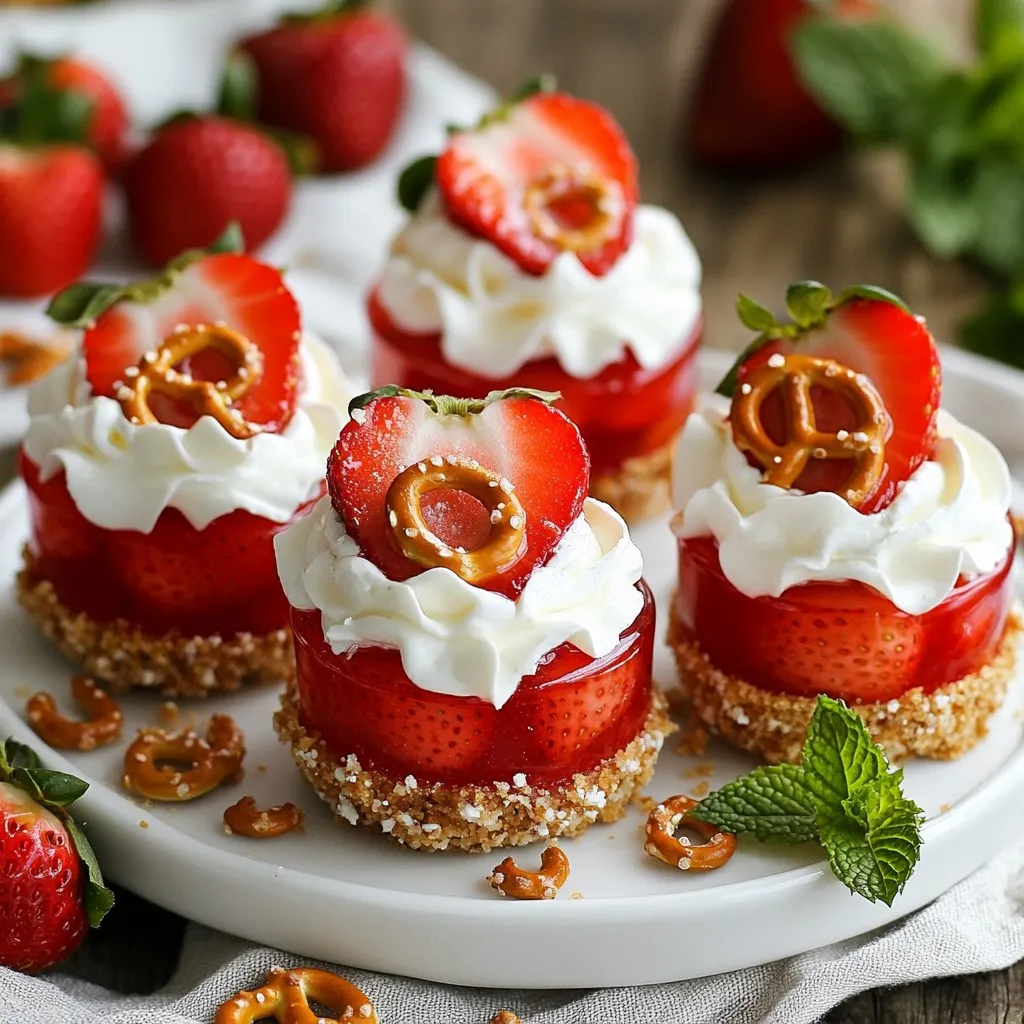 When making Strawberry Pretzel Salad Cups, gather these key ingredients: - 1 cup pretzel crumbs - 1/4 cup unsalted butter, melted - 2 tablespoons sugar - 1 cup cream cheese, softened - 1 cup powdered sugar - 1 cup whipped topping (like Cool Whip) - 1 cup fresh strawberries, sliced - 1/2 cup strawberry gelatin powder - 1 cup boiling water - 1/2 cup cold water Each ingredient plays an important role in this fun dessert. The pretzel crumbs form a crunchy crust, while the butter helps bind everything. Sugar adds sweetness. Cream cheese gives a rich and creamy filling. Powdered sugar makes it sweet and fluffy, and whipped topping adds lightness. Fresh strawberries bring vibrant flavor and color. Strawberry gelatin adds a fruity layer that ties it all together. Boiling water activates the gelatin, while cold water helps it set. With these simple ingredients, you can create a delightful treat that everyone will love! {{ingredient_image_1}} To make the crust, you will need pretzel crumbs, melted butter, and sugar. First, mix the pretzel crumbs, melted butter, and sugar in a bowl. Stir until everything combines well. Next, take your muffin tin and press the mixture firmly into the bottom and sides of each cup. This helps shape the crust. Bake the cups in a preheated oven at 350°F (175°C) for about 10 minutes. Once baked, let them cool completely before adding the filling. For the filling, start with cream cheese and powdered sugar in a large bowl. Beat them together with an electric mixer until the mixture is smooth and fluffy. This step is important for a creamy texture. Now, gently fold in the whipped topping. Be careful not to overmix; you want it to stay fluffy. After that, add the sliced strawberries to the bowl. Mix them in gently so you don't mash the fruit. In a separate bowl, dissolve strawberry gelatin powder in boiling water. Stir until it is fully dissolved. Then, stir in cold water and let it thicken for about 10 minutes. Once the gelatin is slightly thick, layer it over the cream cheese mixture. Spoon it on top gently to keep the layers separate. Finally, fill the cooled pretzel crusts with the strawberry cream cheese mixture. Make sure to distribute it evenly. After you fill the cups, refrigerate them for at least 2 hours. This helps the filling set. When ready, carefully remove the cups from the muffin tin. Enjoy your delightful Strawberry Pretzel Salad Cups! - How to avoid soggy crusts: Make sure to bake the crust until it is golden brown. This helps dry it out. Let the crust cool completely before filling it. - Ensuring smooth cream cheese filling: Use softened cream cheese to avoid lumps. Beat it well with powdered sugar until fluffy. This gives a nice, creamy texture. - Preventing gelatin from separating: Allow the gelatin to cool slightly before adding it to the mixture. Stir gently to combine without mixing too much, as this keeps layers distinct. - Garnishing ideas with strawberries: Add a whole strawberry on top of each cup. It adds color and looks inviting. You can also slice strawberries and arrange them around the cups. - Using fresh mint for decoration: Place a mint leaf beside the cups. It adds a pop of green and enhances the look. - Creative serving suggestions: Display the cups on a colorful platter. Sprinkle extra pretzel crumbs around for a fun touch. This makes the dessert even more appealing! Pro Tips Crust Consistency: Ensure the pretzel mixture is firmly pressed into the muffin tin to create sturdy cups that hold their shape. Gelatin Timing: Allow the gelatin to cool slightly before adding it to the cream cheese mixture to prevent it from melting the filling. Fresh Strawberries: Use ripe, fresh strawberries for the best flavor and texture; they will enhance the overall taste of the dessert. Chill Time: Don’t rush the chilling process; letting the cups set for a full 2 hours will ensure they firm up properly for serving. {{image_2}} You can change the taste of Strawberry Pretzel Salad Cups in fun ways. - Alternative fruits to use: Try using blueberries, raspberries, or mangoes. Each fruit gives a new twist. If you want a tropical feel, use pineapple. Mix fruits for a colorful look. - Different flavored gelatin options: You can swap strawberry gelatin for peach, raspberry, or even lemon. Each flavor can give a fresh take on this dessert. Play with colors too! - Adding nuts or chocolate for texture: For a crunch, mix in chopped nuts like pecans or almonds. You can also sprinkle chocolate chips on top for a sweet touch. It adds flavor and texture. If you want a healthier version, there are many options. - Low-sugar substitutions: Use sugar substitutes like stevia or monk fruit. This change helps cut down on sugar without losing taste. - Dairy-free options for filling: Replace cream cheese with a dairy-free alternative like cashew cream. You can also use coconut whipped cream. Both options still taste great. - Gluten-free crust alternatives: If you need a gluten-free crust, use crushed gluten-free pretzels or nuts. Both options make a tasty base without gluten. These variations let you enjoy Strawberry Pretzel Salad Cups in new and exciting ways! To keep your Strawberry Pretzel Salad Cups fresh, start by storing them in the fridge. Place them in an airtight container. This method helps maintain their creamy texture and prevents them from drying out. You can keep them in the fridge for about three days. If you want to freeze them, remove the cups from the muffin tin. Wrap them tightly in plastic wrap and then in foil. They can last for about one month in the freezer. After refrigeration, the texture might change a bit. To revive it, let the cups sit at room temperature for about 10 minutes before serving. This simple step helps soften the filling and makes them taste fresh again. If you've thawed the cups, try topping them with extra sliced strawberries or a dollop of whipped topping. This adds a nice touch and makes each cup look appealing. Can I make these in advance? Yes, you can make these cups a day ahead. Just store them in the fridge. This helps the flavors blend well. Plus, it saves time on the day you serve them. What’s the best way to serve these cups? Serve these cups chilled for a fresh taste. Place them on a pretty platter. You can add extra pretzel crumbs and mint leaves to make them look nice. Can I use pre-made crusts instead? Yes, pre-made crusts can save time. Just fill them with the cream cheese mix. Keep in mind that the flavor might be a bit different. Why is my gelatin not setting? If your gelatin is not setting, it may not have dissolved well. Make sure you use boiling water and stir it well. Let it cool for about 10 minutes before adding. How do I fix a broken crust? If your crust breaks, you can repair it with some melted butter. Press the mixture back together in the cups. Bake them for a few more minutes to help it hold. What to do if I run out of whipped topping? If you run out of whipped topping, you can use heavy cream instead. Just whip the cream until it’s light and fluffy. This will give your filling a nice texture. This blog post covered the tasty steps to make a delicious strawberry salad. We explored the key ingredients, from pretzel crumbs to fresh strawberries. I detailed each step, from making the crust to creating the filling. Plus, I shared helpful tips for success and presentation. In the end, you can personalize it with different flavors or storage practices. Enjoy creating this simple and fun dessert that impresses everyone. Happy cooking!
