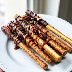 - 12 pretzel rods - 1 cup semi-sweet chocolate chips - 1 cup caramel candies - 2 tablespoons heavy cream - Optional toppings: - 1/4 cup crushed nuts (like pecans or almonds) - 1/4 cup sprinkles (for decoration) - Sea salt (for garnish) - You can use dark chocolate or milk chocolate instead of semi-sweet chocolate. - Try other nuts like walnuts or cashews for a different crunch. - Use dairy-free chocolate and coconut cream for a vegan-friendly treat. - Use microwave-safe bowls to melt your chocolate and caramel. - Parchment paper keeps the pretzel rods from sticking. - Baking sheets help with easy cooling and setting of the pretzels. {{ingredient_image_1}} To start, we need to make the caramel. Grab a microwave-safe bowl. Add 1 cup of caramel candies and 2 tablespoons of heavy cream. Microwave this mixture in 30-second intervals. Stir the caramel in between each interval. This helps it melt evenly. Keep microwaving until the caramel is smooth and fully melted. A good consistency is key for coating. Next, we melt the chocolate. Use another microwave-safe bowl for this. Place 1 cup of semi-sweet chocolate chips inside. Heat them in the microwave for 30 seconds. After that, stir the chocolate well. Repeat this process until the chocolate is shiny and completely melted. Be careful not to overheat it. A glossy finish means it will look great on the pretzel rods. Now it’s time to coat the pretzel rods. Take each pretzel rod and dip it into the melted chocolate. Cover about two-thirds of the rod. Let the excess chocolate drip off. While the chocolate is still wet, drizzle some melted caramel over the top. This creates a tasty layer. Next, sprinkle the crushed nuts and optional sprinkles on the caramel. This will add flavor and color. If you want, lightly sprinkle sea salt for a sweet and salty twist. Finally, place the coated pretzel rods on a parchment-lined baking sheet. Let them cool at room temperature or pop them in the fridge for 15-20 minutes to set. To coat your pretzel rods well, avoid chocolate clumps. A smooth chocolate coat gives a nice look. To achieve this, melt chocolate in short 30-second bursts. Stir after each interval. This method helps the chocolate stay smooth. When you dip the pretzel rods, make sure to cover about two-thirds. Let the excess chocolate drip back into the bowl. This prevents a thick layer that can crack. A nice even layer looks great and tastes better. You can change the toppings to suit your taste. Try using different nuts like almonds or pecans. You can also add crushed cookies or dried fruit for fun twists. These toppings add crunch and flavor. Adjust the sweetness by mixing dark and semi-sweet chocolate. You can also use less caramel if you want it less sweet. This way, you can create a balance that you love. If you're short on time, you can prepare in advance. Make the chocolate and caramel ahead of time and store them in the fridge. This way, you can coat the pretzel rods when you are ready. Using store-bought caramel can save you time too. It’s quick and easy. Just warm it up and drizzle it over the pretzels. This helps you make these treats without much fuss. Pro Tips Use Quality Chocolate: Opt for high-quality semi-sweet chocolate chips for a richer flavor and smoother texture. Customize Your Toppings: Feel free to experiment with different toppings such as crushed cookies, coconut flakes, or even mini marshmallows. Check the Consistency: Ensure that both the caramel and chocolate are melted to a pourable consistency for easy coating. Cool Completely: Allow the pretzel rods to set completely at room temperature for the best texture before serving. {{image_2}} You can play with flavors to make your caramel chocolate pretzel rods even better. One fun mix is chocolate caramel with peanut butter. Just drizzle some warm peanut butter over the caramel. This gives a rich taste that kids love. You can also switch up the chocolate. Using white chocolate or dark chocolate can change the whole treat. White chocolate is sweet and creamy. Dark chocolate adds a rich, deep flavor. Both options work great with caramel. You can make your pretzel rods fit any season. For holidays, add fun decorations. Use colored sprinkles to match the occasion. You can even drizzle colored chocolate on top. This makes your treats festive and fun. Don’t forget to think about flavors for the seasons too. In fall, try adding pumpkin spice to your caramel. In summer, a hint of mint can make them refreshing. These twists can make your treats stand out. If you're short on time, there are quick ways to make these pretzel rods. You can use store-bought caramel and chocolate. This helps save time and makes it easy for you. You also don’t have to melt anything if you buy chocolate-covered pretzels. Just add your toppings. This gives you a fun treat without all the work. To keep your caramel chocolate pretzel rods fresh, use airtight containers. These containers keep air out and help maintain texture. If you have hot weather, refrigerate them. The fridge helps prevent melting but may make them less crunchy. When stored properly, these rods can last up to two weeks. After that, they may lose flavor. Look for signs of spoilage like a change in smell or an off taste. If the chocolate looks white or dusty, that’s called bloom. It’s safe to eat but doesn't look great. Want to impress at a party or gift these treats? Wrap them in clear bags tied with colorful ribbons. This lets the yummy layers show. For a fancy touch, use a decorative box. Display the rods upright in a jar for a fun centerpiece. Yes, you can! Pretzel rods are great, but other shapes work too. You can use pretzel twists or even pretzel bites. Different pretzels add unique textures and fun flavors. Some pretzels have cheese or honey flavors, which can mix well with chocolate. Be creative! Try different shapes to see what you like best. To keep chocolate smooth, avoid water at all costs. Water makes chocolate clump up fast. When melting, use a dry bowl and spoon. Heat in short bursts, stirring often. If the chocolate thickens, add a small bit of oil. This helps bring back its smoothness. Always watch your chocolate carefully while it melts. These treats can be kid-friendly, but watch for allergens. Chocolate and caramel are common allergens. If kids have nut allergies, skip the nuts. Always check labels for hidden allergens. Cut pretzel rods into smaller pieces for young kids. This can help prevent choking hazards. Enjoy making these treats with your little cooks! You learned how to make delicious chocolate and caramel pretzel rods. We covered the key ingredients, tools you'll need, and a step-by-step guide for success. I shared tips for customizing flavors and even no-bake options. Remember to store them in airtight containers for freshness. Enjoy creating these tasty treats for yourself or as gifts. With a bit of patience, deliciousness awaits you. Happy dipping and creating!