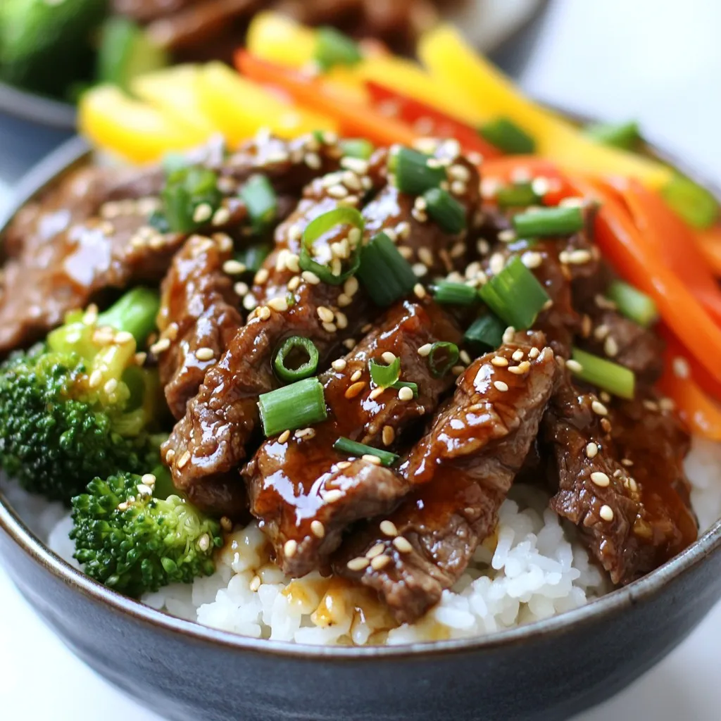 - 1 lb beef sirloin, thinly sliced - 2 tablespoons soy sauce - 1 tablespoon sesame oil - 1 tablespoon brown sugar - 3 cloves garlic, minced - 1 inch ginger, grated - 1 tablespoon gochujang (Korean chili paste) For the base of your beef bulgogi bowls, start with beef sirloin. This cut is tender and perfect for quick cooking. You will also need soy sauce, sesame oil, and brown sugar to create a rich marinade. Garlic and ginger add depth to the flavor. Gochujang gives the dish a spicy kick. - 1 carrot, julienned - 1 bell pepper, thinly sliced - 1 cup broccoli florets - 2 green onions, chopped - Sesame seeds for garnish Next, grab some fresh vegetables. Choose a carrot, a bell pepper, and broccoli. These add color and crunch to your meal. Green onions provide a nice finish, while sesame seeds add a lovely texture. - 2 cups cooked jasmine rice - Optional garnishes and sides For serving, you will need jasmine rice. This soft and fragrant rice makes a great base. You can also add optional garnishes like kimchi for an authentic touch. Using colorful bowls can make your meal look even better. {{ingredient_image_1}} To start, you need to mix the marinade. In a large bowl, add: - 2 tablespoons soy sauce - 1 tablespoon sesame oil - 1 tablespoon brown sugar - 3 cloves garlic, minced - 1 inch ginger, grated - 1 tablespoon gochujang Stir these ingredients until they blend well. Next, add 1 pound of thinly sliced beef sirloin. Make sure every piece gets coated. You want the flavors to soak in. Let this marinate in the fridge for at least 30 minutes. This wait helps the beef become tasty and tender. While the beef is marinating, you can prepare the veggies. For the carrot, use a peeler to remove the skin. Then, cut it into thin matchstick shapes. This technique is called julienning. For the bell pepper, cut it in half, remove the seeds, and slice it thinly. Now, for the broccoli, cut it into small florets. Make sure they are not too big. This helps them cook evenly. Set all these veggies aside until you are ready to cook. When the beef is done marinating, heat a large skillet or wok over medium-high heat. Add the marinated beef into the hot skillet. Discard any extra marinade left in the bowl. Sauté the beef for about 4-5 minutes. You want it to brown and cook through. After the beef is ready, it’s time to add the vegetables. Toss in the julienned carrot, sliced bell pepper, and broccoli florets. Stir-fry everything for about 3-4 minutes. You want the veggies to be tender but still bright and crunchy. This cooking method keeps the dish fresh and flavorful. For the best flavor, marinate the beef for at least 30 minutes. You can also marinate it overnight. This gives the beef time to soak up the flavors. If you want a twist, try using a mix of orange juice and soy sauce as an alternative marinade. It adds a nice sweetness. When stir-frying the beef, make sure your skillet is hot. This helps to sear the beef quickly. Cook the beef for about 4-5 minutes. You want it to be browned but not dry. The beef is done when it is no longer pink in the middle. Keep an eye on it to avoid overcooking. For a great look, serve your bulgogi in colorful bowls. A bright bowl makes the dish pop. Start with a scoop of jasmine rice, then add the beef and veggies on top. Finally, sprinkle green onions and sesame seeds for extra flair. You can also add a side of kimchi for a nice touch. Pro Tips Marinate Longer for Flavor: For a more intense flavor, marinate the beef for 1-2 hours or even overnight in the refrigerator. Use Fresh Ingredients: Fresh vegetables not only enhance the dish's flavor but also add a vibrant color to your beef bulgogi bowls. Adjust Spice Level: If you prefer a milder dish, reduce the amount of gochujang or substitute it with a milder chili paste. Perfectly Cooked Vegetables: To ensure your vegetables remain crisp, add them to the skillet just after the beef is cooked and stir-fry quickly. {{image_2}} You can switch up the protein in Beef Bulgogi Bowls. Chicken works well and cooks quickly. Tofu is a great choice for a vegetarian option. It absorbs flavors nicely, making it a tasty alternative. You might want to tweak the spice level. Gochujang adds heat, but you can use less if you prefer milder flavors. If you want more depth, try adding sesame seeds or a splash of rice vinegar. These can elevate the taste of your dish. Pair your beef bowls with fresh sides like kimchi or pickled veggies. They add crunch and tang. You can also create fun bowl combinations. Try adding avocado or mango for a sweet twist. Mixing in different grains like quinoa or brown rice can change the texture too. To keep your leftover beef bulgogi fresh, first let it cool. Place it in an airtight container. Store it in the fridge. This helps keep flavors strong. You can safely eat it for up to three days. If it smells or looks off, throw it away. When it’s time to enjoy your leftovers, there are a few good ways to reheat beef bulgogi. You can use a skillet over medium heat. Add a splash of water or broth to keep it moist. Stir it often until hot. The microwave is also quick. Just cover your bowl and heat in short bursts. Check and stir every 30 seconds. This keeps the flavor intact. You can freeze beef bulgogi if you want to save it for later. Freeze it right after cooking. Use a freezer-safe container. For best quality, consume it within three months. To thaw, place it in the fridge overnight. You can reheat it in a skillet or microwave after thawing. If you freeze marinated beef, the same rules apply. Just remember to cook it fully after thawing. Beef bulgogi is a popular Korean dish. It features marinated beef that you grill or stir-fry. The name "bulgogi" means "fire meat." Traditionally, you use thin slices of beef, often sirloin. Common ingredients include: - Beef sirloin - Soy sauce - Sesame oil - Brown sugar - Garlic - Ginger - Gochujang (Korean chili paste) These ingredients give bulgogi its sweet and savory flavor. The beef soaks up the marinade and becomes tender and delicious. You can make beef bulgogi ahead of time. This saves time on busy days. For meal prep, marinate the beef the night before. This allows flavors to blend well. For storage, place the marinated beef in an airtight container. Keep it in the fridge for up to 2 days. If cooked, store leftovers in the fridge for up to 3 days. Beef bulgogi can be gluten-free. Traditional soy sauce contains gluten, but you can use gluten-free soy sauce. Look for tamari or coconut aminos as good alternatives. These options keep the dish tasty without gluten. Beef Bulgogi is a flavorful dish that shines with its simple ingredients and easy steps. You learned how to marinate beef, prepare vibrant veggies, and cook them to perfection. With hints on presentation and variations, you can tailor this dish to your taste. Remember, whether you opt for chicken or tofu, the key is in the marinade. Store leftovers properly so you can enjoy them later. Dive into this recipe, and enjoy every delicious bite you create!