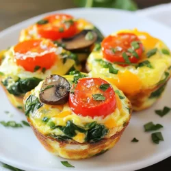 - 6 large eggs - 1 cup spinach, chopped - 1/2 cup bell pepper, diced (any color) - 1/2 cup cherry tomatoes, halved - 1/2 cup mushrooms, diced - 1/4 cup onion, finely chopped - 1/4 cup shredded cheese (cheddar or mozzarella) - Salt and pepper to taste - 1/2 teaspoon garlic powder - 1/2 teaspoon dried oregano - Cooking spray or olive oil for greasing These ingredients come together to create a colorful and tasty breakfast. You can customize your muffins to fit your taste. Here are some optional ingredients you can add: - Zucchini, grated - Broccoli, chopped - Different types of cheese like feta or goat cheese - Fresh herbs like parsley or cilantro Feel free to mix and match! This allows you to use what you have on hand. The more veggies, the better! You can also adjust the spices to match your flavor preferences. Enjoy crafting your unique veggie-packed egg muffins! {{ingredient_image_1}} 1. Prepping the oven and muffin tin: Start by setting your oven to 350°F (175°C). While it heats, take a muffin tin and grease it well with cooking spray or olive oil. This step keeps the muffins from sticking. 2. Mixing the egg and vegetable ingredients: In a large bowl, crack open 6 large eggs. Whisk them until they blend well. Next, add 1 cup of chopped spinach, 1/2 cup of diced bell pepper, 1/2 cup of halved cherry tomatoes, 1/2 cup of diced mushrooms, and 1/4 cup of finely chopped onion. Stir these veggies into the eggs. Then, mix in 1/4 cup of shredded cheese, 1/2 teaspoon of garlic powder, 1/2 teaspoon of dried oregano, and some salt and pepper for taste. Make sure everything is mixed evenly. 3. Pouring the mixture into the muffin tin: Carefully pour the egg and veggie mix into the greased muffin cups. Fill each cup about 3/4 full to leave room for rising. - Recommended baking time and temperature: Place the muffin tin in your preheated oven. Bake for about 20 to 25 minutes. - Checking for doneness: To check if they are done, insert a toothpick into the center of a muffin. If it comes out clean, they are ready! - Allowing the muffins to cool: When baked, take the muffin tin out of the oven. Let it cool for a few minutes. This makes it easier to handle. - Techniques for removing muffins from the tin: Use a butter knife to gently pry the edges of the muffins away from the tin. Then, carefully lift them out. Enjoy your veggie-packed muffins warm! To ensure fluffy egg muffins, whisk the eggs well. This adds air, which helps them rise. Use a large bowl for mixing all ingredients. Blend the veggies in well with the eggs. This gives an even taste throughout. Greasing the muffin tin is key. I recommend using cooking spray or olive oil. Make sure to cover each cup well. This prevents the muffins from sticking. You can also use silicone muffin cups. They make removal easy and clean. To adjust seasoning for taste, start with salt and pepper. Add these in small amounts. Mix, taste, and adjust as needed. This helps you find the right balance. Adding herbs and spices for extra flavor can elevate your muffins. Try garlic powder and dried oregano. You can also experiment with paprika or parsley. Fresh herbs can add a burst of color and taste. Mix these in right before pouring into the muffin tin. Pro Tips Use Fresh Ingredients: Fresh vegetables will enhance the flavor and texture of your egg muffins. Choose organic or locally sourced produce when possible. Customize Your Fillings: Feel free to substitute or add vegetables according to your preference. Ingredients like zucchini, broccoli, or kale can be great alternatives. Make Ahead: These muffins can be made in advance and stored in the refrigerator for up to a week. They also freeze well, making them a convenient grab-and-go breakfast. Check for Doneness: Baking times can vary based on your oven and the size of your muffin cups. Always test with a toothpick to ensure they are fully cooked. {{image_2}} You can change the veggies in your egg muffins. This makes them fun and unique. Try using: - Kale instead of spinach for a stronger taste. - Zucchini for a moist texture. - Broccoli for a crunchy bite. - Carrots for a hint of sweetness. Switching cheese can also add flavor. Use: - Feta for a tangy twist. - Pepper jack for a spicy kick. - Goat cheese for creaminess. These swaps allow you to use what you have or try something new. You can make these muffins fit your diet. For gluten-free muffins, use gluten-free flour. You can also skip the flour for a low-carb option. If you need dairy-free muffins, use plant-based cheese or skip the cheese altogether. The muffins will still taste great. Want more protein? Add cooked bacon or sausage. These meats will make your muffins hearty. You can also try beans or lentils for a plant-based option. To keep your veggie packed egg muffins fresh, use airtight containers. Glass or plastic containers work well. Make sure they seal tightly to prevent air from getting in. Store the muffins in the fridge. They stay fresh for up to five days. When you want to eat them, just take out what you need. If you want to save some muffins for later, freezing is a great option. First, let the muffins cool completely. Then, place them in a single layer on a baking sheet. Freeze them for about an hour. Once frozen, transfer them to a freezer-safe bag or container. Be sure to remove as much air as possible. They can last up to three months in the freezer. When you’re ready to enjoy a muffin, take it out of the freezer. Thaw it in the fridge overnight or use the microwave. For reheating, pop it in the microwave for about one minute. You can also heat it in the oven at 350°F (175°C) for about 10-15 minutes. Enjoy your tasty breakfast! Can I make these muffins ahead of time? Yes, you can make these muffins ahead of time. They are great for busy mornings. Just bake them, cool them, and store them in the fridge. Warm them up in the microwave for a quick breakfast. How long do the muffins last in the fridge? These muffins last about 5 days in the fridge. Be sure to keep them in an airtight container. This helps them stay fresh and tasty. Approximate calorie count per muffin Each muffin has around 90 calories. This makes them a healthy choice for breakfast. Breakdown of key nutrients - Protein: 6g - Carbohydrates: 5g - Fat: 5g - Fiber: 1g - Vitamins: High in vitamins A and C from veggies Best accompaniments for the muffins Serve these muffins with fresh fruit or a dollop of yogurt. They pair nicely with a hot cup of coffee or tea. Ideas for meal prep with egg muffins You can pack these muffins for lunch or snacks. Add them to a salad or enjoy them with whole-grain toast. They are versatile and fit into many meals. In this article, you've learned how to make delightful egg muffins. We covered ingredient lists, step-by-step baking instructions, and essential tips to ensure your muffins turn out perfect. You can explore variations based on your tastes and dietary needs. Remember to store any leftovers properly to keep them fresh. With these details, you can enjoy your egg muffins at any time. Get creative and make your own unique version to share with family and friends. Happy baking!