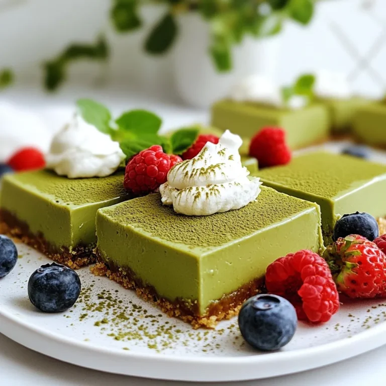 - 1 cup graham cracker crumbs - 1/4 cup unsalted butter, melted - 2 tablespoons granulated sugar - 16 oz cream cheese, softened - 1 cup granulated sugar - 2 large eggs - 1/4 cup sour cream - 2 tablespoons matcha powder - 1 teaspoon vanilla extract - Pinch of salt The main ingredients for matcha cheesecake squares create a rich and creamy dessert. The graham cracker crumbs form a tasty crust. I love using unsalted butter for the right flavor balance. Each ingredient plays a role. The cream cheese gives the cheesecake its creamy texture. I use softened cream cheese, so it mixes well. Granulated sugar sweetens the filling and helps it set. The eggs add structure and moisture. Don't forget the sour cream. It adds a bit of tang. The matcha powder gives this dessert its vibrant green color and unique taste. I always choose high-quality matcha for the best flavor. Vanilla extract rounds out the taste, while a pinch of salt enhances all the flavors. These ingredients come together to create a delightful treat you can share with friends and family. - Extra matcha powder for dusting - Fresh berries - Whipped cream Adding garnishes makes your matcha cheesecake squares even more special. A light dusting of matcha powder on top looks beautiful. Fresh berries add color and freshness. I love how they contrast with the creamy filling. Whipped cream brings a light, fluffy touch. You can serve it on the side or on top. These simple garnishes turn an already delicious dessert into a showstopper. Enjoy your baking! {{ingredient_image_1}} 1. First, preheat your oven to 325°F (160°C). Line an 8-inch square baking dish with parchment paper. Leave some paper hanging over the edges for easy removal. 2. In a mixing bowl, add 1 cup of graham cracker crumbs, 1/4 cup of melted butter, and 2 tablespoons of sugar. Stir until the mixture feels like wet sand. 3. Press this crumb mixture firmly into the bottom of the baking dish to form a crust. Bake it for 8-10 minutes, then take it out to cool for a few minutes. 1. In a large mixing bowl, beat 16 ounces of softened cream cheese with 1 cup of sugar. Mix until it is smooth and creamy, about 2-3 minutes. 2. Add 2 large eggs one at a time, mixing well after each. 3. Stir in 1/4 cup of sour cream, 2 tablespoons of matcha powder, 1 teaspoon of vanilla extract, and a pinch of salt. Make sure everything is well blended and lump-free. 4. Pour the matcha cheesecake filling over the cooled crust and spread it evenly. 1. Bake the cheesecake in the preheated oven for 25-30 minutes. Check if the edges are set and the center has a slight jiggle. 2. Turn off the oven and crack the door open a little. Let the cheesecake cool in the oven for another 10 minutes. This helps prevent cracks. 3. Remove the cheesecake from the oven and let it cool to room temperature. Then, refrigerate for at least 4 hours or overnight for the best firmness. To make your matcha cheesecake squares smooth, you must avoid lumps. Start with room temperature cream cheese. Cold cream cheese doesn’t blend well. It creates lumps that ruin your filling. - Mix well: When you add sugar, beat the cream cheese for 2-3 minutes. This process breaks down the cream cheese and helps it blend smoothly. - Add eggs one at a time: Mix well after each egg. This ensures a creamy texture. Room temperature ingredients are key. They mix better and create a light filling. Let your eggs and sour cream sit out for about 30 minutes before use. This trick pays off with a silkier filling. Presentation matters when serving these beautiful squares. Here are some fun ways to make them pop: - Dust with matcha: Before serving, lightly dust the tops with extra matcha powder. It adds color and flavor. - Garnish with berries: Fresh berries or a dollop of whipped cream give a nice touch. They add sweetness and a burst of color. Pair these squares with drinks like green tea or a light rosé. Both options enhance the flavors and make for a delightful treat. Pro Tips Use Room Temperature Ingredients: Ensure that your cream cheese and eggs are at room temperature before mixing. This helps create a smoother filling without lumps. Monitor Baking Time: Keep an eye on the cheesecake as it bakes. It should be set around the edges but still slightly jiggly in the center; overbaking can lead to cracks. Chill Thoroughly: Let the cheesecake cool to room temperature before refrigerating. For best results, chill for at least 4 hours or overnight to achieve the perfect texture. Presentation Matters: For an elegant touch, dust the tops with extra matcha powder and garnish with fresh berries or a dollop of whipped cream right before serving. {{image_2}} You can easily mix up the flavors in matcha cheesecake squares. For a zesty twist, try adding lemon juice and zest to the filling. This brightens the matcha flavor and adds freshness. If you're a chocolate lover, blend in some cocoa powder for a rich, chocolatey treat. You can also top the squares with a chocolate ganache after baking for extra indulgence. Switching sweeteners is another great way to adjust the recipe. If you want a healthier option, use honey or maple syrup instead of granulated sugar. You might need to tweak the amount since these sweeteners are often sweeter. This change can make your dessert not just tasty but also a bit lighter. If you're looking for gluten-free options, try almond flour or gluten-free graham cracker crumbs for the crust. These alternatives provide a nice base while keeping the dessert gluten-free. For a vegan version, you can replace the cream cheese with a plant-based cream cheese. Instead of eggs, use flaxseed meal or applesauce. For sour cream, try coconut yogurt or a cashew cream. These swaps keep the essence of the cheesecake while catering to different diets. To keep your matcha cheesecake squares fresh, store them in the fridge. First, cut the squares into pieces. Then, place them in an airtight container. This helps maintain their creamy texture. You can also cover them with plastic wrap if you don't have a container. They will last for about 5 days in the fridge. You can freeze matcha cheesecake squares for longer storage. Start by cutting them into squares. Wrap each square in plastic wrap tightly. Then, place them in a freezer-safe bag or container. They can stay frozen for up to 3 months. When you want to eat some, take them out and thaw in the fridge overnight for the best taste. Avoid thawing at room temperature, as this might change the texture. Matcha cheesecake squares stay fresh for up to a week in the fridge. Keep them in an airtight container to maintain their taste and texture. If you want to store them longer, freeze them for up to three months. Just make sure to wrap them tightly in plastic wrap before placing them in a freezer bag. When ready to eat, thaw them in the fridge overnight. Yes, you can use different types of matcha. However, I recommend using culinary grade matcha for baking. This type offers a bold flavor and vibrant color. Higher-grade matcha, like ceremonial grade, is best for drinking. It may not give the same strong taste in baking. Remember, the quality of matcha affects the final flavor, so choose wisely! If you need a substitute for cream cheese, there are great options. You can use Greek yogurt for a healthier twist. Silken tofu is a perfect dairy-free choice and works well in desserts. For a lower-calorie option, try cottage cheese blended until smooth. These alternatives can change the taste and texture slightly, but they still make delicious squares! You now know how to make delicious matcha cheesecake squares from scratch. The recipe covers the key ingredients, step-by-step instructions, and helpful tips for the best results. Remember to have fun while trying different flavors and garnishes. Store them right to keep them fresh. This treat is sure to impress both yourself and your guests. Enjoy every bite and share your creation!