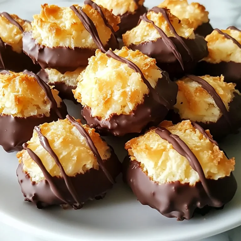 To make chocolate dipped coconut macaroons, you need the following main ingredients: - 3 cups shredded sweetened coconut - 2/3 cup sweetened condensed milk - 1 teaspoon vanilla extract - 2 large egg whites - 1/4 teaspoon salt These ingredients create a sweet and chewy base. The coconut gives a tropical flavor, while the condensed milk adds sweetness. The egg whites help the macaroons rise and stay light. For the chocolate layer, consider these optional ingredients for a smoother finish: - 1 cup dark chocolate chips - 1 teaspoon coconut oil Adding coconut oil makes the chocolate easier to dip and gives it a nice sheen. It also helps the chocolate set better on the macaroons. If you need to make changes, here are some great substitutes: - Use unsweetened coconut for less sweetness. - Swap dark chocolate chips for milk chocolate for a sweeter taste. - Replace sweetened condensed milk with homemade coconut milk for a dairy-free option. These substitutions maintain flavor while catering to different dietary needs. Always feel free to experiment! {{ingredient_image_1}} Start by preheating your oven to 325°F (160°C). This step ensures even baking. Next, grab a baking sheet and line it with parchment paper. This will prevent the macaroons from sticking. Make sure the paper fits well and covers the whole sheet. In a large mixing bowl, combine 3 cups of shredded sweetened coconut, 2/3 cup of sweetened condensed milk, and 1 teaspoon of vanilla extract. Stir these ingredients until they are well mixed. The mixture should look sticky and slightly clumpy. Set it aside for now; it will come together soon. In another bowl, take 2 large egg whites and add 1/4 teaspoon of salt. Whisk these until soft peaks form. This process takes about 2-3 minutes. You want the egg whites to be fluffy and light. This will help make your macaroons airy and delicious. Now, gently fold the whipped egg whites into the coconut mixture. Use a spatula and be careful not to deflate the egg whites. Once mixed, use a small ice cream scoop or your hands to form balls about 1.5 inches in diameter. Place them on your prepared baking sheet. Bake for 20-25 minutes, until the edges turn golden brown. Let them cool completely on the sheet. While the macaroons cool, it’s time to melt the chocolate. In a microwave-safe bowl, add 1 cup of dark chocolate chips and 1 teaspoon of coconut oil if you want smoother chocolate. Heat in 30-second intervals, stirring well until smooth. Be patient and stir gently. Once the macaroons are cool, dip the bottom of each one into the melted chocolate. Let the excess chocolate drip off before placing them back on parchment paper. For a nice touch, drizzle some melted chocolate on top of each macaroon. Allow the chocolate to set at room temperature or pop them in the fridge to speed up the process. To get chewy macaroons, use sweetened shredded coconut. The more moisture, the better. Mix the coconut with sweetened condensed milk and vanilla. This mixture adds sweetness and flavor. Whip the egg whites until soft peaks form. This step brings air into the batter. Finally, be gentle when folding the egg whites. This keeps your macaroons light and fluffy. A few mistakes can ruin your macaroons. First, don’t overmix the batter. This can make them tough. Also, don’t skip cooling the macaroons on the baking sheet. They need time to firm up. If they are too hot, they might fall apart when dipped in chocolate. Lastly, make sure your baking sheet is lined with parchment paper. This prevents sticking. When melting chocolate, use a microwave-safe bowl. Heat chocolate chips in 30-second intervals. Stir between each interval to ensure even melting. If you want smoother chocolate, add coconut oil. This step helps the chocolate coat better. Once melted, dip the macaroons quickly. Let any excess chocolate drip off before placing them back on parchment. This keeps your treat neat and tidy. Pro Tips Use Fresh Coconut: For a more intense coconut flavor, consider using fresh shredded coconut instead of pre-packaged sweetened coconut. Egg Whites Temperature: Ensure your egg whites are at room temperature for better volume when whipping to soft peaks. Chocolate Dipping Technique: To achieve a smooth chocolate coating, dip the macaroons quickly and gently shake off any excess chocolate. Storage Tips: Store the macaroons in an airtight container at room temperature for up to a week, or freeze for longer shelf life. {{image_2}} You can easily boost the flavor of your coconut macaroons. Try adding a few drops of almond extract for a nutty twist. You can also mix in orange or lemon zest for a bright note. These flavors pair well with the coconut and chocolate. You can even fold in nuts like chopped almonds or walnuts for added crunch. Each variation creates a new taste experience. While dark chocolate is rich and delicious, you can explore other options. Milk chocolate brings a sweeter taste, which many love. White chocolate, though not technically chocolate, adds a creamy flavor that complements the coconut. You can also try flavored chocolates, like mint or sea salt, for a fun twist. Each chocolate type changes the overall flavor profile of the macaroons. These macaroons are naturally gluten-free since they use coconut and egg whites. To make them dairy-free, choose dairy-free chocolate chips. Many brands offer great tasting options that melt well. Always check labels to ensure there are no hidden dairy ingredients. This way, everyone can enjoy these treats without worry. To keep your chocolate dipped coconut macaroons fresh, store them in an airtight container. Place parchment paper between layers to avoid sticking. They stay tasty for about 3 to 5 days at room temperature. For longer freshness, consider the fridge. Just remember, cold air can change their texture. If you want to save some macaroons for later, freezing is a great option. First, let them cool completely. Then, place them on a baking sheet and freeze until solid. After that, transfer them to a freezer-safe bag. They can last for up to 3 months in the freezer. To enjoy, just thaw them in the fridge overnight. If your macaroons lose their soft texture, don't worry! You can revive them. Preheat your oven to 300°F (150°C). Place the stale macaroons on a baking sheet and warm them for about 5 to 10 minutes. This will bring back some moisture and make them taste fresh again. Enjoy your treats just like new! Yes, you can use unsweetened coconut. It will change the flavor, so add some extra sugar. This will help balance the taste. Sweetened coconut gives the macaroons a nice sweetness. Unsweetened coconut is great if you want less sugar. The macaroons are done when the edges turn golden brown. Look for a slight color change on the tops too. This usually takes about 20 to 25 minutes. If they look pale, give them a little more time. Yes, you can make them ahead of time. Store the baked macaroons in an airtight container. They stay fresh for about a week. You can also freeze them for up to three months. Just thaw before serving. You can find chocolate dipped macaroons at many bakeries and stores. Some grocery stores carry them in the dessert aisle. Specialty shops may have unique flavors too. Online retailers also offer great options for delivery. To keep the chocolate smooth, melt it slowly. Use a microwave in short bursts. Adding a teaspoon of coconut oil can help. After dipping, let the chocolate set at room temperature. Avoid refrigerating, as this can cause cracking. In this blog post, we explored how to make delicious chocolate-dipped coconut macaroons. You learned about key ingredients, step-by-step instructions, and helpful tips. We also shared variations and storage methods to keep your treats fresh. Remember, making these treats can be fun and easy. With practice, you’ll achieve the perfect chewy texture and smooth chocolate finish. Enjoy crafting your macaroons, and share them with family and friends!