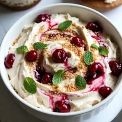 - 8 oz cream cheese, softened - 1/2 cup powdered sugar - 1 teaspoon vanilla extract - 1/2 cup sour cream - 1/2 cup whipped cream (or whipped topping) - 1 cup cherry pie filling (or fresh cherries, pitted and chopped) - Graham cracker crumbs (for garnish) - Fresh mint leaves (for garnish) When I create this dip, I always start with cream cheese. It needs to be soft for easy mixing. The powdered sugar adds sweetness, making every bite delightful. A splash of vanilla extract gives it a lovely flavor. Sour cream adds a nice tang and creaminess. Whipped cream, or whipped topping, makes the dip light and airy. I love using cherry pie filling for that burst of flavor. If you prefer fresh cherries, they work too. They need to be pitted and chopped. For garnish, I sprinkle graham cracker crumbs on top. They provide a nice crunch. Fresh mint leaves add a pop of color and freshness. - Mixing bowls - Electric mixer - Spatula - Serving bowl Gathering the right tools makes cooking easier. A mixing bowl holds all your ingredients. An electric mixer helps blend everything smoothly. A spatula is great for folding in whipped cream. Finally, a serving bowl presents your dip beautifully. {{ingredient_image_1}} - Beat softened cream cheese until smooth. - Gradually add powdered sugar and mix until combined. Start by taking your cream cheese out of the fridge. Let it sit until it’s soft. This helps it mix better. Use an electric mixer to beat the cream cheese. You want it creamy and smooth. Next, grab your powdered sugar. Slowly add it to the cream cheese. Keep mixing until you see no lumps. - Stir in vanilla extract and sour cream. - Gently fold in whipped cream. Now, it’s time to add some flavor. Pour in the vanilla extract. Then, add the sour cream. Mix it well until it’s smooth. This will make your dip rich and tasty. After that, take your whipped cream. Gently fold it into the mixture. Be careful not to stir too hard. You want to keep the fluffy texture. - Swirl in cherry pie filling. - Transfer to serving bowl, top with graham cracker crumbs and mint leaves. Spoon the cherry pie filling into your mix. Swirl it in gently. You want to see some pretty red ribbons of cherry. Once done, take a serving bowl. Transfer your dip carefully into the bowl. Smooth the top with a spatula. For the final touch, sprinkle graham cracker crumbs on top. Add some fresh mint leaves to make it look nice. - Use softened cream cheese. This helps it mix well and stay smooth. - Fold in the whipped cream gently. This keeps the dip light and fluffy. When you start with softened cream cheese, it makes a big difference. You can beat it in a bowl until it’s creamy. If it’s too cold, it won’t mix well. You want a nice, even texture. Next, gently fold in the whipped cream. This is where the dip gets its airy feel. Don’t stir too hard. You want to keep that fluffiness. - Ideal dippers: graham crackers, vanilla wafers, and fresh fruit. They all taste great with the dip. - For a fun display, use a decorative bowl. Surround it with colorful fresh fruit. This makes the dip look even more inviting. Using these tips, you can impress your friends and family. They will love the taste and look of your cherry cheesecake dip! Pro Tips Chill Before Serving: For the best flavor and texture, chill the dip in the refrigerator for at least 30 minutes before serving. This allows the flavors to meld beautifully. Use Fresh Cherries: If you prefer a fresher taste, substitute cherry pie filling with pitted and chopped fresh cherries. This adds a delightful crunch and natural sweetness. Add a Zesty Twist: Consider adding a tablespoon of lemon juice or zest to the mixture for a refreshing citrus note that complements the cherries. Garnish Creatively: Get creative with your garnishes! Top the dip with a drizzle of chocolate sauce or sprinkle with crushed nuts for added texture and visual appeal. {{image_2}} You can make this dip your own! Start by swapping out the cherry pie filling for other fruit fillings. Strawberries and blueberries work great too. These swaps give you a fresh twist on the classic. You can also add chocolate chips or nuts. They add a nice crunch and extra flavor to the dip. Try mixing in some mini chocolate chips or chopped walnuts for a fun surprise. If you need a dairy-free version, use vegan cream cheese and whipped cream. This keeps the taste creamy without dairy. For a lower sugar option, swap the powdered sugar with a sugar alternative. Many sweeteners work well in this dip. You can enjoy the same great taste while fitting your dietary needs. To keep your cherry cheesecake dip fresh, store it in an airtight container. A glass or plastic container works well. Make sure the lid fits tightly to avoid air getting in. This dip can stay fresh in the fridge for about three days. Can you freeze Cherry Cheesecake Dip? You can freeze cherry cheesecake dip, but the texture may change. Freezing can make it grainy when thawed. If you want to try it, put it in a freezer-safe container. Leave some space at the top for expansion. Best practices for thawing and serving after freezing To thaw, place the dip in the fridge overnight. This slow process helps keep it creamy. After thawing, stir the dip well to bring back its smooth texture. You can serve it cold or let it sit at room temperature for a bit. Enjoy it with your favorite dippers! Can I make this dip in advance? Yes, you can make this dip ahead of time. Prepare it and store it in the fridge. It tastes just as good after a few hours or even a day. How long does the dip last in the fridge? This dip lasts about 3 to 5 days in the fridge. Keep it in an airtight container for best results. Can I use fresh cherries instead of cherry pie filling? Absolutely! You can use fresh cherries. Just pit and chop them first. This choice gives a fresh twist to the dip. What can I serve with Cherry Cheesecake Dip? You can serve it with graham crackers, vanilla wafers, or fresh fruit. These dippers add fun and flavor to each bite. This blog post covered how to make a delicious Cherry Cheesecake Dip. We explored the needed ingredients, tools, and step-by-step instructions. You learned tips for making it fluffy and how to serve it well. We also discussed creative variations to fit your taste and dietary needs. In summary, this dip is easy to make and fun to share. Enjoy making it your own and delighting your friends and family!