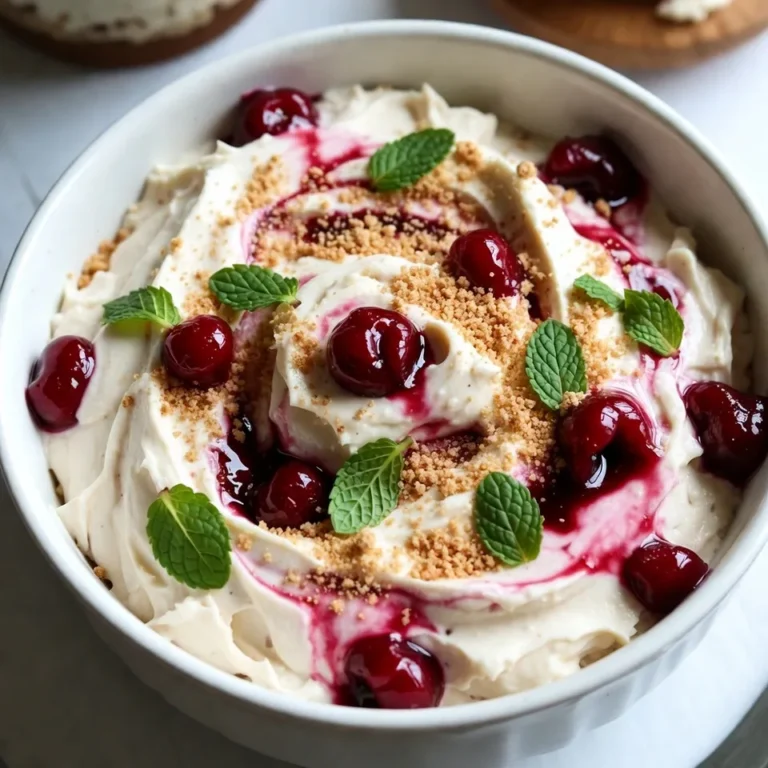 - 8 oz cream cheese, softened - 1/2 cup powdered sugar - 1 teaspoon vanilla extract - 1/2 cup sour cream - 1/2 cup whipped cream (or whipped topping) - 1 cup cherry pie filling (or fresh cherries, pitted and chopped) - Graham cracker crumbs (for garnish) - Fresh mint leaves (for garnish) When I create this dip, I always start with cream cheese. It needs to be soft for easy mixing. The powdered sugar adds sweetness, making every bite delightful. A splash of vanilla extract gives it a lovely flavor. Sour cream adds a nice tang and creaminess. Whipped cream, or whipped topping, makes the dip light and airy. I love using cherry pie filling for that burst of flavor. If you prefer fresh cherries, they work too. They need to be pitted and chopped. For garnish, I sprinkle graham cracker crumbs on top. They provide a nice crunch. Fresh mint leaves add a pop of color and freshness. - Mixing bowls - Electric mixer - Spatula - Serving bowl Gathering the right tools makes cooking easier. A mixing bowl holds all your ingredients. An electric mixer helps blend everything smoothly. A spatula is great for folding in whipped cream. Finally, a serving bowl presents your dip beautifully. {{ingredient_image_1}} - Beat softened cream cheese until smooth. - Gradually add powdered sugar and mix until combined. Start by taking your cream cheese out of the fridge. Let it sit until it’s soft. This helps it mix better. Use an electric mixer to beat the cream cheese. You want it creamy and smooth. Next, grab your powdered sugar. Slowly add it to the cream cheese. Keep mixing until you see no lumps. - Stir in vanilla extract and sour cream. - Gently fold in whipped cream. Now, it’s time to add some flavor. Pour in the vanilla extract. Then, add the sour cream. Mix it well until it’s smooth. This will make your dip rich and tasty. After that, take your whipped cream. Gently fold it into the mixture. Be careful not to stir too hard. You want to keep the fluffy texture. - Swirl in cherry pie filling. - Transfer to serving bowl, top with graham cracker crumbs and mint leaves. Spoon the cherry pie filling into your mix. Swirl it in gently. You want to see some pretty red ribbons of cherry. Once done, take a serving bowl. Transfer your dip carefully into the bowl. Smooth the top with a spatula. For the final touch, sprinkle graham cracker crumbs on top. Add some fresh mint leaves to make it look nice. - Use softened cream cheese. This helps it mix well and stay smooth. - Fold in the whipped cream gently. This keeps the dip light and fluffy. When you start with softened cream cheese, it makes a big difference. You can beat it in a bowl until it’s creamy. If it’s too cold, it won’t mix well. You want a nice, even texture. Next, gently fold in the whipped cream. This is where the dip gets its airy feel. Don’t stir too hard. You want to keep that fluffiness. - Ideal dippers: graham crackers, vanilla wafers, and fresh fruit. They all taste great with the dip. - For a fun display, use a decorative bowl. Surround it with colorful fresh fruit. This makes the dip look even more inviting. Using these tips, you can impress your friends and family. They will love the taste and look of your cherry cheesecake dip! Pro Tips Chill Before Serving: For the best flavor and texture, chill the dip in the refrigerator for at least 30 minutes before serving. This allows the flavors to meld beautifully. Use Fresh Cherries: If you prefer a fresher taste, substitute cherry pie filling with pitted and chopped fresh cherries. This adds a delightful crunch and natural sweetness. Add a Zesty Twist: Consider adding a tablespoon of lemon juice or zest to the mixture for a refreshing citrus note that complements the cherries. Garnish Creatively: Get creative with your garnishes! Top the dip with a drizzle of chocolate sauce or sprinkle with crushed nuts for added texture and visual appeal. {{image_2}} You can make this dip your own! Start by swapping out the cherry pie filling for other fruit fillings. Strawberries and blueberries work great too. These swaps give you a fresh twist on the classic. You can also add chocolate chips or nuts. They add a nice crunch and extra flavor to the dip. Try mixing in some mini chocolate chips or chopped walnuts for a fun surprise. If you need a dairy-free version, use vegan cream cheese and whipped cream. This keeps the taste creamy without dairy. For a lower sugar option, swap the powdered sugar with a sugar alternative. Many sweeteners work well in this dip. You can enjoy the same great taste while fitting your dietary needs. To keep your cherry cheesecake dip fresh, store it in an airtight container. A glass or plastic container works well. Make sure the lid fits tightly to avoid air getting in. This dip can stay fresh in the fridge for about three days. Can you freeze Cherry Cheesecake Dip? You can freeze cherry cheesecake dip, but the texture may change. Freezing can make it grainy when thawed. If you want to try it, put it in a freezer-safe container. Leave some space at the top for expansion. Best practices for thawing and serving after freezing To thaw, place the dip in the fridge overnight. This slow process helps keep it creamy. After thawing, stir the dip well to bring back its smooth texture. You can serve it cold or let it sit at room temperature for a bit. Enjoy it with your favorite dippers! Can I make this dip in advance? Yes, you can make this dip ahead of time. Prepare it and store it in the fridge. It tastes just as good after a few hours or even a day. How long does the dip last in the fridge? This dip lasts about 3 to 5 days in the fridge. Keep it in an airtight container for best results. Can I use fresh cherries instead of cherry pie filling? Absolutely! You can use fresh cherries. Just pit and chop them first. This choice gives a fresh twist to the dip. What can I serve with Cherry Cheesecake Dip? You can serve it with graham crackers, vanilla wafers, or fresh fruit. These dippers add fun and flavor to each bite. This blog post covered how to make a delicious Cherry Cheesecake Dip. We explored the needed ingredients, tools, and step-by-step instructions. You learned tips for making it fluffy and how to serve it well. We also discussed creative variations to fit your taste and dietary needs. In summary, this dip is easy to make and fun to share. Enjoy making it your own and delighting your friends and family!