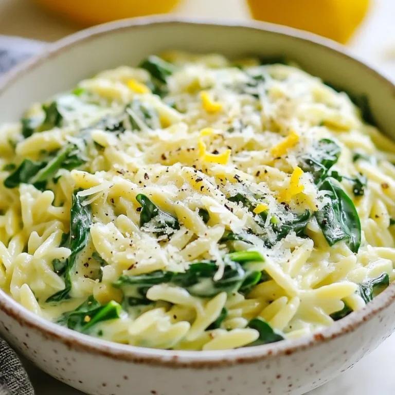 - 1 cup orzo pasta - 2 cups fresh spinach, chopped - 1/2 cup heavy cream (or coconut cream for a dairy-free option) - 1/2 cup grated Parmesan cheese (or nutritional yeast for a vegan option) - 1 medium onion, diced - 2 cloves garlic, minced - 1 teaspoon olive oil - Salt and pepper to taste - 1/2 teaspoon nutmeg (optional) - 3 cups vegetable broth - Zest of 1 lemon Gathering these ingredients is key to making your one-pot creamy spinach orzo. The orzo pasta serves as a wonderful base. It cooks quickly and absorbs flavors well. Fresh spinach adds a pop of color and nutrition. Heavy cream or coconut cream gives it that rich, creamy texture. Parmesan cheese adds a savory depth, but nutritional yeast works for a vegan twist. Next, we have the aromatics. Diced onion and minced garlic build the flavor foundation. Olive oil helps sauté these ingredients, making them fragrant and delicious. Salt, pepper, and nutmeg add warmth and balance. Finally, the vegetable broth and lemon zest brighten the dish. Each ingredient plays a role, so ensure you have them all ready. This will make cooking smooth and enjoyable. {{ingredient_image_1}} To start, gather your ingredients. Dice the onion into small pieces. Use a sharp knife for clean cuts. Next, mince the garlic cloves finely. This will add great flavor. Finally, chop the fresh spinach into bite-sized pieces. It will wilt nicely in the pot. In a large pot, heat the olive oil over medium heat. Once hot, add the diced onion. Sauté for about three to four minutes until it turns translucent. Then, stir in the minced garlic. Cook for one more minute until you smell the garlic. Now, add the orzo pasta to the pot. Toast it lightly by stirring for about two minutes. This step adds a nice flavor. Next, pour in the vegetable broth. Bring the mixture to a gentle simmer. Cook for eight to ten minutes, stirring often. The orzo should be tender, and most of the broth will absorb. Once done, reduce the heat to low. Stir in the chopped spinach, heavy cream, and grated Parmesan cheese. Add salt, pepper, and nutmeg if you like. Cook for another two to three minutes. The spinach should wilt, and everything becomes creamy. For a fresh touch, stir in the lemon zest at the end. To keep your orzo from getting mushy, watch the cooking time closely. Stir the orzo often while it cooks. This will help it cook evenly. I recommend cooking it for 8-10 minutes. If you want creaminess, use more broth or cream. Start with the recipe's amounts and adjust to your taste. To boost the flavor, add spices like garlic powder or herbs like basil. A pinch of red pepper flakes can add a nice kick. For garnishes, consider using extra Parmesan or a squeeze of lemon juice. This adds brightness to the dish. Fresh herbs like parsley can also enhance the look and taste. For this one-pot meal, use a large pot or a deep skillet. A heavy-bottomed pot helps cook the orzo evenly. To save time, use a garlic press for minced garlic. A good cutting board will make chopping easy. These tools simplify your prep and cooking process. Pro Tips Use Fresh Spinach: Fresh spinach adds a vibrant color and flavor to the dish. If using frozen spinach, make sure to thaw and drain it well before adding. Adjust Creaminess: For a lighter dish, use half-and-half or reduce the amount of heavy cream. If you prefer it creamier, feel free to add more cream! Experiment with Cheese: Swap out Parmesan for other cheeses like feta or goat cheese for a unique twist on flavor. Perfectly Cooked Orzo: Stir frequently while cooking the orzo to prevent it from sticking to the bottom of the pot and ensure even cooking. {{image_2}} You can easily adapt this recipe for a vegan diet. Instead of heavy cream, use coconut cream. It gives a rich taste and keeps it creamy. For cheese, swap grated Parmesan with nutritional yeast. This adds a cheesy flavor without using dairy. You can also add plant-based protein, like tofu or tempeh, to make the dish heartier. Just sauté them before adding the orzo for great flavor. If you want to add protein, chicken or shrimp are great options. Cook them separately and mix them in at the end. For a vegetarian choice, try adding beans. Chickpeas or black beans work well. They not only add protein but also make the dish more filling and tasty. Be sure to rinse canned beans to reduce sodium. You can change the veggies based on what’s in season. In spring, add peas or asparagus. In summer, try zucchini or bell peppers. These swaps will keep your dish fresh and exciting. Adjust the lemon zest too. If it's summer, use more for a bright taste. In winter, a little less zest works well to balance the flavors. Store your leftover creamy spinach orzo in an airtight container. This keeps it fresh and tasty. You can also use a glass bowl with a lid. The orzo will last in the fridge for about 3 to 4 days. Make sure it cools down before you put it away. This helps avoid extra moisture in the container. You can freeze creamy spinach orzo if you want to save some for later. First, let it cool completely. Then, scoop it into freezer-safe bags or containers. Remove as much air as you can to prevent freezer burn. It will stay good in the freezer for about 2 to 3 months. When you're ready to eat, take it out and thaw it in the fridge overnight. To heat it, add a splash of broth or water. This helps bring back the creaminess. If you have busy weeknights, make this dish ahead of time. You can cook a big batch and store it in portions. Use small containers for easy lunches or dinners. This way, you have a quick meal ready to go. Just heat it up when you're hungry. You can also add some extra toppings like fresh spinach or cheese when you reheat it for added flavor. Yes, you can use whole grain orzo. It adds a rich flavor and more fiber. However, the cooking time may change. Whole grain orzo takes about 10-12 minutes to cook. Just check for doneness before adding the spinach and cream. Creamy spinach orzo pairs well with many dishes. Here are some great options: - Grilled chicken for added protein - Roasted vegetables for a colorful plate - A mixed green salad with a light vinaigrette - Garlic bread for a comforting touch These sides balance the creamy orzo flavors nicely. To make creamy spinach orzo gluten-free, choose gluten-free orzo. Many brands offer rice or corn-based options. Cook the gluten-free pasta as directed on the package. This usually requires a similar cooking time, but always check for the best results. You can enjoy this dish without gluten while keeping all the creamy goodness! In this blog post, we explored a delicious creamy spinach orzo recipe. We covered key ingredients, cooking steps, and storage tips. Remember, using fresh ingredients makes all the difference. Don’t hesitate to try variations and adjust flavors to suit your taste. Cooking can be fun and rewarding! Enjoy your creamy orzo dish, and share it with friends or family. This meal is perfect for busy weeknights or special occasions. Keep experimenting, and make it your own!