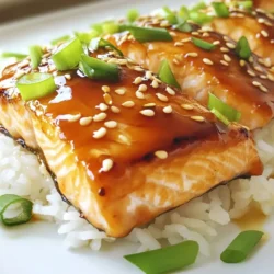 - 4 salmon fillets (6 oz each) - 1/4 cup honey - 3 tablespoons soy sauce (or tamari for gluten-free) - 4 cloves garlic, minced - 1 tablespoon fresh ginger, grated - 1 tablespoon olive oil - Salt and pepper to taste - 1 tablespoon sesame seeds (for garnish) - 2 green onions, sliced (for garnish) To make honey garlic glazed salmon, gather these ingredients first. Fresh salmon fillets are key for great taste. Honey adds sweetness, while soy sauce gives depth. Garlic and ginger bring warmth and zest. Olive oil helps with cooking and flavor. Don't forget salt and pepper to enhance the dish. For a beautiful finish, sesame seeds and green onions make perfect garnishes. With these items ready, you can create a meal that impresses. This dish balances sweet and savory, making it a favorite. Each bite feels special, and the glaze shines on the salmon. Enjoy the process of cooking and sharing this dish! {{ingredient_image_1}} First, grab a medium bowl. In it, whisk together the honey, soy sauce, minced garlic, and grated ginger. This mix creates a sweet and savory marinade. The honey adds a nice touch of sweetness. The soy sauce gives it depth. Garlic and ginger add a warm spice. Let the marinade sit for a moment. This time lets the flavors blend. You want rich taste in every bite. Now, take your salmon fillets. Place them in a resealable plastic bag or shallow dish. Pour the marinade over them, ensuring they are well-coated. Seal the bag or cover the dish. Refrigerate for at least 30 minutes. For even more flavor, marinate up to 2 hours. This step is key for juicy, tasty salmon. You can cook the salmon in two ways: oven baking or using a grill pan. Oven Baking Instructions: 1. Preheat your oven to 400°F (200°C). 2. Line a baking sheet with parchment paper. 3. Remove the salmon from the marinade, but save the extra marinade for later. 4. Place the fillets skin-side down on the sheet. Brush them lightly with olive oil. Season with salt and pepper. 5. Bake for 12-15 minutes. Cook until the salmon flakes easily with a fork. Grill Pan Instructions: 1. Heat your grill pan over medium-high heat. 2. Remove the salmon from the marinade. 3. Place the fillets on the grill pan. 4. Grill for 6-8 minutes on each side until cooked through. To check for doneness, use a fork to flake the salmon. It should break apart easily. While the salmon cooks, pour the reserved marinade into a small saucepan. Bring it to a simmer over medium heat for about 3-5 minutes. Stir occasionally until it thickens slightly. Once done, drizzle the thickened glaze over the salmon. Enjoy the burst of flavors! To make the glaze thick, simmer the reserved marinade. Heat it in a small saucepan over medium heat. Stir it often to keep it from burning. Cook it for about 3-5 minutes. You want a nice, syrupy texture. This glaze will coat the salmon perfectly. Avoid overcooking the salmon to keep it moist. Bake it for 12-15 minutes or grill it for 6-8 minutes on each side. Use a fork to check if it flakes easily. If it does, you’re good to go! Pair your honey garlic glazed salmon with steamed rice or quinoa. These sides soak up the glaze well. Add sautéed veggies for color and crunch. Broccoli or snap peas work great. For a beautiful plate, place the salmon on a bed of rice. Drizzle the thick glaze over the top. Sprinkle sesame seeds and sliced green onions for a pop of color. Fresh herbs like cilantro or parsley add a nice touch too. Pro Tips Marinate Longer for Deeper Flavor: For a more intense flavor, marinate the salmon for up to 2 hours. This allows the honey, garlic, and ginger to penetrate the fish more deeply. Choose Fresh Ingredients: Using fresh garlic and ginger will enhance the overall taste of the glaze. Fresh ingredients offer a brighter, more vibrant flavor compared to dried or jarred alternatives. Check for Doneness: Salmon is perfectly cooked when it flakes easily with a fork and has an internal temperature of 145°F (63°C). Keep an eye on it to avoid overcooking. Customize the Glaze: Feel free to experiment with the glaze by adding ingredients like chili flakes for heat or citrus zest for brightness to elevate the flavor profile. {{image_2}} You can swap the salmon for chicken or tofu. Chicken thighs work well since they stay juicy. Use the same marinade and cooking time. If you choose tofu, press it first to remove extra moisture. Use firm tofu to hold its shape. You will enjoy a tasty dish that fits your diet. To make your honey garlic glazed salmon even better, try adding spices. A pinch of red pepper flakes gives a nice kick. You can also add a splash of lime juice for a tangy twist. Using different types of honey can change the flavor too. Orange blossom honey adds a light floral note, while wildflower honey has a more robust taste. Each type of honey can give your dish a unique spin. Experiment with your choices and find what you love best! After enjoying your honey garlic glazed salmon, store any leftovers properly. First, let the salmon cool to room temperature. Then, wrap each fillet in plastic wrap or place it in an airtight container. This keeps the fish fresh and moist. Store the salmon in the fridge for up to three days. If you want to keep it longer, you can freeze it. Just make sure to wrap it well to prevent freezer burn. Frozen salmon can last for up to three months. When it's time to enjoy those leftovers, reheating is key. You want to keep the salmon juicy and tender. The best way to reheat is in the oven. Preheat your oven to 275°F (135°C). Place the salmon on a baking sheet and cover it with foil. Heat for about 15 minutes. This slow method helps the fish warm evenly without drying out. If you're short on time, you can use the microwave. Just heat it in short bursts of 30 seconds. Check if it’s warm enough after each burst. Enjoy your delicious honey garlic glazed salmon again! You should marinate the salmon for at least 30 minutes. This time allows the flavors to soak into the fish. If you want a stronger taste, you can marinate it for up to 2 hours. Just don’t go over that time, or the fish may get too salty. Yes, you can use fresh ginger! Fresh ginger gives a brighter and spicier taste. It adds a nice crunch when grated. Use about one tablespoon of fresh ginger for every teaspoon of ground ginger. If you want to switch, just grate it finely for the best results. You can pair this salmon with many sides. Here are some great ideas: - Steamed rice or quinoa for a filling base - Sautéed vegetables like broccoli or green beans for color - A fresh salad with citrus dressing for a light touch - Mashed potatoes or sweet potatoes for a creamy side These sides complement the sweet and salty glaze of the salmon, making each bite enjoyable! This blog post shared a simple recipe for honey garlic glazed salmon. You learned about the key ingredients, the easy steps to prepare it, and tips for cooking. We also covered variations and storage tips to keep leftovers tasty. In conclusion, making this dish is fun and rewarding. It is versatile, so you can experiment with different proteins and flavors. Enjoy creating your own delicious meals, and remember: great food brings joy to every table!