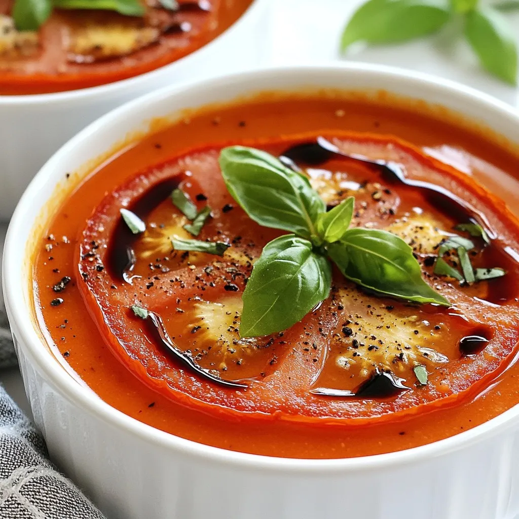 To make a delicious roasted garlic tomato soup, gather these simple ingredients: - 10 ripe tomatoes, quartered - 1 whole head of garlic - 1 medium onion, chopped - 2 tablespoons olive oil - 1 teaspoon dried basil - 1 teaspoon dried oregano - 4 cups vegetable broth - Salt and pepper to taste - 1 tablespoon balsamic vinegar - Fresh basil leaves for garnish - ½ cup heavy cream (optional for creaminess) These ingredients work together to create a rich and hearty flavor. The ripe tomatoes bring sweetness, while the roasted garlic adds depth. The herbs provide freshness, and the cream can make the soup extra smooth. You can easily adjust the flavors based on your taste. Enjoy experimenting with this recipe! {{ingredient_image_1}} 1. Preheat your oven to 400°F (200°C). This helps the tomatoes roast well. 2. Arrange the quartered tomatoes on a baking sheet. Cut the top off the garlic head and place it with the tomatoes. 3. Drizzle 1 tablespoon of olive oil over the tomatoes and garlic. Season with salt, pepper, dried basil, and oregano. 1. Heat 1 tablespoon of olive oil in a large pot over medium heat. This will bring out the onion's flavor. 2. Add the chopped onion and sauté until it turns translucent, about 5 minutes. Stir often to avoid burning. 1. Once the tomatoes and garlic are roasted, squeeze the garlic cloves out of their skins into the pot. 2. Add the roasted tomatoes and all their juices from the baking sheet to the pot. 3. Pour in 4 cups of vegetable broth and bring everything to a simmer. Cook for about 10 minutes. 4. Use an immersion blender to puree the soup until it is smooth. Blend less if you like it chunky. 5. Stir in 1 tablespoon of balsamic vinegar. If you want a creamier soup, add ½ cup of heavy cream and heat through. 6. Taste the soup and adjust the seasoning if needed. When picking tomatoes, look for ripe ones. Ripe tomatoes feel slightly soft but firm. Their skin should be smooth with no bruises. Varieties like Roma or heirloom are great options. Seasonal tomatoes taste better than off-season ones. In the summer, they are fresh and juicy. In winter, they may taste bland. Always aim for peak ripeness for the best flavor. Seasoning your soup is key. Start with salt and pepper to enhance the taste. Fresh herbs like basil bring a bright flavor. Dried herbs like oregano work well too. Adding a splash of balsamic vinegar lifts the taste. Each ingredient plays a role in the soup's overall flavor. Don't shy away from experimenting with spices. A pinch of red pepper flakes can add a nice kick. Do you like your soup smooth or chunky? If you prefer a creamy texture, use an immersion blender. It blends the soup right in the pot. For a chunkier soup, blend less. You can also use a traditional blender, but let it cool first. This prevents splattering. Each texture brings a different experience to your meal. Choose what you enjoy most! Pro Tips Use Fresh Tomatoes: For the best flavor, opt for in-season, ripe tomatoes. They will enhance the soup's sweetness and overall taste. Roast Garlic Safely: Keep an eye on the garlic while roasting. If it starts to brown too quickly, cover it loosely with aluminum foil to prevent burning. Adjust Consistency: If the soup is too thick after blending, simply add more vegetable broth until you reach your desired consistency. Enhance Flavor with Fresh Herbs: For a burst of freshness, add a handful of fresh basil or parsley right before serving to elevate the flavor profile. {{image_2}} You can add protein to your roasted garlic tomato soup for extra nutrition. White beans or chickpeas work great. They blend well and boost fiber. If you prefer meat, shredded chicken adds a nice touch. Both options make the soup heartier. For a vegetarian version, stick with beans. They keep the soup filling and tasty. If you love a creamy soup, consider different cream options. Heavy cream makes it rich and smooth. You can also use whole milk for a lighter choice. For those who want a vegan option, try coconut milk or cashew cream. Both give a nice creaminess without dairy. Just mix it in at the end for the best flavor. Spice things up with extra flavors! Smoked paprika adds a warm, smoky taste. If you like heat, sprinkle in chili flakes. They bring a nice kick to the soup. For garnishing, freshly grated parmesan cheese elevates the dish. Croutons add a lovely crunch. These small additions make your soup shine and delight everyone at the table. To store your leftover roasted garlic tomato soup, first let it cool down. Then, pour the soup into an airtight container. This helps keep it fresh. You can refrigerate it for up to five days. If you want to freeze the soup, wait until it is completely cool. Pour it into freezer-safe bags or containers. Leave some space at the top for expansion. The soup can last for about three months in the freezer. When you are ready to eat it, take it out of the freezer and move it to the fridge overnight to thaw. For quick reheating, you can use a microwave or a pot on the stove. Just heat until it is hot all the way through. Enjoy your soup anytime! Yes, you can make this soup in a slow cooker. Start by roasting the tomatoes and garlic in the oven. This step adds great flavor. After roasting, place the tomatoes, garlic, onions, and broth in your slow cooker. Set it on low for 6-8 hours or high for 3-4 hours. Blend the soup when it is done cooking. This method is easy and hands-off, perfect for busy days. To reheat your soup, use a pot on the stove. Pour the soup into the pot and heat it over medium heat. Stir it often to avoid sticking. You can also use a microwave. Place the soup in a microwave-safe bowl and cover it. Heat for 1-2 minutes, stirring halfway. Make sure it’s hot all the way through before serving. Yes, you can make this soup without vegetable broth. Here are some options: - Alternative liquid options: Use chicken broth or beef broth for a different flavor. You can also use tomato juice for a richer taste. - Using water vs. broth: If you don’t have broth, water works too. However, using water may make the soup less flavorful. To improve the taste, add extra herbs and spices when cooking. This blog post covers making a tasty roasted garlic tomato soup. You learned about key ingredients like ripe tomatoes and garlic. The step-by-step instructions guide you through roasting, sautéing, and blending. I also shared tips on choosing tomatoes and perfecting flavor. With variations for adding protein and creaminess, there's room for creativity. Storing leftovers is simple too, either in the fridge or freezer. This soup is delightful and easy to customize. Enjoy your cooking journey and savor the results!