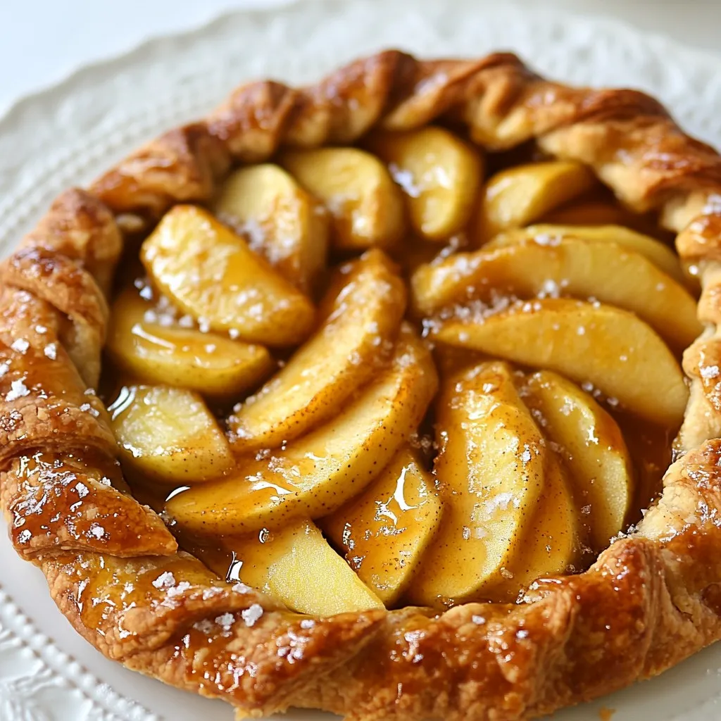 To make a perfect salted caramel apple galette, gather these items: - 1 pre-made pie crust (or homemade if preferred) - 3 medium-sized apples (Granny Smith and Honeycrisp recommended) - 1/4 cup brown sugar - 1 tablespoon lemon juice - 1 teaspoon cinnamon - 1/4 teaspoon nutmeg - 1 tablespoon all-purpose flour - 1/2 cup salted caramel sauce (store-bought or homemade) - 1 egg (for egg wash) - Coarse sea salt (for garnish) - Optional: whipped cream for serving For an even richer taste, you can add: - A pinch of ginger for warmth - Chopped nuts like walnuts or pecans for crunch - A splash of vanilla extract for sweetness These extras can elevate your galette and add unique flavors. Choosing the right apples is key. You want a mix of sweet and tart. Granny Smith apples give a nice tartness. Honeycrisp apples add sweetness and crunch. - Look for firm apples with no bruises. - Fresh apples should smell fruity and sweet. - If you can, buy local apples for the best taste. Using the right apples makes your galette shine. {{ingredient_image_1}} Start by preheating your oven to 375°F (190°C). This step warms the oven for even baking. Next, roll out your pre-made pie crust on a lightly floured surface. Aim for a diameter of about 12 inches. After that, transfer the crust to a baking sheet lined with parchment paper. This keeps the galette from sticking and makes cleanup easy. Now, it’s time to prepare the apple filling. Take your three medium-sized apples, and peel, core, and slice them thinly. I recommend using Granny Smith and Honeycrisp apples for the best flavor. In a large bowl, combine the sliced apples with 1/4 cup brown sugar, 1 tablespoon lemon juice, 1 teaspoon cinnamon, 1/4 teaspoon nutmeg, and 1 tablespoon all-purpose flour. Toss the mixture well until the apples are fully coated. The sugar and spices will enhance the apples’ natural sweetness. Next, arrange the apple mixture in the center of the pie crust. Leave about 2 inches of space around the edges. Drizzle half of the salted caramel sauce over the apples. Then, fold the edges of the pie crust over the apples. This creates a rustic galette shape. Pinch the folds to secure them. To give the crust a nice golden finish, beat one egg and brush it over the crust. Now, bake the galette in the preheated oven for 35 to 40 minutes. You want the crust to be golden brown and the apples tender. Once it’s done baking, remove it from the oven and let it cool slightly. Drizzle the remaining salted caramel sauce over the galette and sprinkle with coarse sea salt. Slice it into wedges and serve warm. Enjoy this sweet and salty treat! To make a great crust, start with cold ingredients. Use cold butter and chilled water. When you mix the dough, do not overwork it. This keeps the crust flaky. Roll it out evenly on a floured surface. Aim for about 12 inches in diameter. Make sure to transfer it gently to your baking sheet. A well-formed crust will hold all those tasty apple slices. For even apple slices, use a sharp knife or a mandoline. Aim for slices that are about 1/4 inch thick. This helps them cook evenly and look nice in the galette. Mix the sliced apples right away with lemon juice. This keeps them from browning. Keep your apples organized in a bowl, so you can layer them easily later. When drizzling caramel, make sure it's warm. Cold caramel can harden quickly. Use a spoon or a squeeze bottle for control. Drizzle half the sauce over the apples before folding the crust. After baking, add the rest of the sauce on top. Finish with a sprinkle of coarse sea salt. This will enhance the sweet and salty contrast in every bite. Pro Tips Choose the Right Apples: For the best flavor and texture, use a combination of tart and sweet apples like Granny Smith and Honeycrisp. Prevent Sogginess: To avoid a soggy crust, sprinkle a thin layer of flour or breadcrumbs on the pie crust before adding the apple filling. Perfect Caramel Drizzle: Warm the salted caramel sauce slightly before drizzling it over the galette for an elegant touch and better flow. Serving Suggestions: Pair your galette with a scoop of vanilla ice cream or a dollop of whipped cream for a delightful contrast in temperature and texture. {{image_2}} You can swap apples for many fruits. Pears work great and add a soft texture. Berries like blueberries or raspberries bring a tart flavor. Peaches add sweetness and a juicy bite. Just make sure to adjust the sugar based on the fruit's sweetness. Each fruit creates a unique taste and keeps the galette fresh. If you want less sweetness, cut back on the brown sugar. You can also add more lemon juice for a bright kick. Try using maple syrup instead of caramel for a different flavor. Adding spices like ginger or cardamom can give it a new twist. Taste as you go to find your favorite balance. Making a gluten-free crust is easy. Use almond flour or a gluten-free flour blend. You can also find pre-made gluten-free crusts in stores. Just check the label to ensure they are safe for your diet. This way, everyone can enjoy this delicious galette. To store leftover galette, let it cool completely. Place the slices in an airtight container. You can keep it in the fridge for up to three days. If you want to keep it fresh longer, cover it tightly with plastic wrap. To reheat your galette, preheat the oven to 350°F (175°C). Place the slices on a baking sheet. Heat for about 10 to 15 minutes. This method keeps the crust crispy and warm. You can also use the microwave, but the crust may not stay as crisp. You can freeze the galette for later. Wrap the entire galette or slices in plastic wrap. Then, place it in a freezer bag or container. It can last up to three months in the freezer. To enjoy, let it thaw in the fridge overnight. Then, reheat it in the oven for the best taste. Yes, you can make the galette ahead of time. Prepare the filling and the crust separately. Store the apple filling in the fridge. Wrap the crust in plastic wrap and keep it chilled. When you're ready, assemble and bake it. You can enjoy fresh galette with ease. Salted caramel can last up to two weeks. Store it in an airtight jar in the fridge. Always reheat it gently before using. This keeps it smooth and pourable. Make sure to check for any signs of spoilage before using it. You can serve your galette with whipped cream. Vanilla ice cream also pairs well. A scoop of cinnamon ice cream adds a nice touch. You might consider adding a sprinkle of nuts for crunch. Each option enhances the flavors of the galette. In this post, we explored how to make a tasty Salted Caramel Apple Galette. We covered key ingredients, step-by-step instructions, and useful tips. You learned how to make the perfect crust and pick the best apples. We also shared fun variations and storage tips for leftovers. Remember, cooking is about trying new things and enjoying the process. Don't be afraid to experiment with flavors. Your homemade galette will impress family and friends. Enjoy every delicious bite!